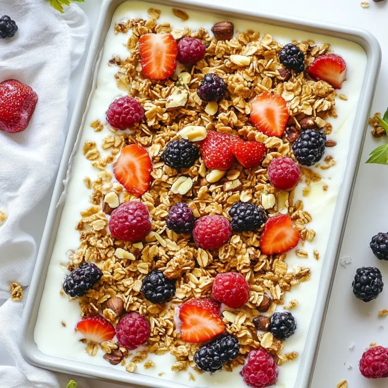 - 2 cups Greek yogurt - 1/4 cup pure maple syrup - 1 teaspoon vanilla extract - 1 cup granola (store-bought or homemade) - 1/2 cup mixed berries (including strawberries, blueberries, and raspberries) - 1/4 cup chopped nuts (such as almonds, walnuts, or pecans) - A pinch of fine sea salt The star of this treat is Greek yogurt. It gives a creamy base and packs in protein. Pure maple syrup adds sweetness and rich flavor. You can enhance the taste with a teaspoon of vanilla extract. Granola adds crunch, and mixed berries bring a burst of color and freshness. Nuts also add texture and healthy fats. A pinch of sea salt balances the sweetness. - For alternative sweeteners, you can use honey or agave syrup. - If you prefer non-dairy, try coconut or almond yogurt. - For gluten-free needs, look for gluten-free granola options. These substitutions make your yogurt bark fit different diets. You can still enjoy great flavor while meeting your needs. - Each serving has about 150 calories. - It includes 10 grams of protein and 8 grams of fat. - Greek yogurt is rich in probiotics, which help gut health. The combination of ingredients makes this treat not only tasty but also nutritious. You get protein, healthy fats, and vitamins from the berries and nuts. Enjoy this treat knowing that it's good for you! {{ingredient_image_2}} - First, line a baking sheet with parchment paper. This helps the bark come off easily. - Next, mix 2 cups of Greek yogurt, 1/4 cup of pure maple syrup, and 1 teaspoon of vanilla extract in a bowl. Stir until it’s smooth and creamy. - Now, pour the yogurt mixture onto the lined baking sheet. Spread it out evenly to about 1/2 inch thick. - Sprinkle 1 cup of granola over the yogurt. Then add 1/2 cup of mixed berries and 1/4 cup of chopped nuts. Make sure to spread them out nicely for a colorful look. - Place the baking sheet in the freezer and let it freeze for at least 4 hours. This ensures the bark is solid. - To check if it’s firm, lightly press on the surface. If it feels hard, it’s ready. For the best texture, spread the yogurt mixture evenly. Aim for about 1/2 inch thickness. This thickness helps it freeze well without becoming too hard. After spreading, press down on the toppings gently. This step helps them stick to the yogurt. It prevents them from falling off when you serve the bark later. To make it look great, serve the yogurt bark on a wooden board. You can also use a bright plate. Drizzle some extra maple syrup on top for flair. Adding a few whole berries on the side makes it pop. For drinks, pair it with a refreshing herbal tea or sparkling water. Both complement the sweet and creamy flavors well. Store any leftovers in an airtight container. This keeps them fresh and tasty. You can also wrap individual pieces in plastic wrap for easy snacks. If you thaw the bark, serve it cold. This keeps the flavors bright and the texture nice. Pro Tips Choose the Right Yogurt: Opt for full-fat Greek yogurt for a creamier texture and richer flavor, but if you're looking for a lighter option, low-fat yogurt works too. Customize Your Toppings: Feel free to experiment with different fruits, seeds, or even chocolate chips to suit your taste! Seasonal fruits can elevate the bark's flavor. Storage Tips: Store any leftover yogurt bark in an airtight container in the freezer for up to a month. This allows you to enjoy a quick, healthy treat anytime. Layer the Flavors: Consider adding a sprinkle of cinnamon or nutmeg to the yogurt mixture for an extra layer of flavor that complements the maple syrup beautifully. {{image_4}} You can easily change the flavor of your Maple Granola Yogurt Bark. One fun way is to add chocolate or cocoa powder. Just mix in a few tablespoons of cocoa to the yogurt blend. This adds a rich taste that pairs well with maple. Another option is to use citrus zest. Grate some lemon or orange peel into the yogurt mix. This gives your bark a bright, fresh flavor. The zest adds a nice twist that can really wake up your taste buds. The toppings can also be varied to keep things interesting. You can use different seasonal fruits. In summer, try peaches or cherries. In fall, think about apples or pears. Each fruit adds its own unique flavor and texture. You can also mix in various nuts and seeds. Almonds, walnuts, or pecans work great. Chia seeds or sunflower seeds can add a nice crunch. This way, your yogurt bark can be both tasty and healthy. If you want a vegan version, swap the Greek yogurt for a non-dairy yogurt. Almond, coconut, or soy yogurt are great choices. Use maple syrup as your sweetener to keep it plant-based. For low-carb options, try using a low-carb granola. You can also reduce the amount of maple syrup or replace it with a low-carb sweetener. This way, you can enjoy a tasty treat without all the carbs. To store your Maple Granola Yogurt Bark, start by cutting it into pieces. Place each piece in an airtight container or wrap it in plastic wrap. This keeps it fresh and prevents freezer burn. If you don’t have a container, use a zip-top bag. Squeeze out as much air as you can before sealing. For longer storage, wrap the container with aluminum foil. This adds an extra layer of protection. Your yogurt bark stays good for about two months in the freezer. To maintain freshness, avoid repeated thawing and refreezing. Each time you take it out, it loses some flavor and texture. If you store it properly, it will taste just as good as when you first made it. The best way to thaw your yogurt bark is to put it in the fridge overnight. This keeps it cool and helps preserve its texture. You can also leave it at room temperature for about 30 minutes before serving. If you thaw it too quickly in the microwave, it may become soft and lose its crunch. Enjoy your bark cold for the best taste! Yes, you can make Maple Granola Yogurt Bark a day ahead. This treat freezes well. Just store it in the freezer. It will stay fresh and ready to enjoy. To cut the yogurt bark neatly, let it sit at room temp for a few minutes. This softens the edges. Use a sharp knife or pizza cutter for clean cuts. You can also break it into pieces with your hands for a rustic look. Absolutely! Flavored yogurt works well too. You can try vanilla or berry flavors. Just make sure the flavors match your toppings. This adds a fun twist to your yogurt bark. The yogurt bark is fully frozen when it feels solid to the touch. After about four hours in the freezer, check it. If it is firm and holds its shape, it’s ready to enjoy! You can enjoy yogurt bark in many creative ways! Try adding different fruits or nuts. You can also drizzle chocolate or nut butter on top. Serve it with a side of fruit for a tasty snack. This blog post covered how to make tasty Maple Granola Yogurt Bark step-by-step. You learned about the key ingredients, smart substitutions, and their nutritional benefits. I shared tips for perfect texture and serving ideas. Plus, you discovered variations to suit any taste. With this guide, you can enjoy a fun, healthy treat anytime. Get creative with flavors and toppings to make it your own!