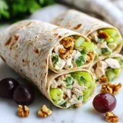 To make Greek yogurt chicken salad wraps, you need simple, fresh ingredients. Here&rsquo;s what you will need: - 2 cups cooked chicken breast, shredded - 1 cup plain Greek yogurt - 1/4 cup Dijon mustard - 1/2 cup celery, finely chopped - 1/2 cup red grapes, halved - 1/4 cup walnuts, chopped - 1 tablespoon honey - 1 tablespoon lemon juice - 1 teaspoon garlic powder - Salt and black pepper to taste - 4 large whole wheat tortillas - 1 cup mixed greens or fresh spinach When selecting chicken, choose skinless, boneless breasts for a lean option. Cook the chicken in advance or use leftovers for a quick meal. For yogurt, opt for full-fat or low-fat plain Greek yogurt. This adds creaminess without extra sugar. You can make these wraps your own with some fun extras. Here are some ideas: - Add sliced avocado for creaminess. - Toss in diced apples for a sweet crunch. - Use different nuts like pecans or almonds for unique flavors. For seasoning, try adding curry powder for a twist, or fresh herbs like dill or parsley for a fresh taste. You can always adjust the mustard and honey for a sweeter or tangier flavor. {{ingredient_image_2}} To start, gather your ingredients. In a large bowl, add the shredded chicken, Greek yogurt, and Dijon mustard. Use a spatula to mix them well. This will coat the chicken and create a creamy mix. Aim for a smooth texture, so everything blends nicely. Next, it&rsquo;s time to add some crunch and sweetness. Chop the celery finely and halve the red grapes. Toss these into the bowl along with the chopped walnuts. Pour in the honey and lemon juice to add flavor. Finally, sprinkle in the garlic powder, salt, and black pepper. Gently stir everything together until it's well mixed. This balance of flavors makes each bite delicious. Now, let&rsquo;s assemble the wraps. Lay the large tortillas on a clean surface. In the center of each tortilla, place a handful of mixed greens or fresh spinach. This adds freshness. Spoon a generous amount of chicken salad over the greens. Be careful not to overstuff; about a third of the tortilla is just right. Next, fold in the sides of the tortilla over the filling. Start rolling from the bottom up, keeping the filling secure inside. Make sure to roll tightly but not too tight, so the wrap holds together well. After rolling, slice each wrap diagonally for easy handling. Enjoy your fresh Greek yogurt chicken salad wraps! To get the best texture in your chicken salad, use freshly cooked chicken. Shred it into small pieces for a nice bite. The Greek yogurt adds creaminess, so mix it well with Dijon mustard. Aim for a smooth blend. When adding celery, chop it finely. This gives a nice crunch. The grapes should be halved for sweetness that bursts in your mouth. Walnuts add a pleasant crunch. For flavor, don&rsquo;t forget the lemon juice and garlic powder. To store leftover chicken salad, place it in an airtight container. Use it within three days for the best taste. Keep it in the fridge to stay fresh. For a fun presentation, slice the wraps diagonally. This makes them easier to handle. Arrange them on a bright platter for eye-catching appeal. You can garnish with extra grapes or walnuts for a pop of color. Pair these wraps with dips or sauces for extra flavor. Hummus or a tangy yogurt dip works well. You can also serve a side of fresh fruit to balance the meal. This adds a sweet touch to your lunch or dinner. Pro Tips Use Fresh Ingredients: For the best flavor and texture, opt for fresh celery, grapes, and mixed greens. Fresh produce enhances the overall taste of your chicken salad wraps. Customize Your Wraps: Feel free to add other ingredients like diced apples, sliced almonds, or herbs such as dill or parsley to personalize your chicken salad wraps. Storage Tips: If you have leftovers, store the chicken salad mixture separately from the tortillas to prevent them from becoming soggy. Assemble the wraps just before serving. Serving Suggestions: Pair your wraps with a light side salad or vegetable sticks for a refreshing and balanced meal. A zesty dressing on the side can also enhance the flavor. {{image_4}} You can make Greek yogurt chicken salad wraps using different proteins. Turkey is a great choice. It has a mild taste and packs in lean protein. Tofu is a smart option for a plant-based meal. It absorbs flavors well and is rich in protein. Chickpeas are another fun choice. They add fiber and a nutty taste. Each alternative brings its own benefits, so feel free to mix it up! Swapping out veggies and fruits can change the whole vibe of your wrap. Try adding bell peppers for crunch or carrots for a sweet touch. You can also mix in apples for a fresh, crisp bite. Seasonal fruits and veggies keep your meal vibrant and full of flavor. In summer, use fresh cucumbers or tomatoes. In fall, add roasted squash or pears to keep it interesting. Switching up your tortilla can add new flavors and textures. Lettuce wraps are a fun and low-carb option. They keep things light and refreshing. If you need gluten-free, look for rice or corn tortillas. Nutritionally, lettuce wraps are lower in calories, while whole wheat tortillas offer more fiber. Each choice has its perks, so pick what fits your meal best! To keep your wraps fresh, wrap them tightly in plastic wrap or foil. This helps keep air out. Store them in the fridge for up to three days. To prevent sogginess, keep the chicken salad separate from the tortillas. Only fill the wraps when you are ready to eat. This keeps the tortilla crisp and tasty. You can freeze the chicken salad wraps for later. Wrap each one in plastic wrap and place them in a freezer bag. Make sure to squeeze out as much air as you can. They will stay good for up to three months. When it&rsquo;s time to eat, take a wrap out and let it thaw overnight in the fridge. You can also thaw it in the microwave for a quick option. If you choose the microwave, use low power to avoid heating the filling too fast. Enjoy your meal cold or warm it up for a cozy bite! Greek yogurt chicken salad wraps can last up to three days in the fridge. To keep them fresh, store them in an airtight container. Always check for any signs of spoilage before eating. If you notice any odd smells or changes in texture, it&rsquo;s best to toss them out. Yes, you can make Greek yogurt chicken salad wraps ahead of time. Prepare the chicken salad mixture and store it in the fridge. When you're ready to serve, just assemble the wraps with fresh tortillas and greens. This method keeps the tortillas from getting soggy and maintains the wrap's texture. If you need a substitute for Greek yogurt, you have a few options. You can use sour cream for a similar taste. For a dairy-free option, try using mashed avocado or a plant-based yogurt. Both alternatives can help you keep the creamy texture while changing the flavor profile a bit. This article covered how to make Greek yogurt chicken salad wraps. We looked at the key ingredients, like chicken and yogurt, and explored optional toppings. I provided step-by-step instructions for preparing the salad and rolling the wraps. You learned tips for perfecting textures and creative serving ideas. Remember, you can customize your wraps with different proteins and vegetables. Enjoy experimenting to find your perfect combination. Your wraps can be tasty, healthy, and easy to make!