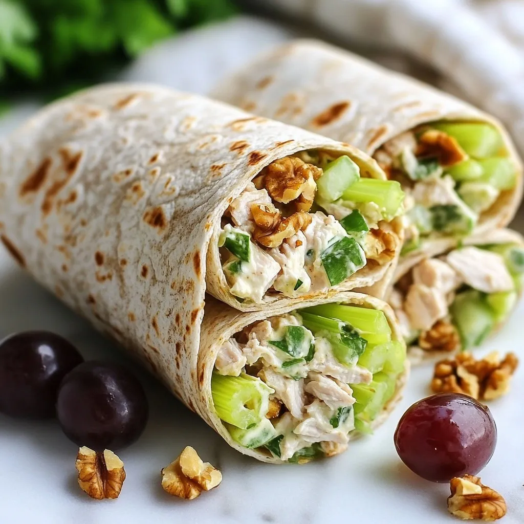 To make Greek yogurt chicken salad wraps, you need simple, fresh ingredients. Here’s what you will need: - 2 cups cooked chicken breast, shredded - 1 cup plain Greek yogurt - 1/4 cup Dijon mustard - 1/2 cup celery, finely chopped - 1/2 cup red grapes, halved - 1/4 cup walnuts, chopped - 1 tablespoon honey - 1 tablespoon lemon juice - 1 teaspoon garlic powder - Salt and black pepper to taste - 4 large whole wheat tortillas - 1 cup mixed greens or fresh spinach When selecting chicken, choose skinless, boneless breasts for a lean option. Cook the chicken in advance or use leftovers for a quick meal. For yogurt, opt for full-fat or low-fat plain Greek yogurt. This adds creaminess without extra sugar. You can make these wraps your own with some fun extras. Here are some ideas: - Add sliced avocado for creaminess. - Toss in diced apples for a sweet crunch. - Use different nuts like pecans or almonds for unique flavors. For seasoning, try adding curry powder for a twist, or fresh herbs like dill or parsley for a fresh taste. You can always adjust the mustard and honey for a sweeter or tangier flavor. {{ingredient_image_2}} To start, gather your ingredients. In a large bowl, add the shredded chicken, Greek yogurt, and Dijon mustard. Use a spatula to mix them well. This will coat the chicken and create a creamy mix. Aim for a smooth texture, so everything blends nicely. Next, it’s time to add some crunch and sweetness. Chop the celery finely and halve the red grapes. Toss these into the bowl along with the chopped walnuts. Pour in the honey and lemon juice to add flavor. Finally, sprinkle in the garlic powder, salt, and black pepper. Gently stir everything together until it's well mixed. This balance of flavors makes each bite delicious. Now, let’s assemble the wraps. Lay the large tortillas on a clean surface. In the center of each tortilla, place a handful of mixed greens or fresh spinach. This adds freshness. Spoon a generous amount of chicken salad over the greens. Be careful not to overstuff; about a third of the tortilla is just right. Next, fold in the sides of the tortilla over the filling. Start rolling from the bottom up, keeping the filling secure inside. Make sure to roll tightly but not too tight, so the wrap holds together well. After rolling, slice each wrap diagonally for easy handling. Enjoy your fresh Greek yogurt chicken salad wraps! To get the best texture in your chicken salad, use freshly cooked chicken. Shred it into small pieces for a nice bite. The Greek yogurt adds creaminess, so mix it well with Dijon mustard. Aim for a smooth blend. When adding celery, chop it finely. This gives a nice crunch. The grapes should be halved for sweetness that bursts in your mouth. Walnuts add a pleasant crunch. For flavor, don’t forget the lemon juice and garlic powder. To store leftover chicken salad, place it in an airtight container. Use it within three days for the best taste. Keep it in the fridge to stay fresh. For a fun presentation, slice the wraps diagonally. This makes them easier to handle. Arrange them on a bright platter for eye-catching appeal. You can garnish with extra grapes or walnuts for a pop of color. Pair these wraps with dips or sauces for extra flavor. Hummus or a tangy yogurt dip works well. You can also serve a side of fresh fruit to balance the meal. This adds a sweet touch to your lunch or dinner. Pro Tips Use Fresh Ingredients: For the best flavor and texture, opt for fresh celery, grapes, and mixed greens. Fresh produce enhances the overall taste of your chicken salad wraps. Customize Your Wraps: Feel free to add other ingredients like diced apples, sliced almonds, or herbs such as dill or parsley to personalize your chicken salad wraps. Storage Tips: If you have leftovers, store the chicken salad mixture separately from the tortillas to prevent them from becoming soggy. Assemble the wraps just before serving. Serving Suggestions: Pair your wraps with a light side salad or vegetable sticks for a refreshing and balanced meal. A zesty dressing on the side can also enhance the flavor. {{image_4}} You can make Greek yogurt chicken salad wraps using different proteins. Turkey is a great choice. It has a mild taste and packs in lean protein. Tofu is a smart option for a plant-based meal. It absorbs flavors well and is rich in protein. Chickpeas are another fun choice. They add fiber and a nutty taste. Each alternative brings its own benefits, so feel free to mix it up! Swapping out veggies and fruits can change the whole vibe of your wrap. Try adding bell peppers for crunch or carrots for a sweet touch. You can also mix in apples for a fresh, crisp bite. Seasonal fruits and veggies keep your meal vibrant and full of flavor. In summer, use fresh cucumbers or tomatoes. In fall, add roasted squash or pears to keep it interesting. Switching up your tortilla can add new flavors and textures. Lettuce wraps are a fun and low-carb option. They keep things light and refreshing. If you need gluten-free, look for rice or corn tortillas. Nutritionally, lettuce wraps are lower in calories, while whole wheat tortillas offer more fiber. Each choice has its perks, so pick what fits your meal best! To keep your wraps fresh, wrap them tightly in plastic wrap or foil. This helps keep air out. Store them in the fridge for up to three days. To prevent sogginess, keep the chicken salad separate from the tortillas. Only fill the wraps when you are ready to eat. This keeps the tortilla crisp and tasty. You can freeze the chicken salad wraps for later. Wrap each one in plastic wrap and place them in a freezer bag. Make sure to squeeze out as much air as you can. They will stay good for up to three months. When it’s time to eat, take a wrap out and let it thaw overnight in the fridge. You can also thaw it in the microwave for a quick option. If you choose the microwave, use low power to avoid heating the filling too fast. Enjoy your meal cold or warm it up for a cozy bite! Greek yogurt chicken salad wraps can last up to three days in the fridge. To keep them fresh, store them in an airtight container. Always check for any signs of spoilage before eating. If you notice any odd smells or changes in texture, it’s best to toss them out. Yes, you can make Greek yogurt chicken salad wraps ahead of time. Prepare the chicken salad mixture and store it in the fridge. When you're ready to serve, just assemble the wraps with fresh tortillas and greens. This method keeps the tortillas from getting soggy and maintains the wrap's texture. If you need a substitute for Greek yogurt, you have a few options. You can use sour cream for a similar taste. For a dairy-free option, try using mashed avocado or a plant-based yogurt. Both alternatives can help you keep the creamy texture while changing the flavor profile a bit. This article covered how to make Greek yogurt chicken salad wraps. We looked at the key ingredients, like chicken and yogurt, and explored optional toppings. I provided step-by-step instructions for preparing the salad and rolling the wraps. You learned tips for perfecting textures and creative serving ideas. Remember, you can customize your wraps with different proteins and vegetables. Enjoy experimenting to find your perfect combination. Your wraps can be tasty, healthy, and easy to make!