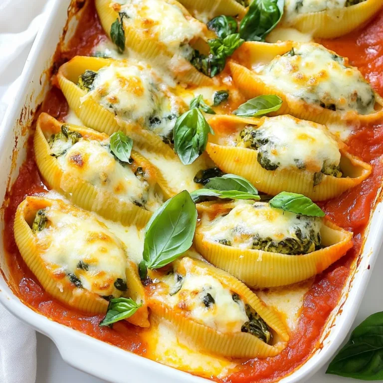 To make Cheesy Spinach Stuffed Shells, gather these items: - 20 large jumbo pasta shells - 2 cups ricotta cheese - 1 cup shredded mozzarella cheese, plus additional for topping - 1 cup grated Parmesan cheese - 2 cups fresh spinach, roughly chopped - 1 egg, beaten - 1 teaspoon garlic powder - 1 teaspoon onion powder - 1 teaspoon Italian seasoning - Salt and pepper, to taste - 2 cups marinara sauce - Fresh basil leaves, for garnish When choosing spinach, look for vibrant green leaves. They should feel firm and crisp. Avoid any that are wilted or yellow. Fresh spinach has a clean smell and a slightly earthy taste. You can use baby spinach for a milder flavor and tender texture. Always wash the spinach well to remove any dirt or grit before using it in your dish. Ricotta cheese is key for a creamy filling. If you want a lighter option, try cottage cheese. For extra flavor, mix in some feta cheese. Mozzarella gives that melty stretch; however, you can use provolone or gouda for a different taste. Always choose fresh cheese for the best flavor. The blend of cheeses adds depth to your stuffed shells. {{ingredient_image_2}} Start by preheating your oven to 375°F (190°C). This helps cook your dish evenly. Next, boil a large pot of water. Add the jumbo pasta shells and cook them until al dente. This usually takes about 9 to 11 minutes. Once they are ready, drain the shells and let them cool. This step is key, as you want them easy to handle when it's time to stuff. In a large mixing bowl, combine the ricotta cheese, shredded mozzarella cheese, and grated Parmesan cheese. Then, add the chopped spinach. This mix gives your filling a fresh taste. Next, pour in the beaten egg. Add garlic powder, onion powder, Italian seasoning, salt, and pepper. Use a spatula to mix everything well until you have a creamy filling. This will pack your shells with flavor. Spread 1 cup of marinara sauce evenly across the bottom of a 9x13 inch baking dish. This will add moisture and flavor as the shells bake. Now, take each cooked shell and fill it with about 2 tablespoons of the cheese and spinach mixture. Place the stuffed shells in the baking dish on top of the marinara sauce. Once all shells are filled, pour the rest of the marinara sauce over them. Then, sprinkle shredded mozzarella cheese on top for that cheesy finish. Cover the dish with aluminum foil and bake for 25 minutes. After that, remove the foil and bake for another 10 to 15 minutes. Look for melted, bubbly cheese that is golden brown. After baking, let it rest for 5 minutes to make serving easier. Garnish with fresh basil for a lovely touch. To keep the shells intact, avoid overcooking them. Cook until they are just al dente. This means they should still have a slight bite. After cooking, cool them in cold water. This helps stop the cooking process. Handle the shells gently when stuffing. If they break, don't worry! You can still use them in the dish. For a creamy filling, use full-fat ricotta cheese. It adds richness and smoothness. Mix your cheeses well. This includes mozzarella and Parmesan. The beaten egg also helps bind the filling. If you want extra creaminess, add a splash of cream or milk. Just a little will make a big difference. For a great cheese crust, don’t skimp on the mozzarella. Sprinkle a generous amount on top. Bake covered for the first part to keep it moist. Then, uncover and bake until golden brown. This step ensures the cheese melts and bubbles nicely. If you like, broil it for a minute to get that perfect crisp. Pro Tips Cook the shells al dente: This ensures that the pasta holds its shape during the baking process and doesn't become too soft or mushy. Mix ingredients well: Thoroughly combine the cheese and spinach mixture to achieve a uniform filling that distributes flavors evenly throughout the shells. Use quality marinara sauce: A good-quality marinara will enhance the overall flavor of the dish, so choose one that you enjoy or consider making your own. Let it rest: Allowing the dish to rest for a few minutes after baking helps the filling set, making it easier to serve and enjoy. {{image_4}} You can easily make Cheesy Spinach Stuffed Shells even better. Add more veggies for a colorful twist. Try diced bell peppers, mushrooms, or zucchini. These veggies bring sweet flavors and a nice crunch. You can also mix in artichoke hearts or sun-dried tomatoes. They add a rich taste and texture. While marinara sauce is classic, feel free to switch it up. You can use pesto for a fresh, herby flavor. Alfredo sauce can give a creamy, dreamy touch, too. A simple tomato cream sauce works well if you want something different. Each sauce choice adds its unique flair to the dish. If you need gluten-free options, don’t worry! Many brands offer gluten-free jumbo pasta shells. Look for shells made from brown rice or quinoa. They cook well and taste great. You won’t miss the regular pasta. Just follow the package instructions closely to get the right texture. To store leftovers, let the dish cool first. Place the shells in an airtight container. Keep it in the fridge for up to three days. Make sure to cover the shells with some marinara sauce to keep them moist. To reheat, preheat your oven to 350°F (175°C). Place the stuffed shells in a baking dish. Add a splash of marinara sauce on top. Cover the dish with foil to lock in moisture. Bake for about 20 minutes or until hot. For a crispy top, remove the foil for the last 5 minutes. You can freeze Cheesy Spinach Stuffed Shells for later. First, let them cool fully. Arrange the filled shells in a single layer on a baking sheet. Freeze them for about an hour. Once frozen, place them in a freezer-safe bag. They can last for up to three months. To cook from frozen, add 10-15 minutes to the baking time. Yes, you can prepare these stuffed shells ahead of time. Just follow the recipe up to the baking step. Cover the dish with foil and store it in the fridge. You can bake it later when you're ready to eat. If you prep it this way, try to bake it within two days for the best taste. If you don't have ricotta cheese, don't worry! You can use cottage cheese instead. Just blend it until smooth for a similar texture. Cream cheese is another good option. It adds a rich taste but might be thicker. You can also try Greek yogurt for a lighter option. Adding protein to your Cheesy Spinach Stuffed Shells is easy! You can mix in cooked ground beef, turkey, or sausage with the cheese filling. If you want a vegetarian option, add some cooked lentils or chickpeas. Shredded chicken also works well for extra protein. Cheesy Spinach Stuffed Shells are a fun, tasty meal. We covered every ingredient you need and how to choose fresh spinach. You learned about cheese options and how to make a creamy filling. We also shared tips to prevent shells from breaking and how to get a nice crust. Remember, you can customize the dish with veggies or different sauces. Store leftovers correctly and enjoy them later. Overall, this recipe is easy and satisfying. Try it out, and share it with friends!