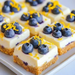 Here&rsquo;s what you need to make these Lemon Blueberry Cheesecake Bars: - 1 &frac12; cups graham cracker crumbs - ⅓ cup granulated sugar (for crust) - &frac12; cup unsalted butter, melted - 16 oz cream cheese, softened - 1 cup granulated sugar (for filling) - 2 large eggs - 1 teaspoon pure vanilla extract - Zest of 1 lemon - &frac14; cup fresh lemon juice - 1 cup fresh blueberries - 2 tablespoons cornstarch These ingredients work together to create a creamy, sweet, and tangy treat. The graham cracker crumbs form a crunchy base. The cream cheese adds a rich, smooth filling. Fresh blueberries give bursts of flavor. The lemon zest and juice bring brightness. All these elements blend for a delicious dessert. Make sure to use fresh blueberries when possible. They add the best flavor and texture. Cornstarch helps keep the blueberries from sinking. This keeps your bars looking pretty and delicious. Gather all these ingredients before you start. It makes the cooking process easier. You&rsquo;ll love how simple it is to whip up these bars. Enjoy the fun of creating this tasty treat in your kitchen! {{ingredient_image_2}} To start, prepare your 9x9 inch baking pan. Grease it with butter or cooking spray. Next, line the bottom and sides with parchment paper. Leave some paper over the edges. This helps you lift the bars out later. Now, let&rsquo;s make the crust. In a medium bowl, combine 1 &frac12; cups of graham cracker crumbs and ⅓ cup of granulated sugar. Pour in &frac12; cup of melted unsalted butter. Stir until it looks like wet sand. Press the crust mixture firmly into the bottom of your pan. Make it even and smooth. Bake this crust in your preheated oven at 350&deg;F for 8-10 minutes. Look for a light golden color. Once baked, let it cool slightly. Next, we move on to the filling. In a large bowl, beat 16 oz of softened cream cheese with 1 cup of sugar. Use a hand mixer for 2-3 minutes. You want it smooth and creamy. Add 2 large eggs one at a time. Mix on low speed after each egg. Be careful not to overmix; we don&rsquo;t want air bubbles. Now, add 1 teaspoon of pure vanilla extract, the zest of 1 lemon, and &frac14; cup of fresh lemon juice. Mix gently until smooth. For the blueberries, take 1 cup of fresh blueberries. Toss them with 2 tablespoons of cornstarch in a small bowl. This stops the blueberries from sinking. Gently fold these blueberries into your cheesecake batter. Pour the cheesecake mixture over your cooled crust. Spread it evenly with a spatula. Bake it in the oven for 30-35 minutes. The center should be set but still jiggle a bit. This means it has a creamy texture. After baking, let the bars cool at room temperature for about 30 minutes. Then, move them to the fridge. Chill for at least 4 hours, or better yet, overnight. This helps the bars set perfectly. When you are ready to serve, lift the bars out using the parchment paper. Place them on a cutting board and cut them into squares or rectangles. Enjoy your delicious lemon blueberry cheesecake bars! - Avoiding overmixing the batter: Mix the cream cheese and sugar until smooth. Add eggs one by one, mixing gently. Overmixing adds air, making your bars puff up and crack. - How to keep blueberries from sinking: Toss blueberries with cornstarch before folding them into the batter. This coat helps them float during baking, keeping them evenly distributed. - Achieving the ideal creamy texture: Bake the bars until they jiggle just slightly in the center. This shows they are set but still creamy. Let them chill for at least four hours for the best texture. - Creative ways to plate the cheesecake bars: Arrange the bars on a colorful platter for a bright look. Use parchment paper overhang to lift them out easily. - Suggested garnishes for an elegant touch: Top with fresh blueberries and a sprinkle of lemon zest. A dollop of whipped cream adds a nice finish. - Pairing ideas with beverages or sides: Serve with a glass of iced tea or lemonade for a refreshing treat. A scoop of vanilla ice cream also complements the flavors well. Pro Tips Cool Down Before Chilling: Allow the cheesecake bars to cool at room temperature for at least 30 minutes before transferring them to the refrigerator. This helps prevent condensation from forming on the surface. Use Room Temperature Ingredients: Ensure your cream cheese and eggs are at room temperature before mixing. This will create a smoother batter and help the cheesecake set evenly. Prevent Sinking Blueberries: Tossing the blueberries with cornstarch before folding them into the batter helps them stay suspended and prevents them from sinking to the bottom during baking. Chill Overnight: For the best texture and flavor, allow the cheesecake bars to chill in the refrigerator overnight. This will help them set properly and develop a richer taste. {{image_4}} You can switch up the flavor of these cheesecake bars easily. Here are some fun ideas: - Other Fruit Options: Instead of blueberries, try raspberries, strawberries, or cherries. Each fruit gives a unique taste. - Different Citrus: You can use lime or orange zest and juice instead of lemon. This will add a new twist to your bars. - Gluten-Free Crust Alternatives: If you need a gluten-free option, use almond flour or gluten-free graham crackers. Both work well in creating a tasty base. Want to make these bars dairy-free or vegan? Here are some simple swaps: - Substitutes for Cream Cheese: Use cashew cream or vegan cream cheese. Both will give a rich texture without the dairy. - Adjustments for Egg-Free Versions: Replace the eggs with flaxseed meal or applesauce. Each will help bind the mixture nicely while keeping it egg-free. These variations let you enjoy lemon blueberry cheesecake bars in many ways. Don't hesitate to experiment! To keep your lemon blueberry cheesecake bars fresh, store them in an airtight container. This helps them stay moist and tasty. A glass or plastic container works well. Place a piece of parchment paper between layers if stacking them. Refrigerate the bars for up to five days. Make sure they are completely cool before sealing the container. This prevents condensation from making them soggy. If you want to save your cheesecake bars for later, freezing is a great option. First, cut the bars into squares or rectangles. Wrap each piece tightly in plastic wrap. Then place them in a freezer-safe bag or container. This keeps them from getting freezer burn. You can freeze them for up to three months. When you're ready to enjoy, take the bars out and thaw them in the fridge overnight. This keeps their rich flavor and creamy texture intact. Serve them cold or let them sit at room temperature for a few minutes before enjoying. Can I make these bars ahead of time? Yes, you can make these bars a day or two ahead. Just store them in the fridge. They taste great chilled. How long will the cheesecake bars keep in the fridge? These bars will stay fresh in the fridge for about five days. Make sure to cover them well. What can I use if I don&rsquo;t have graham cracker crumbs? If you don&rsquo;t have graham crackers, try using crushed cookies or even crushed nuts. They add a nice flavor. What if my cheesecake bars cracked while baking? Cracks often happen due to overmixing or baking at too high a temp. To avoid this, mix gently and check your oven temp. How can I tell if my cheesecake is cooked properly? The cheesecake is done when the edges are set, and the center has a slight jiggle. It will firm as it cools. These lemon blueberry cheesecake bars combine simple ingredients and easy steps. We covered the crust, filling, baking, cooling, and storage tips. With some tweaks, you can adapt flavors or create vegan options. Keep your bars fresh and tasty with the right storage. Remember, the key to success lies in careful mixing and choosing the right ingredients. Enjoy making this treat, and watch friends and family smile with each bite. It&rsquo;s a delightful way to share your love for baking.