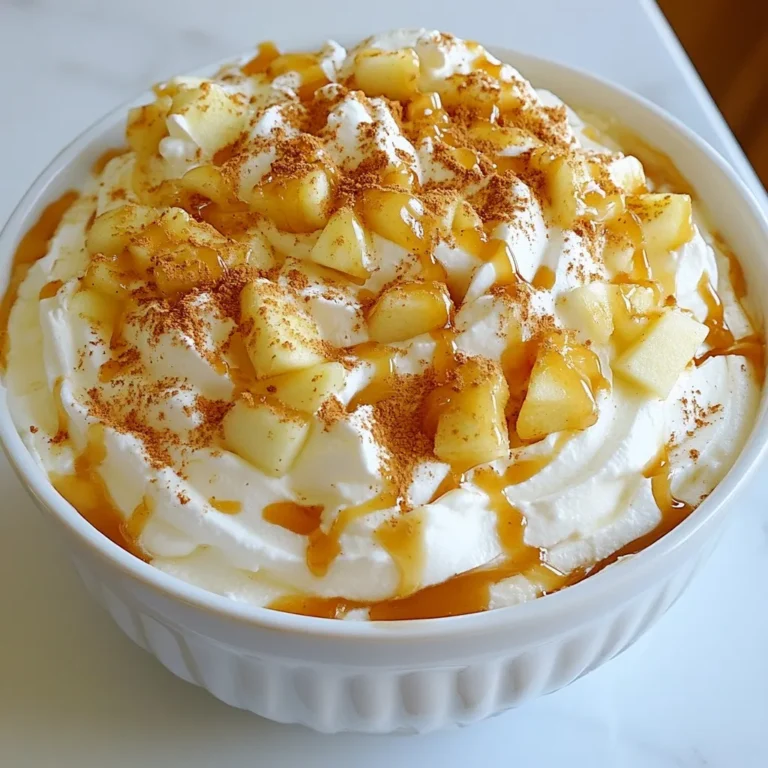 To make the Caramel Apple Cheesecake Dip, you need these simple ingredients: - Cream cheese: 8 oz, softened - Powdered sugar: 1 cup, sifted - Pure vanilla extract: 1 tsp - Heavy whipping cream: 1 cup, chilled - Apples: 1 cup, diced (Fuji and Granny Smith varieties) - Caramel sauce: 1/2 cup (store-bought or homemade) - Ground cinnamon: 1/4 tsp - Optional garnish: Graham cracker crumbs Each ingredient plays a key role in creating this delicious dip. The cream cheese forms the base, giving it that rich and creamy texture. The powdered sugar adds sweetness, while vanilla extract elevates the flavor. Chilled heavy cream lightens the dip and makes it fluffy. Using a mix of Fuji and Granny Smith apples gives the dip a blend of sweet and tart flavors. The caramel sauce adds a luscious touch, making each bite heavenly. Ground cinnamon enhances the apple flavor, creating a warm, inviting taste. If you want a crunchy topping, sprinkle some graham cracker crumbs on top. Gather these ingredients, and you’ll be ready to create a treat that everyone will love! {{ingredient_image_2}} - Start by mixing 8 oz of softened cream cheese in a large bowl. - Use an electric mixer on medium speed for about 2-3 minutes until smooth. - Gradually add 1 cup of sifted powdered sugar while mixing. - Ensure the mixture becomes fluffy and well-combined. - Finally, add 1 tsp of pure vanilla extract and mix until fully blended. - In a separate bowl, whip 1 cup of chilled heavy cream. - Use a hand mixer or stand mixer on medium-high speed. - Keep whipping until stiff peaks form, which takes about 3-5 minutes. - Carefully fold the whipped cream into the cream cheese mixture. - Use a spatula to keep it light and fluffy. - In a small bowl, toss 1 cup of diced apples with 1/4 tsp of ground cinnamon. - Gently fold these cinnamon-coated apples into the dip mixture. - Drizzle in half of 1/2 cup of caramel sauce and swirl it gently through the dip. - Transfer the dip to a decorative serving dish. - Garnish with graham cracker crumbs for a delightful crunch. To make your dip great, start with cream cheese at room temperature. This helps it blend smoothly. Cold cream cheese can create lumps. Use an electric mixer on medium speed for about 2-3 minutes. This will give you a creamy base. For the whipped cream, chill your mixing bowl and beaters first. This makes it easier to achieve stiff peaks. Whip the heavy cream on medium-high speed for 3-5 minutes. It should hold its shape well. You can add spices like nutmeg or ginger for a warm flavor. A pinch of salt can also balance the sweetness. For a fun twist, try adding some orange zest. It brightens the taste and adds freshness. Garnish your dip with graham cracker crumbs for a crunchy top. You can also drizzle more caramel sauce on top for a sweet touch. Consider adding chopped nuts for extra crunch. Arrange your dip in a pretty bowl to make it look inviting. Serve your dip with fresh apple slices for a classic pairing. The sweet dip and tart apples work well together. You can also use crunchy graham crackers for added texture. Pretzel sticks provide a salty contrast. Mix and match different dippers to keep it fun! Pro Tips Choose the Right Apples: Use a combination of sweet and tart apples, such as Fuji and Granny Smith, for a balanced flavor in your dip. Whip the Cream Properly: Ensure your heavy cream is chilled before whipping; this helps achieve the perfect stiff peaks for a light and airy dip. Layer the Caramel: For a beautiful presentation, drizzle caramel in layers rather than mixing it completely; this creates a lovely marbled effect. Texture Variation: Consider adding chopped nuts or toffee bits as a topping to introduce an extra crunch and enhance flavor complexity. {{image_4}} You can make this dip even more fun! Try adding peanut butter for a nutty twist. Just mix in a few spoonfuls for a rich flavor. It pairs well with the sweet apples and creamy dip. You can also swap out the apples for other fruits. Pears and bananas work great too! They add a different taste and texture, making your dip unique. If you need gluten-free options, use gluten-free graham crackers or fresh fruits. This way, everyone can enjoy the dip! For those who are dairy-free, you can use a dairy-free cream cheese. It blends well and keeps the dip creamy. As the seasons change, so can your dip! In the fall, add warm spices like nutmeg and ginger. These spices bring cozy vibes to your snack. For the holidays, mini chocolate chips can be a fun touch. They add sweetness and a festive look to your dip. To keep your caramel apple cheesecake dip fresh, store it in the refrigerator. Use an airtight container. This helps to prevent the dip from drying out or absorbing other smells. The cheesecake dip lasts about 3 to 5 days in the fridge. If sealed well, it stays fresh and tasty for up to a week. Always check for any changes in smell or texture before eating. You can reheat the dip, but be careful. Heat it gently in the microwave for 10 to 15 seconds. Stir it well to keep it smooth. If you prefer, serve it cold. The flavors shine through at any temperature! To make a quick caramel sauce, you need sugar, butter, and cream. - Ingredients: - 1 cup granulated sugar - 6 tbsp unsalted butter - 1/2 cup heavy cream 1. In a pan, heat the sugar over medium heat. Stir until it melts and turns golden brown. 2. Add the butter and mix until it melts. 3. Slowly stir in the cream, mixing until smooth. 4. Let it cool before using it in your dip. Yes, you can make this dip ahead of time. Here are some best practices: - Make the dip and store it in the fridge. - Cover it with plastic wrap to keep it fresh. - You can prepare it a day in advance. Just give it a stir before serving. If you need a substitute for cream cheese, you have a few options: - Greek yogurt: It gives a creamy texture and tangy flavor. - Ricotta cheese: This can add a lighter touch to your dip. - Silken tofu: A great vegan option that blends well. Try these alternatives to see which one you like best! This blog post covers a simple recipe for a tasty cream cheese dip. You learned about the key ingredients like cream cheese, apples, and caramel sauce. We also discussed step-by-step instructions for making and storing the dip. Don't forget the tips for perfect texture and presentation. You can even adapt the recipe for different tastes and dietary needs. Enjoy this fun treat at your next gathering. It's easy to make and always a hit!