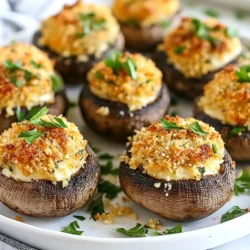 - 12 large portobello or cremini mushrooms - 1 cup cream cheese, softened - 1/2 cup freshly grated Parmesan cheese - 1/2 cup Italian breadcrumbs - 1/4 cup fresh parsley, finely chopped - 2 cloves garlic, minced - 1 teaspoon dried oregano - 1/2 teaspoon red pepper flakes (optional) - Salt and freshly ground black pepper to taste - Olive oil spray for cooking Using the right amounts is key. For this recipe, you will need twelve large mushrooms. The cream cheese adds richness, so use one cup. Half a cup of Parmesan cheese gives a nice flavor. The Italian breadcrumbs, also half a cup, add texture. One-fourth cup of parsley brightens the dish. Two cloves of garlic bring a bold taste. You can add one teaspoon of oregano for earthiness. If you like spice, add half a teaspoon of red pepper flakes. Finally, use salt and pepper to taste. Fresh ingredients make a big difference. Fresh parsley adds a vibrant color and taste. Fresh garlic gives a strong flavor that dried garlic cannot match. For the oregano, you can use either fresh or dried. Dried oregano is more concentrated, so use less if you choose that option. Overall, fresh ingredients enhance the flavor and presentation of your stuffed mushrooms. {{ingredient_image_2}} Start by preheating your air fryer to 375°F (190°C). Let it heat for about 5 minutes. This step ensures your mushrooms cook evenly. Next, take 12 large portobello or cremini mushrooms. Clean each mushroom with a damp paper towel. This removes any dirt or debris. After cleaning, gently twist and remove the stems from the caps. Set the stems aside. You will use them in the stuffing later. In a medium bowl, finely chop the reserved mushroom stems. Add them to the bowl along with 1 cup of softened cream cheese. Then, include 1/2 cup of freshly grated Parmesan cheese. Next, add 1/2 cup of Italian breadcrumbs and 1/4 cup of finely chopped fresh parsley. Don’t forget to include 2 minced garlic cloves, 1 teaspoon of dried oregano, and 1/2 teaspoon of red pepper flakes if you want some heat. Sprinkle in salt and pepper to taste. Mix all these ingredients together until they form a creamy, well-combined filling. Now it’s time to stuff the mushrooms. Take a generous amount of the creamy mixture and fill each mushroom cap. Press down slightly to pack the filling well. This helps it hold during cooking. Lightly spray the air fryer basket with olive oil to prevent sticking. Arrange the stuffed mushrooms in a single layer in the basket. Make sure not to overcrowd them to allow for even cooking. Cook the mushrooms in the air fryer for 10-12 minutes. They are done when the tops turn golden brown and the mushrooms feel tender. Keep an eye on them to avoid overcooking. Once they’re ready, use tongs to carefully remove the mushrooms. Let them cool for about a minute before plating. Enjoy your delicious air fryer stuffed mushrooms! To get the best stuffing, mix well. Start with softened cream cheese. This helps everything blend smoothly. Add the chopped mushroom stems, Parmesan cheese, and breadcrumbs. The mixture should be creamy and thick, but not dry. If it's too thick, add a little more cream cheese. If it's too runny, add more breadcrumbs. Aim for a filling that holds together well when you stuff it in the mushrooms. Set your air fryer to 375°F (190°C). Preheat it for about 5 minutes. This step is key for even cooking. Once ready, place the stuffed mushrooms in a single layer. Cook them for 10 to 12 minutes. Check them at the 10-minute mark. You want them golden and tender. If they need more time, check every minute. To stop the mushrooms from sticking, use olive oil spray. Lightly coat the air fryer basket before adding the mushrooms. This small step helps them release easily after cooking. Make sure to space them out in the basket. Overcrowding can lead to sticking and uneven cooking. Pro Tips Choosing the Right Mushrooms: Opt for large portobello or cremini mushrooms for the best stuffing results, as they provide a sturdy base and ample space for filling. Mixing the Filling: Ensure your cream cheese is softened at room temperature to make mixing easier and achieve a smooth, creamy filling. Adding Flavor: Feel free to customize the filling by adding cooked sausage, spinach, or other herbs and spices to enhance the flavor profile. Cooking Time Adjustments: Keep an eye on the mushrooms while they cook; air fryers can vary in temperature, so adjust the time as needed to prevent overcooking. {{image_4}} You can change the cheese in your stuffed mushrooms to create new flavors. Cream cheese gives a rich taste, but you can try ricotta or goat cheese. These cheeses add a different twist. For a sharper kick, use blue cheese. Mix and match to find your favorite! Want to make your stuffed mushrooms even heartier? Add protein! Cooked sausage or ground turkey works great. Chop them finely and mix them into your stuffing. You can also use chopped spinach or artichokes for a boost of nutrients. These add flavor and make the snack more filling. For a vegan option, swap cream cheese with cashew cream or tofu. Use gluten-free breadcrumbs to keep it safe for those with gluten allergies. You can find many options in stores today. With these changes, you can enjoy stuffed mushrooms without worrying about dietary needs. If you have some stuffed mushrooms left, don’t worry! You can store them easily. Place the mushrooms in an airtight container. Make sure they cool down first. This keeps them fresh for about 3 days in the fridge. If you want to keep them longer, follow the freezing steps below. When you're ready to enjoy your leftovers, reheating is simple. Preheat your air fryer to 350°F (175°C). Place the mushrooms in the basket in a single layer. Heat them for about 5 to 7 minutes. This helps keep them warm and tasty without drying them out. To freeze stuffed mushrooms, first, let them cool completely. Then, arrange them in a single layer on a baking sheet. Freeze them until solid, about 1 to 2 hours. Once frozen, move them to a freezer-safe bag or container. They can last up to 3 months. When you’re ready to eat, just cook them from frozen. Add a few extra minutes to your air frying time. Enjoy your tasty snack anytime! Yes, you can use different mushrooms. Portobello and cremini are great choices. You can also try button mushrooms or shiitake for unique flavors. Just ensure the mushrooms are large enough to hold the stuffing. Stuffed mushrooms are done when they are golden brown on top. They should feel tender when you poke them with a fork. Cooking time is around 10-12 minutes at 375°F (190°C). Keep an eye on them to avoid overcooking. Many sauces go well with stuffed mushrooms. A good marinara sauce adds a nice touch. You can also use a garlic aioli or ranch dressing. For a spicy kick, try a sriracha mayo. Each sauce adds its own flavor to the dish. This blog post covered how to create tasty stuffed mushrooms. We discussed the right ingredients, including fresh and dried options. I shared steps for cooking in an air fryer and tips for the best results. You learned how to store leftovers and how to reheat them. Finally, I answered common questions to help you enjoy this dish. Stuffed mushrooms are fun, simple, and versatile. Enjoy making them your way!