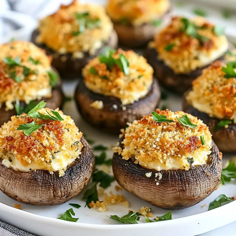 - 12 large portobello or cremini mushrooms - 1 cup cream cheese, softened - 1/2 cup freshly grated Parmesan cheese - 1/2 cup Italian breadcrumbs - 1/4 cup fresh parsley, finely chopped - 2 cloves garlic, minced - 1 teaspoon dried oregano - 1/2 teaspoon red pepper flakes (optional) - Salt and freshly ground black pepper to taste - Olive oil spray for cooking Using the right amounts is key. For this recipe, you will need twelve large mushrooms. The cream cheese adds richness, so use one cup. Half a cup of Parmesan cheese gives a nice flavor. The Italian breadcrumbs, also half a cup, add texture. One-fourth cup of parsley brightens the dish. Two cloves of garlic bring a bold taste. You can add one teaspoon of oregano for earthiness. If you like spice, add half a teaspoon of red pepper flakes. Finally, use salt and pepper to taste. Fresh ingredients make a big difference. Fresh parsley adds a vibrant color and taste. Fresh garlic gives a strong flavor that dried garlic cannot match. For the oregano, you can use either fresh or dried. Dried oregano is more concentrated, so use less if you choose that option. Overall, fresh ingredients enhance the flavor and presentation of your stuffed mushrooms. {{ingredient_image_2}} Start by preheating your air fryer to 375°F (190°C). Let it heat for about 5 minutes. This step ensures your mushrooms cook evenly. Next, take 12 large portobello or cremini mushrooms. Clean each mushroom with a damp paper towel. This removes any dirt or debris. After cleaning, gently twist and remove the stems from the caps. Set the stems aside. You will use them in the stuffing later. In a medium bowl, finely chop the reserved mushroom stems. Add them to the bowl along with 1 cup of softened cream cheese. Then, include 1/2 cup of freshly grated Parmesan cheese. Next, add 1/2 cup of Italian breadcrumbs and 1/4 cup of finely chopped fresh parsley. Don’t forget to include 2 minced garlic cloves, 1 teaspoon of dried oregano, and 1/2 teaspoon of red pepper flakes if you want some heat. Sprinkle in salt and pepper to taste. Mix all these ingredients together until they form a creamy, well-combined filling. Now it’s time to stuff the mushrooms. Take a generous amount of the creamy mixture and fill each mushroom cap. Press down slightly to pack the filling well. This helps it hold during cooking. Lightly spray the air fryer basket with olive oil to prevent sticking. Arrange the stuffed mushrooms in a single layer in the basket. Make sure not to overcrowd them to allow for even cooking. Cook the mushrooms in the air fryer for 10-12 minutes. They are done when the tops turn golden brown and the mushrooms feel tender. Keep an eye on them to avoid overcooking. Once they’re ready, use tongs to carefully remove the mushrooms. Let them cool for about a minute before plating. Enjoy your delicious air fryer stuffed mushrooms! To get the best stuffing, mix well. Start with softened cream cheese. This helps everything blend smoothly. Add the chopped mushroom stems, Parmesan cheese, and breadcrumbs. The mixture should be creamy and thick, but not dry. If it's too thick, add a little more cream cheese. If it's too runny, add more breadcrumbs. Aim for a filling that holds together well when you stuff it in the mushrooms. Set your air fryer to 375°F (190°C). Preheat it for about 5 minutes. This step is key for even cooking. Once ready, place the stuffed mushrooms in a single layer. Cook them for 10 to 12 minutes. Check them at the 10-minute mark. You want them golden and tender. If they need more time, check every minute. To stop the mushrooms from sticking, use olive oil spray. Lightly coat the air fryer basket before adding the mushrooms. This small step helps them release easily after cooking. Make sure to space them out in the basket. Overcrowding can lead to sticking and uneven cooking. Pro Tips Choosing the Right Mushrooms: Opt for large portobello or cremini mushrooms for the best stuffing results, as they provide a sturdy base and ample space for filling. Mixing the Filling: Ensure your cream cheese is softened at room temperature to make mixing easier and achieve a smooth, creamy filling. Adding Flavor: Feel free to customize the filling by adding cooked sausage, spinach, or other herbs and spices to enhance the flavor profile. Cooking Time Adjustments: Keep an eye on the mushrooms while they cook; air fryers can vary in temperature, so adjust the time as needed to prevent overcooking. {{image_4}} You can change the cheese in your stuffed mushrooms to create new flavors. Cream cheese gives a rich taste, but you can try ricotta or goat cheese. These cheeses add a different twist. For a sharper kick, use blue cheese. Mix and match to find your favorite! Want to make your stuffed mushrooms even heartier? Add protein! Cooked sausage or ground turkey works great. Chop them finely and mix them into your stuffing. You can also use chopped spinach or artichokes for a boost of nutrients. These add flavor and make the snack more filling. For a vegan option, swap cream cheese with cashew cream or tofu. Use gluten-free breadcrumbs to keep it safe for those with gluten allergies. You can find many options in stores today. With these changes, you can enjoy stuffed mushrooms without worrying about dietary needs. If you have some stuffed mushrooms left, don’t worry! You can store them easily. Place the mushrooms in an airtight container. Make sure they cool down first. This keeps them fresh for about 3 days in the fridge. If you want to keep them longer, follow the freezing steps below. When you're ready to enjoy your leftovers, reheating is simple. Preheat your air fryer to 350°F (175°C). Place the mushrooms in the basket in a single layer. Heat them for about 5 to 7 minutes. This helps keep them warm and tasty without drying them out. To freeze stuffed mushrooms, first, let them cool completely. Then, arrange them in a single layer on a baking sheet. Freeze them until solid, about 1 to 2 hours. Once frozen, move them to a freezer-safe bag or container. They can last up to 3 months. When you’re ready to eat, just cook them from frozen. Add a few extra minutes to your air frying time. Enjoy your tasty snack anytime! Yes, you can use different mushrooms. Portobello and cremini are great choices. You can also try button mushrooms or shiitake for unique flavors. Just ensure the mushrooms are large enough to hold the stuffing. Stuffed mushrooms are done when they are golden brown on top. They should feel tender when you poke them with a fork. Cooking time is around 10-12 minutes at 375°F (190°C). Keep an eye on them to avoid overcooking. Many sauces go well with stuffed mushrooms. A good marinara sauce adds a nice touch. You can also use a garlic aioli or ranch dressing. For a spicy kick, try a sriracha mayo. Each sauce adds its own flavor to the dish. This blog post covered how to create tasty stuffed mushrooms. We discussed the right ingredients, including fresh and dried options. I shared steps for cooking in an air fryer and tips for the best results. You learned how to store leftovers and how to reheat them. Finally, I answered common questions to help you enjoy this dish. Stuffed mushrooms are fun, simple, and versatile. Enjoy making them your way!