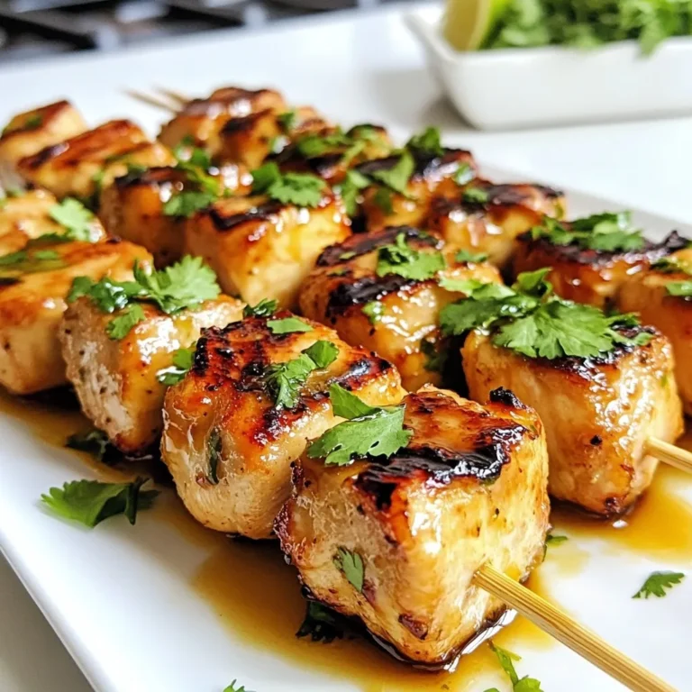 - 1 lb boneless, skinless chicken breasts - 1/4 cup honey - 1/4 cup freshly squeezed lime juice - 2 tablespoons low-sodium soy sauce - 2 tablespoons extra virgin olive oil - 3 cloves garlic, minced - 1 teaspoon ground cumin - 1/2 teaspoon freshly ground black pepper - 1 teaspoon sea salt - 1/4 teaspoon red pepper flakes (optional, for added heat) For the honey lime chicken skewers, you need fresh chicken breasts to start. I love using boneless, skinless chicken because it cooks evenly and stays juicy. The honey and lime juice are key in making the chicken sweet and tangy. You add soy sauce for depth and olive oil to keep it moist. Garlic and cumin give extra flavor, while black pepper and salt boost the taste. If you like some heat, toss in red pepper flakes. - Fresh cilantro leaves - Suggested side dishes: jasmine rice or garden salad Garnishing with fresh cilantro adds a pop of color and flavor. It brightens the dish and makes it look appealing. For side dishes, I recommend serving these skewers with jasmine rice. The rice absorbs the honey-lime sauce nicely. A fresh garden salad also pairs well and adds crunch. {{ingredient_image_2}} To make the honey lime marinade, mix these in a bowl: - 1/4 cup honey - 1/4 cup freshly squeezed lime juice - 2 tablespoons low-sodium soy sauce - 2 tablespoons extra virgin olive oil - 3 cloves garlic, minced - 1 teaspoon ground cumin - 1/2 teaspoon freshly ground black pepper - 1 teaspoon sea salt - 1/4 teaspoon red pepper flakes (optional) Whisk until smooth. The marinade adds rich flavor to the chicken. Marinate the chicken for at least 30 minutes. You can marinate up to 2 hours. This time helps the chicken absorb all the tasty flavors. Preheat your grill to medium-high heat. This step is key for cooking the chicken evenly. If you use wooden skewers, soak them in water for 15-30 minutes. This helps prevent burning. After marinating, skewer the chicken pieces. Leave gaps between them for even cooking. Place the skewers on the hot grill. Grill the chicken for about 10-12 minutes. Turn them every few minutes with tongs. This helps get nice grill marks. The chicken is ready when it reaches an internal temperature of 165°F (75°C). Enjoy those beautiful grill marks! To get the best flavor from your chicken, marinate it well. Here are my tips: - Use a non-reactive bowl: Glass or plastic works best. - Coat the chicken evenly: Make sure each piece is covered in the marinade. - Don’t rush the marinating: Aim for at least 30 minutes, but up to 2 hours gives better flavor. - Avoid too much acid: If you leave chicken in the marinade too long, it can become mushy. Common mistakes to avoid: - Overcrowding the bowl: Too many pieces together won’t marinate evenly. - Not mixing the marinade: Make sure to whisk it well for even flavor. Grilling is key to great chicken skewers. Here’s how to make it perfect: - Preheat your grill: A hot grill ensures even cooking. - Space the chicken: Leave gaps between pieces on the skewer for air flow. - Turn regularly: This helps cook all sides evenly. To know when your chicken is done: - Check the temperature: It should reach 165°F (75°C). - Look for clear juices: If the juices run clear, the chicken is ready. Want to take your skewers to the next level? Try these: - Add spices: Consider smoked paprika, oregano, or chili powder for extra kick. - Fresh herbs: Basil, thyme, or parsley can brighten the dish. - Vary your marinades: Swap lime for lemon or orange for a different taste. These tips will help you create the best honey lime chicken skewers. Enjoy the process and happy grilling! Pro Tips Marination Time: For the best flavor, marinate the chicken for at least 1 hour. If time allows, marinating overnight will enhance the taste even more. Soaking Skewers: If using wooden skewers, always soak them in water for 30 minutes before grilling to prevent them from burning and breaking. Grilling Temperature: Ensure your grill is preheated to medium-high heat for optimal cooking. This helps to achieve those beautiful grill marks and a juicy interior. Resting the Chicken: Allow the skewers to rest for a few minutes after grilling. This helps the juices redistribute, making the chicken tender and flavorful. {{image_4}} You can easily swap chicken for other proteins. Here are some ideas: - Shrimp: Shrimp cooks fast and takes on flavors well. Just marinate for 15-20 minutes. - Pork: Use pork tenderloin, cut into 1-inch cubes. It brings a nice taste. - Beef: Try flank steak or sirloin. Cut into cubes and marinate as you would chicken. For vegetarian options, consider these: - Tofu: Firm tofu absorbs the marinade well. Press and cube it before marinating. - Mushrooms: Portobello or button mushrooms work great. Marinate and skewer whole. - Vegetable Medley: Use bell peppers, zucchini, and red onions. These add color and crunch. You can change the flavor of your skewers in fun ways. Here are two simple ideas: - Spicy Honey Lime: Add chopped jalapeños or a dash of hot sauce to your marinade. This gives your skewers a nice kick. - Alternative Acids: Instead of lime juice, try orange or lemon juice. Each brings a unique twist to the flavor. Orange adds sweetness, while lemon gives a tangy taste. After grilling, let the skewers cool down. Place them in an airtight container. Refrigerate the cooked skewers within two hours. This keeps them fresh and safe to eat. You can store them for up to three days. If you want to freeze the skewers, wrap them tightly in plastic wrap. Then, place them in a freezer-safe bag. This method helps keep the flavors intact. Frozen skewers can last for about three months. To reheat, you can use the oven or a grill. For the oven, preheat it to 350°F (175°C). Place the skewers on a baking sheet. Heat for about 10-15 minutes. This keeps the chicken juicy and warm. If using a grill, preheat it to medium heat. Grill the skewers for about 5-7 minutes. Turn them occasionally for even heating. Always check that the chicken is hot throughout before serving. Enjoy your tasty leftovers! You should marinate the chicken for at least 30 minutes. This time allows the chicken to soak up the sweet and tangy flavors. If you have more time, marinating for up to 2 hours works best. Longer marinating gives the chicken even more flavor. These skewers go well with many sides. Here are a few tasty options: - Jasmine rice for a light base. - A fresh garden salad for crunch. - Grilled vegetables for added color and taste. - Corn on the cob for a sweet touch. - Flatbreads for a fun wrap option. Yes, you can make these skewers in the oven! Preheat your oven to 400°F (200°C). Place the skewers on a baking sheet lined with foil. Bake for about 15-20 minutes, flipping halfway through. Ensure the chicken reaches an internal temperature of 165°F (75°C) before serving. This method is great for cooler days or when grilling isn’t an option. This article focused on making delicious honey lime chicken skewers. You learned about key ingredients, marinade tips, and grilling steps. We explored variations, including different proteins and flavors. Proper storage and reheating methods were also covered. Now, you have all the tools to craft a tasty dish. Enjoy your grilling and impress your friends and family with these easy-to-make skewers!
