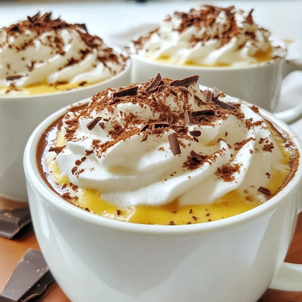 To make this cozy drink, gather these simple ingredients: - 2 cups of milk (your choice of dairy or non-dairy alternative) - 1 cup of creamy pumpkin puree - 2 tablespoons unsweetened cocoa powder - 2 tablespoons brown sugar - 1 teaspoon pumpkin pie spice - 1 teaspoon pure vanilla extract - Generous dollop of whipped cream - Dark chocolate shavings (optional) You can choose between dairy and non-dairy milk. Dairy milk gives a rich, creamy taste. Almond, oat, or coconut milk works well for a lighter option. Non-dairy choices often have added flavors, so read the labels. Make sure they are unsweetened for the best taste. Pick high-quality cocoa powder for deep flavor. Look for pure cocoa, not sweetened mixes. Choose pumpkin puree made from real pumpkins, not pumpkin pie filling. Check the vanilla extract; pure vanilla gives the best taste. For spices, fresh pumpkin pie spice has a stronger flavor. {{ingredient_image_2}} Making Pumpkin Spice Hot Chocolate is simple and fun. You’ll need just a few ingredients. Gather your items first. This makes the process smooth and easy. 1. Heat the Milk and Pumpkin: Start by placing a medium saucepan on medium heat. Pour in 2 cups of milk. Add 1 cup of creamy pumpkin puree. Whisk them together until they blend well. Make sure the mixture warms but does not boil. 2. Mix in Cocoa and Spices: Next, add 2 tablespoons of unsweetened cocoa powder. Then, toss in 2 tablespoons of brown sugar. Include 1 teaspoon of pumpkin pie spice and 1 teaspoon of pure vanilla extract. Whisk everything together until it is smooth and creamy. 3. Taste and Adjust: Now, taste your hot chocolate. If you want it sweeter, add more brown sugar. If you love spice, add a bit more pumpkin pie spice or pumpkin puree. This step lets you customize it just right for you. 4. Serve: Once it’s warmed to your liking, remove the saucepan from the heat. Pour the hot chocolate into your favorite cozy mugs. 5. Add Toppings: Top each mug with a generous dollop of whipped cream. For the final touch, sprinkle some pumpkin pie spice and add dark chocolate shavings on top. 6. Enjoy: Serve your Pumpkin Spice Hot Chocolate right away. Savor the cozy flavors with every sip. Adjusting sweetness is easy. If you want more sweetness, just add extra brown sugar. For more spice, try adding a bit more pumpkin pie spice. You can even mix in more pumpkin puree for a richer flavor. Each sip should feel warm and comforting, so make it your own! To get that nice, creamy texture, use whole milk or a creamy non-dairy milk. Almond or oat milk work well too. Whisk the milk and pumpkin puree together in a pot. This helps blend the two smoothly. Keep the heat on medium, and avoid boiling. If it boils, your hot chocolate can become grainy. Whisk well after adding cocoa and sugar. This keeps everything mixed and creamy. Serve your hot chocolate in cozy mugs. Choose ones that feel good in your hands. After pouring the drink, add a generous dollop of whipped cream on top. For a beautiful look, sprinkle some pumpkin pie spice over the cream. You can also add dark chocolate shavings for a fancy touch. Serve it warm, so it stays comforting and inviting. Pumpkin spice hot chocolate pairs well with sweet treats. Try it with gingerbread cookies for a festive touch. You can also enjoy it with pumpkin muffins or chocolate biscotti. These snacks will complement the rich flavors. For a fun twist, serve it with salty popcorn. The mix of sweet and salty makes for a great snack combo. Pro Tips Use Fresh Pumpkin Puree: For the best flavor, use homemade pumpkin puree instead of canned. Simply roast and blend fresh pumpkin for a richer taste. Adjust the Spice Level: Feel free to experiment with the amount of pumpkin pie spice to suit your taste. A pinch of nutmeg or cinnamon can also elevate the flavor. Experiment with Milk Options: Try different milk varieties, such as oat or almond milk, to find the perfect dairy or non-dairy balance that complements the pumpkin flavor. Add a Flavor Twist: For a unique twist, incorporate a splash of peppermint extract or a drizzle of caramel sauce for an extra layer of flavor in your hot chocolate. {{image_4}} To make a vegan version, swap dairy milk for a non-dairy option. Almond milk or oat milk works well. Use the same amount as in the original recipe. Mix in creamy pumpkin puree, cocoa powder, and brown sugar. The flavor stays rich and delightful. Top with coconut whipped cream for an extra treat. You can enjoy this drink without added sugar. Use a sugar substitute like stevia or erythritol. Adjust the amount to match your taste. You can still enjoy pumpkin puree and cocoa powder for flavor. The pumpkin pie spice adds warmth without sugar. Feel free to get creative with your hot chocolate. Add a pinch of nutmeg or cinnamon for extra warmth. You can also stir in a spoonful of peanut butter for a nutty twist. Consider a splash of espresso for a coffee vibe. Each option brings a new layer of taste to your drink. Enjoy experimenting! To store your leftover Pumpkin Spice Hot Chocolate, let it cool first. Pour it into an airtight container. You can keep it in the fridge for up to three days. Make sure to label it with the date. This way, you know when you made it. When you're ready to enjoy your hot chocolate again, pour it into a saucepan. Heat it over low to medium heat. Stir gently to avoid burning. You can also microwave it in a microwave-safe mug. Heat for about 30 seconds, then stir. Check the temperature and heat more if needed. The shelf life of your ingredients varies. Milk lasts about a week in the fridge. Pumpkin puree can stay fresh for about a week too, if opened. Cocoa powder is good for a long time, usually up to two years. Brown sugar can last even longer, about two years, if stored properly. Always check for freshness before using any ingredient. Yes, you can make Pumpkin Spice Hot Chocolate ahead of time. Just prepare it as the recipe says. Once cooked, let it cool. Store it in the fridge for up to three days. When you want to enjoy it, just reheat it on the stove or in the microwave. Stir well to mix everything. You can find Pumpkin Spice Hot Chocolate mix at many grocery stores. Look in the hot beverage aisle. Stores like Walmart and Target often have it. You can also check online at Amazon or specialty food sites. Some cafes might sell their own mix too. Pumpkin puree is rich in vitamins A and C. These vitamins help keep your skin and eyes healthy. Cocoa powder has antioxidants, which are good for your heart. Milk, whether dairy or non-dairy, provides calcium for strong bones. Brown sugar contains minerals like calcium and iron. Pumpkin pie spice adds flavor and may help with digestion. Overall, this drink offers comfort and nutrients. You learned about making delicious pumpkin spice hot chocolate. We covered key ingredients, variations, and tips for the best taste. Remember, you can mix dairy or non-dairy choices. You also have options for vegan and sugar-free recipes. Store leftovers correctly for later enjoyment. Keep experimenting with flavors and pairings to find your favorite. This drink is not just tasty; it also brings warmth to chilly days. Grab your ingredients and enjoy a cozy cup today!
