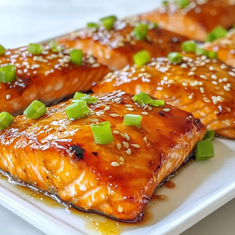 - 4 salmon fillets (6 oz each) - 1/4 cup honey - 4 cloves garlic, minced - 2 tablespoons low-sodium soy sauce - 1 tablespoon fresh ginger, grated - 1 tablespoon olive oil - Salt and pepper to taste - Optional: Sesame seeds and green onions for garnish Gathering the right ingredients is key to making this honey garlic glazed salmon truly shine. Fresh salmon fillets are a must. Choose fillets that look bright and moist. I like to use wild-caught salmon for its rich taste and health benefits. Honey brings a natural sweetness. It pairs perfectly with the salty soy sauce. Use low-sodium soy sauce to keep the dish balanced. Garlic adds depth, while fresh ginger gives a nice kick. Don’t forget the olive oil! It helps to create that crisp texture on the salmon. You can adjust the salt and pepper to your liking. For a fun twist, sesame seeds and green onions make great toppings. They add crunch and color. With these ingredients, you're on your way to a delicious meal. Let's get cooking! {{ingredient_image_2}} 1. Take a small mixing bowl and add the following: - 1/4 cup honey - 4 cloves garlic, minced - 2 tablespoons low-sodium soy sauce - 1 tablespoon fresh ginger, grated 2. Whisk these ingredients together until they blend well. 3. Set aside 2 tablespoons of this mix for later. 1. Use a paper towel to pat each salmon fillet dry. 2. Season both sides of the salmon with salt and pepper. 3. In a large non-stick skillet, heat 1 tablespoon of olive oil over medium-high heat. 1. Place the salmon fillets skin-side down in the hot skillet. 2. Cook them without moving for 4-5 minutes until the skin is crisp. 3. Gently flip the fillets using a spatula. 4. Pour the honey garlic mixture over the salmon evenly. 5. Cook for another 3-4 minutes. Spoon the sauce over the fish to create a thick glaze. 6. In the last minute, add the reserved sauce to the skillet. Let it bubble. 7. Remove the salmon from the skillet and let it rest for 2-3 minutes. 8. Plate the salmon and garnish with sesame seeds and chopped green onions. Timing is key for the sauce. Pour it over the salmon right after flipping. This helps the glaze stick well. For a thicker coating, spoon the sauce over the fish while it cooks. This adds more flavor and shine. To check for doneness, look for the salmon to flake easily with a fork. It should have a slightly opaque center. Let the salmon rest for 2-3 minutes after cooking. This helps the juices spread back into the fish, keeping it moist. Garnish your dish with sesame seeds and chopped green onions. They add color and crunch. For plating, use a clean white plate. This makes the vibrant glaze pop. Consider serving with steamed rice or sautéed greens to create a balanced meal. Pro Tips Use Fresh Ingredients: Fresh salmon, garlic, and ginger will enhance the flavor of your dish significantly compared to dried or pre-packaged ingredients. Get the Skin Crispy: Ensure your skillet is hot enough before adding the salmon. This helps to create that delicious, crispy skin. Baste for Extra Flavor: Continuously spooning the honey garlic glaze over the salmon while it cooks will not only enhance the flavor but also create a thicker glaze. Let It Rest: Allowing the salmon to rest for a few minutes after cooking helps the juices redistribute, resulting in a moist and flavorful fillet. {{image_4}} You can switch salmon for chicken or tofu. Chicken thighs work great and stay juicy. Use the same honey garlic mixture for flavor. For tofu, press and slice it into thick pieces. Marinate it in the sauce for 30 minutes. Then, cook it just like the salmon. This gives you tasty options for different diets. Want to change the taste? Add spices or citrus! A pinch of red pepper flakes brings heat. Try squeezing fresh lime or lemon juice for brightness. You can also mix in some herbs like cilantro or parsley. These small changes can make a big difference in flavor. You have choices for cooking methods. Oven-baked salmon is simple and hands-free. Preheat your oven to 400°F (200°C). Place the salmon on a baking sheet and pour the sauce on top. Bake for 12-15 minutes until cooked through. Grilling is another fun option. It gives salmon a nice smoky flavor. Brush the grill with oil, add the salmon, and cook for 4-5 minutes on each side. Each method gives you a different taste and texture. After cooking, let the salmon cool for about 10 minutes. Place leftovers in an airtight container. Keep it in the fridge for up to 3 days. Make sure to cover the salmon well to keep it fresh. To reheat, use the oven for best results. Preheat it to 300°F (150°C). Place the salmon on a baking sheet and cover it with foil. Heat for about 10-15 minutes until warm. This keeps the salmon juicy and avoids dryness. You can also use a microwave, but be careful. Heat in short bursts to avoid overcooking. If you want to freeze leftover salmon, wrap each piece tightly in plastic wrap. Then, place them in a freezer bag. This helps prevent freezer burn. Frozen salmon can last for up to 3 months. To thaw, move it to the fridge for a few hours or overnight. Avoid thawing at room temperature to keep it safe. You can add chili flakes or sriracha to the honey garlic mix. Start with a pinch of chili flakes. If you want more heat, add more. For sriracha, drizzle a small amount into the sauce before cooking. Mix well to spread the heat evenly. This gives the dish a nice kick while keeping the sweet flavor. I suggest pairing the salmon with steamed rice or sautéed greens. Rice absorbs the sauce well and adds a nice base. Sautéed greens like spinach or bok choy add color and nutrients. You can also serve it with a fresh salad for a crunchy side. Roasted sweet potatoes work great too, balancing the sweetness of the glaze. Check the salmon for color and texture. Fully cooked salmon turns opaque and flakes easily with a fork. The internal temperature should reach 145°F. If it looks raw in the center, give it more time. Avoid overcooking, as it can dry out. Let it rest after cooking to keep it juicy and flavorful. In this blog post, I covered how to make honey garlic glazed salmon. We explored the essential ingredients, easy steps to prepare the dish, and tips for achieving that perfect glaze. I shared various protein options and cooking methods to suit your taste. I also included storage tips and answered common questions to help you along the way. Cooking can be simple and fun. Enjoy making this dish and share it with others!