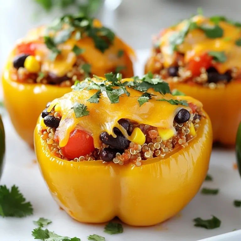 - 4 large bell peppers (choose your favorite colors) - 1 cup cooked quinoa (any variety) - 1 can black beans, thoroughly rinsed and drained - 1 cup corn kernels (can be fresh or frozen) - 1 cup diced tomatoes (use fresh or canned, drained if using canned) - 1 teaspoon ground cumin - 1 teaspoon smoked paprika - 1/2 teaspoon garlic powder - 1/2 teaspoon onion powder - 1 cup shredded cheese (such as cheddar, mozzarella, or a blend) - Salt and freshly ground black pepper, to taste - Fresh cilantro leaves, for garnish (optional) This dish serves four. Each serving offers great nutrition. You get protein from the quinoa and beans. The peppers add vitamins A and C. Cheese gives you calcium. Here’s a rough breakdown per serving: - Calories: 300 - Protein: 15g - Carbs: 45g - Fat: 10g - Fiber: 10g This recipe is quite versatile. It’s vegetarian and can be vegan if you skip the cheese. Use dairy-free cheese for a tasty option. Those with gluten issues can enjoy it too; all ingredients are gluten-free. If you need a lower-carb choice, swap quinoa for riced cauliflower. You can make these stuffed peppers fit many diets based on your needs. {{ingredient_image_2}} Start by preheating your air fryer to 375°F (190°C). This step is key. A hot air fryer helps cook the peppers evenly. Next, grab your bell peppers. Carefully slice off the tops and toss the stems. Remove the seeds and membranes. Now, you have a nice cavity for the stuffing. Stand the peppers up in a bowl. This makes filling them easier. In a large bowl, mix the filling. Combine 1 cup of cooked quinoa, 1 can of rinsed black beans, 1 cup of corn, and 1 cup of diced tomatoes. Add 1 teaspoon of ground cumin, 1 teaspoon of smoked paprika, 1/2 teaspoon of garlic powder, and 1/2 teaspoon of onion powder. Stir the mixture well. Now it’s time to stuff the peppers. Fill each pepper with the quinoa mixture. Press gently to pack it in tightly. Sprinkle the remaining cheese on top of each stuffed pepper. Place them in the air fryer basket. Make sure they have space for air to flow. Cook for 12-15 minutes. You want the peppers to be tender and the cheese to be golden and bubbly. Use tongs to remove them carefully. Enjoy your delicious creation! Air frying stuffed peppers is quick and easy. Here are some key tips: - Preheat the air fryer to 375°F (190°C). This step helps cook the peppers evenly. - Do not overcrowd the air fryer basket. Leave space between peppers for hot air to flow. - Check for doneness at 12 minutes. Cook longer if you want softer peppers. - Use a toothpick to test tenderness. It should slide in easily. You can make your stuffed peppers unique! Here are some fun ideas: - Add spices like chili powder for heat or oregano for a Mediterranean twist. - Mix in proteins such as ground turkey or chicken for a heartier meal. - Swap quinoa for rice or couscous to change the base. - Try different cheeses like feta or pepper jack for new flavors. Serving your stuffed peppers well can impress your guests. Here are some ideas: - Garnish with fresh cilantro for color and taste. - Serve with a side salad to balance the meal. - Add a dollop of sour cream or guacamole for creaminess. - Pair with crusty bread to soak up any extra filling. These tips will make your air fryer stuffed peppers even more delicious and fun! Pro Tips Choose Colorful Peppers: Using a variety of colored bell peppers not only enhances the visual appeal of your dish but also adds subtle flavor differences. Customize the Filling: Feel free to add other ingredients like diced onions, jalapeños, or different types of beans to personalize the filling to your taste. Adjust Cooking Time: Depending on the size of your peppers, you may need to adjust the cooking time; larger peppers may require a few extra minutes in the air fryer. Serve with Dips: Pair your stuffed peppers with a variety of dips like guacamole, salsa, or sour cream to elevate the flavor experience. {{image_4}} You can make stuffed peppers fully vegetarian by using different grains. Instead of quinoa, try brown rice or farro for a hearty base. You can also use lentils to add protein and fiber. Add some sautéed mushrooms or zucchini for extra flavor and texture. Fresh herbs, like basil or parsley, can brighten the dish up. If you want a meatier dish, swap the beans for ground turkey or beef. Just cook them first before mixing with the other ingredients. You can also use shredded chicken or diced tofu for a good protein boost. These options will give your stuffed peppers a different taste while keeping them filling and delicious. Switch up the cheese for a unique twist! While cheddar and mozzarella are great, you can use feta or goat cheese for a tangy flavor. For a spicy kick, try pepper jack. Mixing different cheeses can also create a fun flavor profile. Just remember to sprinkle enough on top to make a bubbly, golden crust. Once you finish your meal, let the stuffed peppers cool down. Place them in an airtight container. You can keep them in the fridge for up to four days. This way, you can enjoy them later without losing flavor. To reheat your stuffed peppers, use the air fryer. Set it to 350°F (175°C). Heat the peppers for about 5 to 7 minutes. This keeps them crispy and warm. You can also use a microwave, but it might make them a bit soft. Heat on high for about 2 minutes, checking after one minute. If you want to save some for later, freezing is a great option. Wrap each pepper in plastic wrap or foil. Place them in a freezer-safe bag or container. They can last up to three months in the freezer. When ready to eat, thaw them overnight in the fridge before reheating. Cook stuffed peppers in an air fryer for 12 to 15 minutes. They should be tender and the cheese should melt. Check them at 12 minutes to avoid overcooking. If you want them softer, add a few more minutes. Yes, you can use frozen bell peppers. Thaw them first, then stuff them as usual. Frozen peppers may have more moisture, so adjust your filling to avoid sogginess. You can use rice or couscous instead of quinoa. Both add great texture. If you want a lower carb option, try cauliflower rice. It cooks quickly and absorbs flavors well. Add jalapeños or red pepper flakes to the filling for a kick. You can also use spicy cheese or a hot sauce drizzle on top. Taste as you go to find your perfect heat level. Absolutely! Prepare the peppers and filling a day in advance. Store them in the fridge. When you're ready, just stuff the peppers and air fry them. This makes for a quick meal on busy days. You learned about making stuffed peppers in the air fryer. We covered the right ingredients and their nutrition. I shared easy steps to prepare, stuff, and cook your peppers. You got helpful tips for better flavor and storage. Experiment with variations to suit your taste. Now, try making your own stuffed peppers. They are tasty, fun to make, and quite healthy. Enjoy your cooking journey!