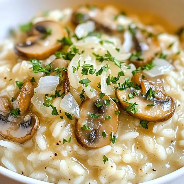 For this creamy garlic butter mushroom risotto, you will need: - 1 cup Arborio rice - 4 cups vegetable broth - 1 cup mushrooms (cremini or button), sliced - 1 small onion, finely chopped - 3 cloves garlic, minced - 3 tablespoons unsalted butter - 2 tablespoons olive oil - 1/2 cup grated Parmesan cheese - Salt and pepper to taste - Fresh parsley, chopped (for garnish) Arborio rice gives the risotto its creamy texture. The mushrooms add a rich flavor, while the garlic and onion bring warmth. Butter and olive oil combine for a rich base that makes every bite delightful. If you're looking to change things up, consider these options: - Use chicken broth instead of vegetable broth for a different flavor. - Swap out the mushrooms for asparagus or peas for a fresh twist. - Add a splash of white wine for extra depth of flavor. - If you're vegan, replace butter with a vegan butter option. These substitutes allow you to customize your risotto based on what you have at home or your dietary needs. If you want a cheese alternative, here are some great options: - Nutritional yeast offers a cheesy flavor without dairy. - A plant-based Parmesan can work well for vegans. - Grated pecorino or aged Gouda can add a unique taste if you're not strict about dairy. These cheeses can help you maintain the creamy texture while adding different flavors to your dish. Choose what suits your taste best! {{ingredient_image_2}} First, warm the vegetable broth. Use a medium saucepan over low heat. This keeps the broth hot but not boiling. I recommend using a separate burner for this. This way, the broth stays ready for your risotto. In a large skillet, heat 2 tablespoons of olive oil and 1 tablespoon of butter. Set the heat to medium. When the butter melts, add the finely chopped onion. Stir it for about 5 minutes. You want it to look soft and clear. Next, add the minced garlic and sliced mushrooms. Cook them for 5 to 7 minutes. Stir often so they cook evenly. The mushrooms should become tender and lightly browned. This step adds a lot of flavor. Now it’s time to add the Arborio rice. Stir it in well so it gets coated in the buttery mix. Sauté the rice for about 2 minutes. You will notice the edges of the rice turning slightly clear. This means the rice is toasted and ready for broth. Start adding the warm vegetable broth, one ladle at a time. Stir constantly. Wait until the rice absorbs most of the broth before adding the next ladle. This process takes about 20 to 25 minutes. The rice will become creamy and tender when ready. Once your risotto is creamy, take the pot off the heat. Stir in the last 2 tablespoons of butter and the grated Parmesan cheese. Mix well until both melt into the risotto. Finally, season with salt and pepper to taste. Serve the risotto while it is warm. Garnish with fresh chopped parsley for a pop of color and flavor. Enjoy this tasty dish! To get that creamy texture in your risotto, use Arborio rice. This rice has a high starch content, which helps create a rich, creamy sauce. Start with warm vegetable broth. Adding cold broth slows down the cooking process and can make it harder to achieve creaminess. Add the broth slowly, one ladle at a time. Stir as you add. This helps the rice absorb the liquid and release its starch. One big mistake is not stirring enough. Risotto needs your attention. If you leave it alone, it can stick and burn. Another mistake is rushing the broth addition. You want to let the rice absorb each ladle before adding more. Also, don’t skip the toasting step. Toasting the rice enhances its flavor. Lastly, avoid adding too much cheese at once. Gradually mixing in cheese creates a smoother blend. You can boost the flavor with a few simple additions. Try adding fresh herbs like thyme or rosemary. These herbs bring a lovely aroma and depth. For a little heat, add a pinch of red pepper flakes. If you love umami, consider adding sun-dried tomatoes or a splash of soy sauce. These choices can elevate your risotto into a gourmet dish. Don’t forget to garnish with fresh parsley. It adds color and a fresh taste. Pro Tips Use Fresh Ingredients: Always opt for fresh mushrooms and broth for the best flavor and texture in your risotto. Stir Frequently: Continuous stirring helps release the starch from the rice, creating a creamy consistency that's characteristic of good risotto. Adjust Consistency: If the risotto is too thick, you can add a splash of broth or water to loosen it up to your preferred creaminess. Let it Rest: Allow the risotto to sit for a minute after cooking; this helps enhance the flavor and texture before serving. {{image_4}} You can easily make this risotto vegetarian or vegan. To keep it vegetarian, simply use vegetable broth and add Parmesan cheese. For a vegan version, swap the cheese for a plant-based alternative. Nutritional yeast is a great choice, adding a cheesy flavor. Want to make your risotto heartier? You can add proteins or extra veggies. Cooked chicken or shrimp work well with the garlic and mushrooms. If you prefer plant-based options, try chickpeas or lentils. For added texture, mix in peas, spinach, or asparagus. You can add these during the last few minutes of cooking. Mushrooms bring great flavor to this dish. While cremini and button mushrooms are classic choices, feel free to experiment. You can use shiitake or oyster mushrooms for different tastes. Each type will add its own unique flavor and texture. Mixing different mushrooms can also create a beautiful look and deeper flavor. To store leftover risotto, let it cool first. Place it in an airtight container. Make sure to cover it tightly to keep it fresh. You can keep it in the fridge for up to three days. If you want to keep it longer, freezing is an option. When you're ready to eat the risotto again, reheat it on the stove. Add a splash of vegetable broth or water. This helps bring back the creamy texture. Stir it well and heat slowly. Avoid high heat to prevent it from drying out. You can also use a microwave, but keep an eye on it. Freezing risotto is simple. Divide it into portions before freezing. Use freezer-safe containers or bags. Be sure to remove as much air as possible. Risotto can last up to three months in the freezer. When you're ready to eat, thaw it in the fridge overnight. Then, reheat as mentioned above. Garlic Butter Mushroom Risotto will last for about 3 days in the fridge. Store it in an airtight container for best results. If you notice any change in smell or texture, it’s best to discard it. You can prepare the risotto ahead of time, but it may lose some creaminess. Cook it until just before it’s fully done. Let it cool, then store it in the fridge. When ready to serve, gently reheat it, adding a splash of broth to regain creaminess. Garlic Butter Mushroom Risotto pairs well with a variety of dishes. Here are some ideas: - Grilled chicken or fish for protein - A fresh salad for crunch - Roasted vegetables for added flavor - Crusty bread to soak up the sauce These options will enhance your meal and create a balanced plate. Enjoy! Garlic Butter Mushroom Risotto is a tasty dish you can make at home. We explored key ingredients, tips for creaminess, and many flavors to try. You can use different mushrooms and proteins to suit your taste. Also, we talked about how to store and reheat leftovers. For a comforting meal, this risotto hits the spot every time. Remember to avoid common mistakes to get it just right. Enjoy experimenting with this recipe and make it your own!