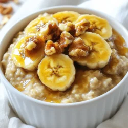 - 1 cup rolled oats - 2 cups almond milk - 1 ripe banana, sliced - 2 tablespoons brown sugar - 1 tablespoon coconut oil (or butter) - 1/2 teaspoon ground cinnamon - Chopped nuts (walnuts or pecans) - Fresh banana slices for garnish - Medium saucepan - Small skillet - Spatula To make caramelized banana oatmeal, you need some key ingredients. The rolled oats serve as the base. Almond milk adds creaminess, while a ripe banana adds natural sweetness. Brown sugar helps the banana caramelize, giving it a rich flavor. Coconut oil or butter adds a lovely taste. You can also use some optional ingredients to enhance your dish. Ground cinnamon gives warmth and spice. Chopped nuts add a nice crunch, while fresh banana slices can make the dish look pretty. You will need a medium saucepan for cooking the oats. A small skillet is great for caramelizing the bananas. A spatula helps flip the bananas without breaking them. With these ingredients and tools, you can create a delightful breakfast. {{ingredient_image_2}} - In a medium saucepan, combine 1 cup of rolled oats, 2 cups of almond milk, a pinch of salt, and half a teaspoon of ground cinnamon. - Bring the mixture to a gentle simmer over medium heat. Stir occasionally to prevent sticking. This step takes about 5 to 7 minutes. - While the oats cook, melt 1 tablespoon of coconut oil in a small skillet over medium heat. - Once the oil shimmers, add 1 sliced ripe banana. Evenly sprinkle 2 tablespoons of brown sugar over the banana slices. - Cook for about 2 to 3 minutes. Carefully turn the slices with a spatula until they are golden brown and caramelized. - After the oatmeal thickens, mix in 1 teaspoon of vanilla extract and the remaining cinnamon. - Spoon the creamy oatmeal into bowls. Top generously with the caramelized banana mixture. - For an extra crunch, sprinkle chopped nuts like walnuts or pecans over the top. Feel free to add fresh banana slices for garnish. To get your bananas just right, start with ripe ones. They should be soft and sweet. Heat your skillet to medium. This ensures the bananas cook evenly. Add coconut oil and let it melt fully before adding bananas. Sprinkle brown sugar evenly for a nice caramel layer. Cook for 2-3 minutes until golden brown. Watch closely; you want caramelized, not burnt. Feel free to spice up your oatmeal! Try adding a dash of nutmeg for warmth or a spoonful of peanut butter for creaminess. You can also mix in fruits like berries or apples. Toppings like chia seeds or shredded coconut can add fun textures. Experiment to find your favorite combination! For a nice touch, serve your oatmeal in rustic bowls. This makes it feel special. Drizzle a little extra coconut oil on top for shine. A sprinkle of cinnamon boosts the look and flavor. Pair your oatmeal with a warm cup of tea or coffee for a complete breakfast experience. Pro Tips Perfect Banana Ripeness: Use a ripe banana for maximum sweetness and flavor. The more speckles, the better! Oatmeal Consistency: Adjust the cooking time for your preferred oatmeal consistency—less time for creamier oats, more for thicker oats. Coconut Oil Variation: If you don't have coconut oil, butter or any other neutral oil can be a great substitute for caramelizing the bananas. Nut Toppings: Experiment with different nuts or seeds; they add not just flavor but also a satisfying crunch to your oatmeal. {{image_4}} You can easily make this oatmeal vegan. Just use almond milk or any plant-based milk. For lactose-free options, stick with almond milk. Both choices work well. If you need gluten-free oats, look for certified gluten-free rolled oats. This way, you can keep your breakfast safe and tasty. Want to add more flavor? Try adding nut butters like almond or peanut butter. They add creaminess and protein. You can also mix in chocolate chips or honey. Both options make the dish sweeter. Chocolate pairs well with caramelized bananas, enhancing their flavor. Change it up with different fruits! You could use apples in fall or berries in summer. Each fruit brings a new taste and texture. For a holiday twist, add spices like nutmeg or pumpkin spice. These spices create a warm, festive flavor that warms your heart. Enjoy the fun of seasonal cooking! Store leftover oatmeal in an airtight container. Keep it in the fridge for up to five days. Before reheating, stir in a splash of milk to help it soften. Heat it on the stove or in the microwave until warm. Stir again to make it creamy. You can store leftover caramelized bananas in a separate container. Keep them in the fridge for up to three days. Remember, storing them can change their texture. They may lose some of their original softness and flavor. Yes, you can freeze cooked oatmeal. Place it in a freezer-safe container and freeze for up to three months. To reheat, thaw overnight in the fridge. For caramelized bananas, freeze them in a single layer on a baking sheet. Once they are frozen, transfer them to a freezer bag. Use them within three months for the best taste. Making caramelized banana oatmeal is quick and easy. The prep time is just 5 minutes. Cooking takes about 10 minutes. In total, you will spend around 15 minutes from start to finish. This makes it a great choice for busy mornings. Yes, you can prepare this recipe ahead of time. For meal prep, cook the oatmeal and store it in the fridge. It will stay fresh for about 3-5 days. When ready to eat, reheat it on the stove or in the microwave. The caramelized bananas are best made fresh. You can slice and store the bananas. Just caramelize them right before serving for the best flavor. Caramelized banana oatmeal is quite healthy. Here are some benefits of the key ingredients: - Rolled oats provide fiber and keep you full longer. - Almond milk is low in calories and dairy-free. - Bananas add potassium and natural sweetness. - Coconut oil provides healthy fats for energy. - Brown sugar is a better choice than white sugar, as it has some minerals. Overall, this dish balances carbs, healthy fats, and natural sugars. It can be a nutritious start to your day. In this blog post, we explored a simple recipe for caramelized banana oatmeal. You learned about essential ingredients like oats and almond milk, plus tips for flavor and customization. We discussed the steps from cooking to caramelizing bananas, ensuring perfect results every time. With variations for different diets and clever storage tips, this dish fits many needs. You can make this meal your own by adjusting flavors or toppings. Enjoy your delicious oatmeal creation!