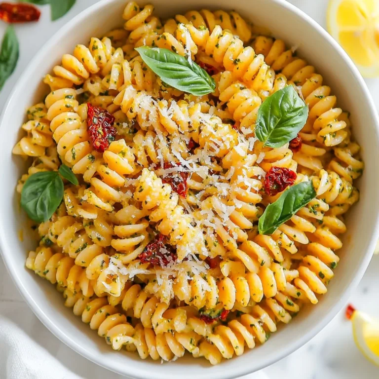 - 12 oz pasta of your choice (fusilli or penne recommended) - 1 cup sun-dried tomatoes in oil, drained and roughly chopped - 1 cup fresh basil leaves (packed) - 1/2 cup grated Parmesan cheese (or nutritional yeast for a vegan option) - 1/3 cup pine nuts (walnuts are a great substitute) - 2 cloves garlic, minced - 1/4 cup extra virgin olive oil - Salt and freshly ground black pepper, to taste - 1/2 teaspoon red pepper flakes (optional for a touch of heat) - Fresh basil leaves, for garnish When making sun-dried tomato pesto pasta, choose your pasta. Fusilli and penne work great. The shapes hold the sauce well. Next, grab sun-dried tomatoes. Use those packed in oil for added flavor. Drain and chop them up roughly. For cheese, I love using grated Parmesan. It adds a nice saltiness. If you want a vegan meal, use nutritional yeast instead. It gives a cheesy taste without dairy. Now, let’s talk nuts. Pine nuts are the classic choice. They add a rich flavor to the pesto. However, walnuts are a tasty alternative. They also bring a different texture to the dish. Gather these ingredients, and you're ready to create a quick and flavorful meal. {{ingredient_image_2}} To start, fill a large pot with water. Add salt to the water. Bring the water to a rolling boil. Once boiling, add 12 oz of your favorite pasta, like fusilli or penne. Cook according to the package instructions until it is al dente. Al dente means the pasta is firm to the bite. After cooking, reserve 1 cup of the pasta water before draining the rest. This water helps make the sauce creamy. Set the drained pasta back in the pot. Now, let’s make the sun-dried tomato pesto. You will need sun-dried tomatoes, fresh basil, grated Parmesan cheese, pine nuts, garlic, and olive oil. If you want a vegan option, use nutritional yeast instead of cheese. In a food processor, add 1 cup of chopped sun-dried tomatoes, 1 cup of packed fresh basil leaves, 1/2 cup of grated Parmesan, 1/3 cup of pine nuts, and 2 minced garlic cloves. Pulse the mixture until it is roughly chopped and blended. With the food processor running, slowly drizzle in 1/4 cup of olive oil. Keep blending until the mixture becomes a smooth paste. If it is too thick, add small amounts of the reserved pasta water. Keep adding until you reach a creamy texture. Now, take the cooked pasta out of the heat. Pour the sun-dried tomato pesto over the pasta. Gently toss the pasta in the pesto until it is well coated. If the pasta looks dry, add a bit more reserved pasta water. This step makes sure every bite is flavorful and creamy. To make your pesto shine, you have options for the flavor. You can add more garlic for a bolder taste. If you want a bit of zest, try adding lemon juice. For a nuttier flavor, switch to walnuts or add more pine nuts. When seasoning, start with salt and freshly ground black pepper. Taste as you go. If you want heat, sprinkle in red pepper flakes. Just a little can make a big difference. Garnishes can elevate your dish. Fresh basil leaves add color and freshness. A sprinkle of Parmesan cheese or nutritional yeast gives a nice touch. You can also add a drizzle of olive oil for shine. For an appealing look, serve in deep, wide bowls. Drizzle olive oil on top and sprinkle red pepper flakes. A lemon wedge on the side lets guests add brightness to the dish. Be careful not to overcook your pasta. Aim for al dente; it should have a bit of bite. This keeps the pasta from becoming mushy. When making pesto, watch the consistency. If it’s too thin, your pasta will not hold the sauce. If it’s too thick, it can clump. Use the reserved pasta water slowly to reach the perfect texture. Pro Tips Choose the Right Pasta: Opt for pasta shapes like fusilli or penne that hold onto the pesto well, enhancing each bite with flavor. Use Quality Ingredients: The flavor of your pesto will depend heavily on the quality of your sun-dried tomatoes and olive oil, so choose the best you can find. Make Ahead: This pesto can be made in advance and stored in the refrigerator for up to a week. Just add a bit of reserved pasta water when mixing with the pasta to refresh the texture. Experiment with Nuts: While pine nuts are traditional, feel free to substitute with walnuts or even almonds for a different flavor profile. {{image_4}} You can easily adjust this recipe to fit your diet. If you are vegan, swap out the cheese. Use nutritional yeast instead of Parmesan cheese. This gives you a similar cheesy flavor without dairy. For nuts, you can use sunflower seeds or pumpkin seeds instead of pine nuts. They add a nice crunch, too. If you need gluten-free pasta, look for options made from rice or chickpeas. They work well in this recipe. To make this dish even more exciting, try adding protein. Grilled chicken or shrimp pairs perfectly with the sun-dried tomato pesto. Simply cook them separately, then mix them in with the pasta. You can also add more veggies for texture. Spinach adds a nice pop of color and nutrition. Bell peppers bring a sweet crunch. Just sauté them lightly before mixing into your pasta. These changes keep the dish fresh and fun! To store leftovers, place them in an airtight container. Make sure the pasta is cool before sealing. This helps keep the flavors fresh. Store the container in the refrigerator. Your pasta will stay good for up to three days. After that, it may lose its taste and texture. When reheating, use low heat on the stove. This method warms the pasta evenly. Add a splash of reserved pasta water if it seems dry. You can also use the microwave. Heat in short bursts, stirring often to avoid hot spots. For a quick recipe, turn leftovers into a pasta bake. Just mix in some cheese and bake at 350°F until golden. This gives your dish a new life and a yummy crust! You can use roasted red peppers or fresh tomatoes. These options give a different taste but still work well. If you want more depth, try adding some olives for a salty kick. Fresh herbs, like oregano or thyme, can also enhance the flavor. They add a nice touch and freshness to your dish. Yes, you can make pesto ahead of time. Store it in an airtight container in the fridge. To keep it fresh, add a layer of olive oil on top. This helps prevent browning. Pesto can last for about a week in the fridge. You can also freeze it in ice cube trays for longer storage. Just pop out a cube when you need it! Sun-Dried Tomato Pesto Pasta can be a healthy meal. It has good fats from olive oil and nuts. The fresh basil and tomatoes add vitamins and antioxidants. Using whole-grain pasta boosts the fiber content. A serving size is about one cup, which is filling without being too heavy. Just watch the cheese and oil amounts if you're watching calories. This post covered how to make a tasty sun-dried tomato pesto pasta. We explored key ingredients, from pasta and sun-dried tomatoes to cheese choices and nuts. I shared step-by-step instructions for cooking pasta, making pesto, and combining them well. Remember the tips for perfecting your dish and avoiding common mistakes. In the end, you can adjust flavors and serve it beautifully. Enjoy exploring variations and storing leftovers. Dive in and make this dish your own!