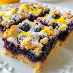 - 2 cups all-purpose flour - 1 cup rolled oats - 3/4 cup brown sugar, firmly packed - 1/2 teaspoon baking powder - 1/2 teaspoon baking soda - 1/4 teaspoon salt - 1/2 cup unsalted butter, melted - 1 cup fresh blueberries - Zest of 2 lemons - 1/4 cup fresh lemon juice - 1/2 cup granulated sugar - 1 tablespoon cornstarch To make Lemon Blueberry Crumble Bars, gather these fresh and simple ingredients. Each one plays a key role in crafting a treat that is both tangy and sweet. Start with the base. The all-purpose flour and rolled oats form a sturdy and tasty crust. Brown sugar adds a rich flavor. The baking powder and baking soda help it rise. A hint of salt balances the sweetness. Next, melted butter brings everything together. It gives a rich texture. For the filling, fresh blueberries shine. Their natural sweetness pairs with lemon zest and juice. This adds a bright, zesty flavor. Granulated sugar sweetens the mix, while cornstarch thickens the filling. With this ingredient list, you're ready to create a delightful dessert full of flavor. Each bite will be a burst of blueberry and lemon goodness. {{ingredient_image_2}} Start by preheating your oven to 350&deg;F (175&deg;C). This ensures your bars bake evenly. Next, take a 9x9 inch baking pan. You can grease it lightly with butter or line it with parchment paper. Lining helps with easy removal later. In a large bowl, mix 2 cups of all-purpose flour, 1 cup of rolled oats, and 3/4 cup of packed brown sugar. Add 1/2 teaspoon of baking powder, 1/2 teaspoon of baking soda, and 1/4 teaspoon of salt. Whisk until no lumps remain. Pour in 1/2 cup of melted unsalted butter. Mix with your hands or a spatula. Aim for coarse crumbs, leaving some larger pieces. Set aside about 1 cup of this mixture for the topping. Firmly press the rest into the bottom of your baking pan. Bake for 10-12 minutes until the edges turn golden. While the crust bakes, it's time for the filling. In a separate bowl, gently mix 1 cup of fresh blueberries with the zest of 2 lemons and 1/4 cup of fresh lemon juice. Add 1/2 cup of granulated sugar and 1 tablespoon of cornstarch. Toss the blueberries lightly, so they stay intact. Set this mixture aside. Once the crust is done, take it out of the oven. Evenly spread the blueberry filling over the hot crust. Make sure to cover the entire base. Sprinkle the reserved crumble topping over the blueberries. Bake for another 25-30 minutes until the topping is golden brown and the blueberries bubble. After baking, let the bars cool in the pan on a wire rack. This should take at least 30 minutes. Once cool, slice them into squares. For a nice touch, you can dust the bars with powdered sugar and add a lemon slice on the side. To make the crust just right, mix dry ingredients well. This will help avoid lumps. Use your hands or a spatula to combine the melted butter with the dry mix. Aim for coarse crumbs; this adds great texture. Press the crumble mixture firmly into the pan. A good press ensures a sturdy base. Bake the crust until it is lightly golden. This step is key for a crunchy bottom. When making the filling, use fresh blueberries for the best flavor. Toss them gently with lemon zest, juice, sugar, and cornstarch. Be careful not to crush the berries; you want them whole. The cornstarch helps thicken the filling as it bakes. This keeps the bars from getting soggy. Evenly spread the filling on the baked crust. This ensures every bite bursts with berry goodness. For a beautiful finish, dust the cooled bars with powdered sugar. This adds a sweet touch and looks lovely. Serve with a slice of lemon on the side. The bright color enhances the dish. You can also add a scoop of vanilla ice cream for a special treat. Enjoying these bars warm adds to their charm. They are great for gatherings or a cozy night in! Pro Tips Use Frozen Blueberries: If fresh blueberries are not available, you can use frozen ones. Just toss them in a bit of flour to prevent them from sinking to the bottom of the bars. Chill the Butter: For a crumbly texture, try chilling the melted butter slightly before mixing it with the dry ingredients, ensuring a better crumb structure. Experiment with Citrus: Feel free to mix the lemon zest with other citrus fruits like lime or orange for a unique flavor twist in your bars. Cut with a Sharp Knife: For clean edges, use a sharp knife to cut the bars after they have cooled completely, wiping the knife between cuts for a neat presentation. {{image_4}} You can easily change ingredients to meet dietary needs. For a gluten-free version, swap all-purpose flour for a gluten-free flour blend. Make sure it works cup-for-cup. If you need a dairy-free option, use coconut oil or a vegan butter substitute instead of unsalted butter. You can switch up the fruit in these bars. Try raspberries, strawberries, or even blackberries. Each fruit adds its own unique taste. For a fun twist, mix two kinds of berries together. Keep the lemon zest and juice for that bright flavor. To make these bars vegan, use flax eggs or applesauce instead of regular eggs. You can also replace granulated sugar with coconut sugar. This gives the bars a deeper flavor. If you need gluten-free options, check the baking powder and oats to ensure they are certified gluten-free. This way, everyone can enjoy these tasty treats! To keep your Lemon Blueberry Crumble Bars fresh, store them in an airtight container. Place parchment paper between layers. This will prevent them from sticking together. Keep them at room temperature for short-term storage. If you need to store them for longer, the fridge is a good option. When stored correctly, these bars last about 3 to 4 days at room temperature. In the fridge, they can stay fresh for up to a week. Always check for any signs of spoilage, like an off smell or change in texture. To freeze your Lemon Blueberry Crumble Bars, first let them cool completely. Cut them into squares and wrap each piece tightly in plastic wrap. Place the wrapped bars in a freezer-safe bag or container. They will stay good for up to 3 months. When you're ready to enjoy them, thaw them overnight in the fridge or at room temperature. Yes, you can use frozen blueberries. Just make sure to thaw them first. Drain any extra juice. This step helps keep the bars from getting soggy. If your topping is too crumbly, add a bit of melted butter. Mix it in slowly until it holds together better. You want it to stay on top without falling apart. You can make these bars a day before serving. Store them in an airtight container at room temperature. This helps the flavors blend together nicely. Yes! You can use other fruits like limes or raspberries. Just adjust the sugar based on the fruit&rsquo;s sweetness. This change can give a fun twist to your bars. To reheat, use the oven at 350&deg;F for about 10 minutes. This keeps the bars warm and helps the topping stay crisp. If you're in a hurry, microwave for 15-20 seconds. This blog post covered a delicious recipe for lemon blueberry crumble bars. I broke down the ingredients, steps, and tips to help you succeed. You can play with ingredients for diet needs or flavors. Storing and reheating tips ensure your bars taste great for days. Remember, baking can be fun and rewarding. Enjoy making these bars for friends and family. You&rsquo;ll impress them with your skills and delicious treats!