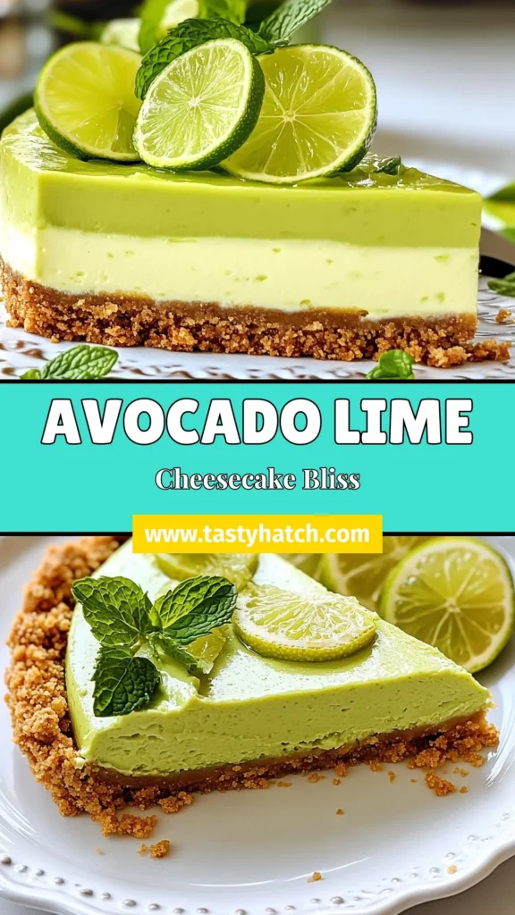 Indulge in this delightful Avocado Lime Cheesecake that's not only a creamy avocado dessert but also a healthy cheesecake recipe. This no-bake avocado cheesecake blends the rich flavors of ripe avocados with zesty lime for the perfect treat. Simple to make with fresh ingredients, it's an ideal addition to your dessert lineup. Don't miss out; save this lime cheesecake recipe for your next gathering! #AvocadoLimeCheesecake #HealthyDesserts #NoBakeCheesecake #LimeRecipes