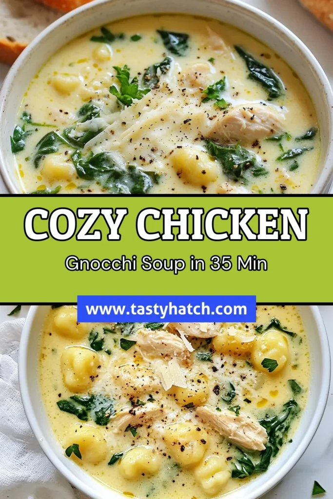 Warm up with this irresistible creamy chicken gnocchi soup! This easy creamy soup recipe combines tender chicken, fluffy gnocchi, and fresh veggies for a comforting meal that's perfect for chilly nights. Discover how to make this hearty chicken soup in just 35 minutes. It's a must-try among cozy soup recipes! Save this creamy chicken gnocchi soup recipe for your next dinner! #ChickenGnocchiSoup #CozySoupRecipes #EasyCreamySoup #HeartyChickenSoup