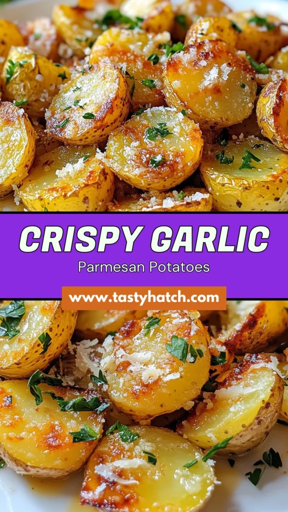 Discover the ultimate easy potato side dish with these Crispy Garlic Parmesan Potatoes! This Roasted Baby Potatoes Recipe features tender potatoes coated in garlic, herbs, and melted Parmesan cheese. Perfect for any meal, these Garlic Parmesan Roasted Potatoes are sure to impress. Try this simple oven roasted potatoes with cheese recipe today! Your family will love them. Save this recipe for delicious roasting inspiration! #PotatoRecipes #GarlicParmesan #EasySides #RoastedVegetables