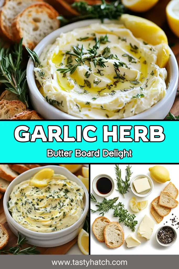 Discover the ultimate garlic herb butter recipe with this delightful butter board appetizer! Perfect for gatherings, it combines an easy garlic herb butter that features a savory garlic butter spread, fresh herbs, and zesty lemon. Serve it with an assortment of breads and crackers for a stunning presentation. Your guests will love this herb-infused butter! Click to save and elevate your next party! #GarlicButter #ButterBoard #AppetizerIdeas #HerbInfusedButter