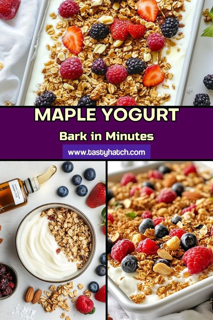 Indulge in this delicious and healthy Maple Granola Yogurt Bark recipe! Perfect as a snack or dessert, this Greek yogurt granola bark is easy to make and full of flavor. With layers of creamy Greek yogurt, sweet maple syrup, crunchy granola, and fresh berries, this frozen yogurt bark is a delightful treat. Discover how to whip up your own homemade yogurt bark and enjoy nutritious yogurt snacks anytime. Save this recipe for later! #MapleYogurtBark #HomemadeYogurtBark #HealthyYogurtSnacks #FrozenYogurtBarkRecipe