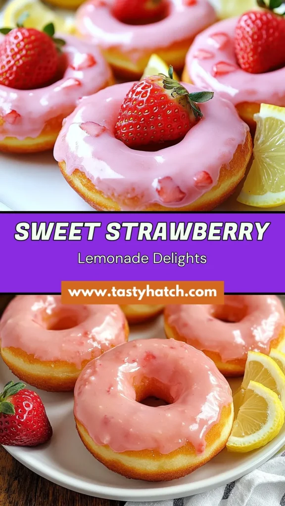 Indulge in the delightfully refreshing taste of Strawberry Lemonade Donuts! This easy baked donuts recipe features fresh strawberry puree and a zesty lemon glaze. Perfect for a sweet snack or breakfast treat, these Fresh Strawberry Donuts are simple to make and a hit at any gathering. Try this Lemon Glaze Donuts recipe and sweeten your day. Save this recipe now and bring a burst of flavor to your kitchen! #DonutRecipe #HomemadeDonuts #BakedDonuts #StrawberryDesserts