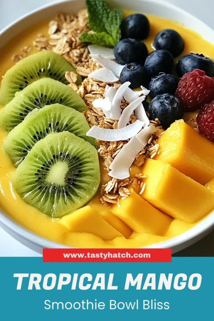 Start your day with a vibrant Tropical Mango Smoothie Bowl that blends ripe mangoes, bananas, and creamy coconut milk for a delicious breakfast. This healthy smoothie bowl recipe is easy to make and topped with fresh kiwi, granola, and berries for added crunch. Enjoy the refreshing mango banana smoothie that's perfect any time! Try this coconut milk smoothie and elevate your mornings. Save and share this delightful breakfast smoothie bowl recipe today! #SmoothieBowl #TropicalSmoothie #HealthyEating #BreakfastInspo