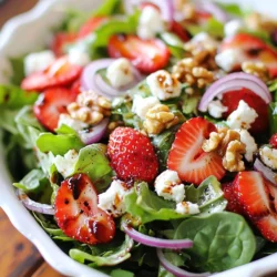 - 4 cups mixed salad greens (baby spinach, fresh arugula, crisp romaine) - 1 cup fresh strawberries, hulled and sliced - 1/2 cup feta cheese, crumbled - 1/4 cup walnuts, lightly toasted - 1/4 cup red onion, finely sliced - 1/4 cup balsamic vinaigrette - 1 tablespoon honey - Salt and pepper to taste To get the best ingredients, visit local farmers' markets. Look for bright greens and firm strawberries. Check the feta cheese for freshness; it should be creamy and crumbly. For walnuts, choose unsalted and lightly toasted for the best flavor. When buying balsamic vinaigrette, opt for a high-quality brand or make your own. - Mixed salad greens: Low in calories, rich in vitamins A and C. - Strawberries: High in vitamin C and antioxidants, low in sugar. - Feta cheese: Contains protein and calcium, adds a creamy texture. - Walnuts: Good source of healthy fats and omega-3s, supports heart health. - Red onion: Provides fiber and antioxidants, adds a mild sharpness. - Balsamic vinaigrette: Adds flavor with fewer calories than creamy dressings. - Honey: Natural sweetener with antioxidants, boosts flavor. - Salt and pepper: Essential for enhancing overall taste and balance. {{ingredient_image_2}} Start by rinsing 4 cups of mixed salad greens under cold water. This step is key to removing dirt and grit. Use a paper towel or salad spinner to dry them well. Once dry, place the greens in a large salad bowl. Fluff them up gently to keep the texture light and airy. Next, grab 1 cup of fresh strawberries. Hull and slice them into thick rounds. Add these juicy slices to the salad bowl, spreading them evenly among the greens. Now, crumble 1/2 cup of feta cheese and sprinkle it over the top. For some crunch, add 1/4 cup of lightly toasted walnuts. Finally, include 1/4 cup of finely sliced red onion for a mild sharpness. In a small bowl, mix together 1/4 cup of balsamic vinaigrette and 1 tablespoon of honey. Whisk them until smooth. Add a pinch of salt and freshly cracked pepper to taste. Drizzle this dressing over the salad. Now, use two large salad spoons to gently toss everything together. Make sure all the greens are coated well and the toppings are evenly mixed. Taste the salad and adjust the seasoning if needed. Serve it right away for the best taste or chill it for 15 minutes to let the flavors blend. To keep your salad fresh, store it in an airtight container. I recommend using a salad spinner to remove excess water from the greens. This keeps them crisp. If you have leftovers, eat them within one day. The strawberries and greens lose texture quickly. Seasoning makes a big difference. Start with salt and pepper. Taste the salad after mixing. If it needs more tang, add a bit of balsamic vinaigrette. For extra sweetness, drizzle in some honey. Just a little can balance the flavors well. Serving is all about looks! Use a large bowl or individual plates. Arrange the greens first, then layer the strawberries and cheese. Add walnuts last for crunch. Garnish with more strawberry slices on top. This makes the salad pop and look inviting. Pro Tips Choose Fresh Ingredients: Always opt for the freshest strawberries and greens to enhance the flavor and nutritional value of your salad. Customize Your Nuts: Feel free to substitute walnuts with other nuts like pecans or almonds for a different flavor profile and crunch. Make It a Meal: To turn this salad into a complete meal, consider adding grilled chicken or chickpeas for extra protein. Prepare Ahead: If you're short on time, wash and dry the greens a day in advance and store them in the refrigerator to keep them crisp. {{image_4}} You can easily switch ingredients to fit your diet. If you want a vegan option, skip the feta cheese. Instead, try using avocado for creaminess. If you are gluten-free, make sure your balsamic vinaigrette is safe. You can even add chickpeas for extra protein and texture. To make this salad a full meal, add some protein. Grilled chicken or shrimp work well. If you prefer plant-based, try black beans or tofu. This will give you a hearty salad that fills you up while keeping it fresh and light. Change ingredients based on what is in season. In summer, add peaches or blueberries for a sweet twist. In fall, sliced apples or pears can give a nice crunch. You can also use nuts like pecans or almonds to change the flavor profile. Using seasonal ingredients keeps the salad exciting and flavorful all year round. To store leftover Strawberry Fields Salad, place it in an airtight container. Make sure to cover it well to keep air out. If you have any dressing left, store it separately. This way, it won&rsquo;t make the greens soggy. This salad is best served cold and fresh. You don&rsquo;t need to heat any ingredients. If you want to enjoy walnuts warm, toast them right before serving. This will boost their flavor and crunch. You can keep the salad in the fridge for up to two days. After that, the greens may wilt, and flavors may fade. Always check for freshness before eating. If it smells off or looks slimy, it&rsquo;s best to toss it. Yes, you can prepare parts of the salad ahead of time. Wash and dry the salad greens first. Store them in a sealed container in the fridge. Slice the strawberries, and keep them in a separate container. You want them fresh when serving. Mix the dressing in another jar for easy access. This way, you can quickly assemble the salad when you&rsquo;re ready. Besides balsamic vinaigrette, you can try other dressings. A honey mustard dressing adds a nice sweetness. Lemon vinaigrette gives a bright, zesty flavor. A yogurt-based dressing can add creaminess without extra fat. Feel free to experiment! Each dressing changes the salad's taste for variety. Not at all! You can swap strawberries for other fruits. Blueberries add a sweet burst. Sliced peaches or nectarines bring a juicy, summery taste. Even apples can work well for crunch. Use what you love, and enjoy the different flavors! In this blog post, I shared how to make a delicious Strawberry Fields Salad. You learned about the fresh ingredients, step-by-step prep, and tips for a great taste. I also gave ideas for food swaps and storage to keep your salad fresh. Explore your own flavor twists and enjoy the vibrant tastes of this dish. With a few simple steps, you can make a salad that pleases any palate. Enjoy your fresh, tasty creation!