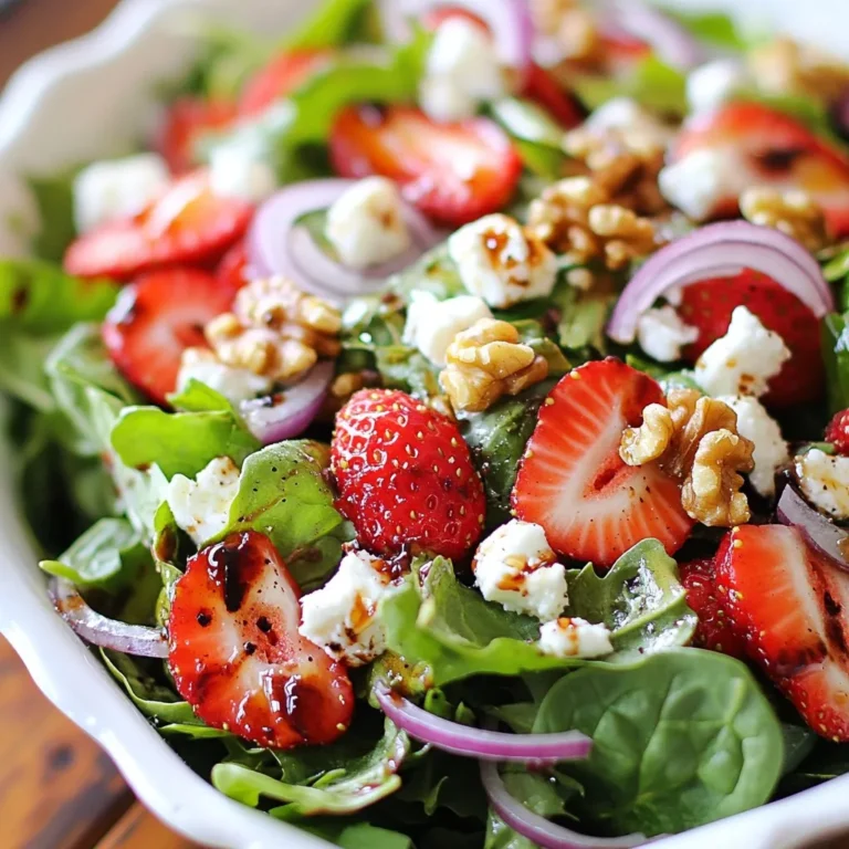 - 4 cups mixed salad greens (baby spinach, fresh arugula, crisp romaine) - 1 cup fresh strawberries, hulled and sliced - 1/2 cup feta cheese, crumbled - 1/4 cup walnuts, lightly toasted - 1/4 cup red onion, finely sliced - 1/4 cup balsamic vinaigrette - 1 tablespoon honey - Salt and pepper to taste To get the best ingredients, visit local farmers' markets. Look for bright greens and firm strawberries. Check the feta cheese for freshness; it should be creamy and crumbly. For walnuts, choose unsalted and lightly toasted for the best flavor. When buying balsamic vinaigrette, opt for a high-quality brand or make your own. - Mixed salad greens: Low in calories, rich in vitamins A and C. - Strawberries: High in vitamin C and antioxidants, low in sugar. - Feta cheese: Contains protein and calcium, adds a creamy texture. - Walnuts: Good source of healthy fats and omega-3s, supports heart health. - Red onion: Provides fiber and antioxidants, adds a mild sharpness. - Balsamic vinaigrette: Adds flavor with fewer calories than creamy dressings. - Honey: Natural sweetener with antioxidants, boosts flavor. - Salt and pepper: Essential for enhancing overall taste and balance. {{ingredient_image_2}} Start by rinsing 4 cups of mixed salad greens under cold water. This step is key to removing dirt and grit. Use a paper towel or salad spinner to dry them well. Once dry, place the greens in a large salad bowl. Fluff them up gently to keep the texture light and airy. Next, grab 1 cup of fresh strawberries. Hull and slice them into thick rounds. Add these juicy slices to the salad bowl, spreading them evenly among the greens. Now, crumble 1/2 cup of feta cheese and sprinkle it over the top. For some crunch, add 1/4 cup of lightly toasted walnuts. Finally, include 1/4 cup of finely sliced red onion for a mild sharpness. In a small bowl, mix together 1/4 cup of balsamic vinaigrette and 1 tablespoon of honey. Whisk them until smooth. Add a pinch of salt and freshly cracked pepper to taste. Drizzle this dressing over the salad. Now, use two large salad spoons to gently toss everything together. Make sure all the greens are coated well and the toppings are evenly mixed. Taste the salad and adjust the seasoning if needed. Serve it right away for the best taste or chill it for 15 minutes to let the flavors blend. To keep your salad fresh, store it in an airtight container. I recommend using a salad spinner to remove excess water from the greens. This keeps them crisp. If you have leftovers, eat them within one day. The strawberries and greens lose texture quickly. Seasoning makes a big difference. Start with salt and pepper. Taste the salad after mixing. If it needs more tang, add a bit of balsamic vinaigrette. For extra sweetness, drizzle in some honey. Just a little can balance the flavors well. Serving is all about looks! Use a large bowl or individual plates. Arrange the greens first, then layer the strawberries and cheese. Add walnuts last for crunch. Garnish with more strawberry slices on top. This makes the salad pop and look inviting. Pro Tips Choose Fresh Ingredients: Always opt for the freshest strawberries and greens to enhance the flavor and nutritional value of your salad. Customize Your Nuts: Feel free to substitute walnuts with other nuts like pecans or almonds for a different flavor profile and crunch. Make It a Meal: To turn this salad into a complete meal, consider adding grilled chicken or chickpeas for extra protein. Prepare Ahead: If you're short on time, wash and dry the greens a day in advance and store them in the refrigerator to keep them crisp. {{image_4}} You can easily switch ingredients to fit your diet. If you want a vegan option, skip the feta cheese. Instead, try using avocado for creaminess. If you are gluten-free, make sure your balsamic vinaigrette is safe. You can even add chickpeas for extra protein and texture. To make this salad a full meal, add some protein. Grilled chicken or shrimp work well. If you prefer plant-based, try black beans or tofu. This will give you a hearty salad that fills you up while keeping it fresh and light. Change ingredients based on what is in season. In summer, add peaches or blueberries for a sweet twist. In fall, sliced apples or pears can give a nice crunch. You can also use nuts like pecans or almonds to change the flavor profile. Using seasonal ingredients keeps the salad exciting and flavorful all year round. To store leftover Strawberry Fields Salad, place it in an airtight container. Make sure to cover it well to keep air out. If you have any dressing left, store it separately. This way, it won’t make the greens soggy. This salad is best served cold and fresh. You don’t need to heat any ingredients. If you want to enjoy walnuts warm, toast them right before serving. This will boost their flavor and crunch. You can keep the salad in the fridge for up to two days. After that, the greens may wilt, and flavors may fade. Always check for freshness before eating. If it smells off or looks slimy, it’s best to toss it. Yes, you can prepare parts of the salad ahead of time. Wash and dry the salad greens first. Store them in a sealed container in the fridge. Slice the strawberries, and keep them in a separate container. You want them fresh when serving. Mix the dressing in another jar for easy access. This way, you can quickly assemble the salad when you’re ready. Besides balsamic vinaigrette, you can try other dressings. A honey mustard dressing adds a nice sweetness. Lemon vinaigrette gives a bright, zesty flavor. A yogurt-based dressing can add creaminess without extra fat. Feel free to experiment! Each dressing changes the salad's taste for variety. Not at all! You can swap strawberries for other fruits. Blueberries add a sweet burst. Sliced peaches or nectarines bring a juicy, summery taste. Even apples can work well for crunch. Use what you love, and enjoy the different flavors! In this blog post, I shared how to make a delicious Strawberry Fields Salad. You learned about the fresh ingredients, step-by-step prep, and tips for a great taste. I also gave ideas for food swaps and storage to keep your salad fresh. Explore your own flavor twists and enjoy the vibrant tastes of this dish. With a few simple steps, you can make a salad that pleases any palate. Enjoy your fresh, tasty creation!