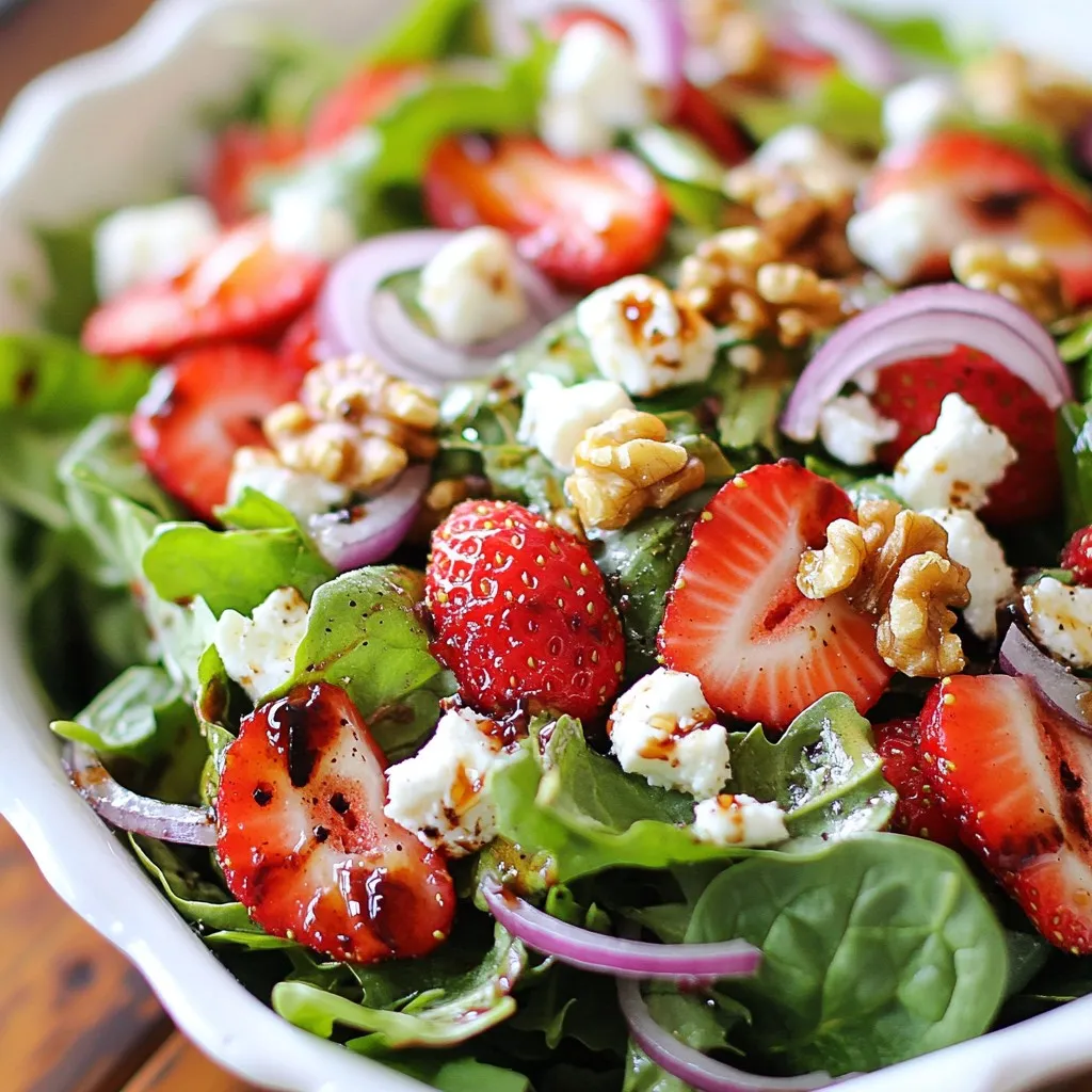 - 4 cups mixed salad greens (baby spinach, fresh arugula, crisp romaine) - 1 cup fresh strawberries, hulled and sliced - 1/2 cup feta cheese, crumbled - 1/4 cup walnuts, lightly toasted - 1/4 cup red onion, finely sliced - 1/4 cup balsamic vinaigrette - 1 tablespoon honey - Salt and pepper to taste To get the best ingredients, visit local farmers' markets. Look for bright greens and firm strawberries. Check the feta cheese for freshness; it should be creamy and crumbly. For walnuts, choose unsalted and lightly toasted for the best flavor. When buying balsamic vinaigrette, opt for a high-quality brand or make your own. - Mixed salad greens: Low in calories, rich in vitamins A and C. - Strawberries: High in vitamin C and antioxidants, low in sugar. - Feta cheese: Contains protein and calcium, adds a creamy texture. - Walnuts: Good source of healthy fats and omega-3s, supports heart health. - Red onion: Provides fiber and antioxidants, adds a mild sharpness. - Balsamic vinaigrette: Adds flavor with fewer calories than creamy dressings. - Honey: Natural sweetener with antioxidants, boosts flavor. - Salt and pepper: Essential for enhancing overall taste and balance. {{ingredient_image_2}} Start by rinsing 4 cups of mixed salad greens under cold water. This step is key to removing dirt and grit. Use a paper towel or salad spinner to dry them well. Once dry, place the greens in a large salad bowl. Fluff them up gently to keep the texture light and airy. Next, grab 1 cup of fresh strawberries. Hull and slice them into thick rounds. Add these juicy slices to the salad bowl, spreading them evenly among the greens. Now, crumble 1/2 cup of feta cheese and sprinkle it over the top. For some crunch, add 1/4 cup of lightly toasted walnuts. Finally, include 1/4 cup of finely sliced red onion for a mild sharpness. In a small bowl, mix together 1/4 cup of balsamic vinaigrette and 1 tablespoon of honey. Whisk them until smooth. Add a pinch of salt and freshly cracked pepper to taste. Drizzle this dressing over the salad. Now, use two large salad spoons to gently toss everything together. Make sure all the greens are coated well and the toppings are evenly mixed. Taste the salad and adjust the seasoning if needed. Serve it right away for the best taste or chill it for 15 minutes to let the flavors blend. To keep your salad fresh, store it in an airtight container. I recommend using a salad spinner to remove excess water from the greens. This keeps them crisp. If you have leftovers, eat them within one day. The strawberries and greens lose texture quickly. Seasoning makes a big difference. Start with salt and pepper. Taste the salad after mixing. If it needs more tang, add a bit of balsamic vinaigrette. For extra sweetness, drizzle in some honey. Just a little can balance the flavors well. Serving is all about looks! Use a large bowl or individual plates. Arrange the greens first, then layer the strawberries and cheese. Add walnuts last for crunch. Garnish with more strawberry slices on top. This makes the salad pop and look inviting. Pro Tips Choose Fresh Ingredients: Always opt for the freshest strawberries and greens to enhance the flavor and nutritional value of your salad. Customize Your Nuts: Feel free to substitute walnuts with other nuts like pecans or almonds for a different flavor profile and crunch. Make It a Meal: To turn this salad into a complete meal, consider adding grilled chicken or chickpeas for extra protein. Prepare Ahead: If you're short on time, wash and dry the greens a day in advance and store them in the refrigerator to keep them crisp. {{image_4}} You can easily switch ingredients to fit your diet. If you want a vegan option, skip the feta cheese. Instead, try using avocado for creaminess. If you are gluten-free, make sure your balsamic vinaigrette is safe. You can even add chickpeas for extra protein and texture. To make this salad a full meal, add some protein. Grilled chicken or shrimp work well. If you prefer plant-based, try black beans or tofu. This will give you a hearty salad that fills you up while keeping it fresh and light. Change ingredients based on what is in season. In summer, add peaches or blueberries for a sweet twist. In fall, sliced apples or pears can give a nice crunch. You can also use nuts like pecans or almonds to change the flavor profile. Using seasonal ingredients keeps the salad exciting and flavorful all year round. To store leftover Strawberry Fields Salad, place it in an airtight container. Make sure to cover it well to keep air out. If you have any dressing left, store it separately. This way, it won’t make the greens soggy. This salad is best served cold and fresh. You don’t need to heat any ingredients. If you want to enjoy walnuts warm, toast them right before serving. This will boost their flavor and crunch. You can keep the salad in the fridge for up to two days. After that, the greens may wilt, and flavors may fade. Always check for freshness before eating. If it smells off or looks slimy, it’s best to toss it. Yes, you can prepare parts of the salad ahead of time. Wash and dry the salad greens first. Store them in a sealed container in the fridge. Slice the strawberries, and keep them in a separate container. You want them fresh when serving. Mix the dressing in another jar for easy access. This way, you can quickly assemble the salad when you’re ready. Besides balsamic vinaigrette, you can try other dressings. A honey mustard dressing adds a nice sweetness. Lemon vinaigrette gives a bright, zesty flavor. A yogurt-based dressing can add creaminess without extra fat. Feel free to experiment! Each dressing changes the salad's taste for variety. Not at all! You can swap strawberries for other fruits. Blueberries add a sweet burst. Sliced peaches or nectarines bring a juicy, summery taste. Even apples can work well for crunch. Use what you love, and enjoy the different flavors! In this blog post, I shared how to make a delicious Strawberry Fields Salad. You learned about the fresh ingredients, step-by-step prep, and tips for a great taste. I also gave ideas for food swaps and storage to keep your salad fresh. Explore your own flavor twists and enjoy the vibrant tastes of this dish. With a few simple steps, you can make a salad that pleases any palate. Enjoy your fresh, tasty creation!