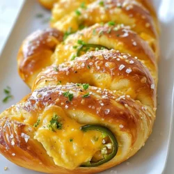 - 2 &frac12; cups all-purpose flour - 1 packet (2 &frac14; teaspoons) active dry yeast - 1 tablespoon granulated sugar - 1 teaspoon salt - 1 cup warm water (110&deg;F/43&deg;C) - 1/4 cup unsalted butter, melted - 1 cup sharp cheddar cheese, shredded - 2-3 jalape&ntilde;os, finely chopped (seeds removed for milder flavor) - 1/2 teaspoon garlic powder - 1/4 teaspoon smoked paprika - 1/4 cup baking soda (for the pretzel bath) - Coarse sea salt (for topping) When making jalape&ntilde;o cheddar stuffed pretzels, you need to gather all these ingredients first. The flour is the base for the dough. Yeast makes the dough rise and gives it a soft texture. Sugar helps the yeast work better. Salt adds flavor to the dough. For the cheesy filling, sharp cheddar cheese gives a rich taste. Jalape&ntilde;os bring a spicy kick, and you can adjust the heat by choosing whether to keep the seeds or not. Garlic powder and smoked paprika add depth to the flavor. Don&rsquo;t forget the baking soda! It&rsquo;s essential for the pretzel bath. This step gives the pretzels their classic chewy texture. Finally, coarse sea salt is the perfect topping, adding that crunch and savory flavor. Make sure you have everything ready. This will help you enjoy the cooking process. {{ingredient_image_2}} First, you need to mix warm water, sugar, and yeast. Use 1 cup of warm water at 110&deg;F (43&deg;C). Add 1 tablespoon of sugar and 1 packet of active dry yeast. Stir gently and let it sit for 5-10 minutes. After that time, check the mixture. It should look frothy and bubbly, showing that your yeast is active and ready to use. Next, we combine the dry and wet ingredients. In a large bowl, whisk together 2 &frac12; cups of all-purpose flour, 1 teaspoon of salt, &frac12; teaspoon of garlic powder, and &frac14; teaspoon of smoked paprika. Make a well in the center of this mixture. Pour in the melted butter and the yeast mixture. Stir until a soft dough forms. Now, knead the dough on a floured surface for about 5-7 minutes. You want the dough to be smooth and elastic. After kneading, form the dough into a ball. Place it in a greased bowl and cover it with a clean cloth. Let it rise in a warm area for about 1 hour, or until it doubles in size. Once the dough has risen, it&rsquo;s time to form the pretzels. Gently punch the dough down to release air. Divide the dough into 10 equal pieces. Roll each piece into a rope about 12-14 inches long. Slightly flatten each rope and place a spoonful of the jalape&ntilde;o cheddar mixture in the center. To seal, fold the dough over the filling and pinch the edges tightly. This way, the cheesy goodness stays inside. Shape each pretzel into a classic twist or any shape you like. Now, let&rsquo;s prepare the pretzel bath. In a large pot, bring water to a rolling boil. Add &frac14; cup of baking soda to the water. Carefully lower each stuffed pretzel into the boiling water. Boil for about 30 seconds, flipping them halfway through. Use a slotted spoon to remove the pretzels and place them on a lined baking sheet. Before baking, sprinkle coarse sea salt on each pretzel. Preheat your oven to 425&deg;F (220&deg;C) and bake the pretzels for 12-15 minutes. Look for a lovely golden-brown color. Once baked, let them cool on a wire rack for a bit before serving. Enjoy your delicious Jalape&ntilde;o Cheddar Stuffed Pretzels! Dough elasticity is key for great pretzels. If your dough is too dry, add a bit of water. If it feels too sticky, sprinkle flour a little at a time. Knead until smooth and stretchy. You know the pretzels are done when they are golden brown and firm when touched. Aim for 12 to 15 minutes in the oven for the best results. Storing stuffed pretzels is simple. Let them cool completely, then place them in an airtight container. Keep them in the fridge for up to three days. For reheating, use an oven. Preheat to 350&deg;F (175&deg;C) and bake for about 10 minutes. This keeps the outside crispy and the inside warm. Pair these pretzels with tasty dips. Cheese dip adds a creamy touch. Spicy mustard gives a nice kick. For a fun presentation, serve them on a wooden board. Add small bowls of dip for a colorful look. This setup is perfect for parties or gatherings. Pro Tips Use Fresh Jalape&ntilde;os: For the best flavor, use fresh jalape&ntilde;os instead of jarred ones, and adjust the amount based on your spice preference. Knead Thoroughly: Ensure that you knead the dough for at least 5-7 minutes to achieve that perfect, smooth, and elastic texture. Pretzel Bath Importance: Don't skip the baking soda bath! It gives the pretzels their signature flavor and chewy texture. Cool on a Rack: Allow the pretzels to cool on a wire rack to maintain their crispy exterior and prevent sogginess. {{image_4}} You can play around with the cheese in these pretzels. Instead of sharp cheddar, try pepper jack for a spicy kick. Mozzarella gives a nice stretch and a milder taste. You can even mix cheeses for a unique flavor. Each option adds a different twist to the classic recipe. Don't stop at just cheese and jalape&ntilde;os! You can add crispy bacon for a smoky flavor. Spinach adds a fresh green touch and pairs well with cheese. Try mixing in some cream cheese for extra creaminess. Be creative with your fillings to make each batch unique. You can change the dough to fit your needs. Whole wheat flour gives a nutty flavor and more fiber. If you are gluten-free, use a gluten-free flour blend. Both options keep the pretzel's texture while making them healthier. Adjusting the dough can make a big difference in taste and health. You can find great stuffed pretzels at local bakeries. Look for shops that make artisanal pretzels. Many of these places use fresh ingredients. They often have unique flavors, too. Ask for jalape&ntilde;o cheddar if it's not on display. Some of my favorites include: - Pretzel Bakery: Known for their classic and stuffed options. - Artisan Pretzels: Offers gourmet versions with local ingredients. - The Pretzel Shop: A small chain with great taste and fresh pretzels. If you want stuffed pretzels delivered to your door, many brands offer them online. Here are a few I trust: - Gourmet Pretzel Co.: This brand has a variety of stuffed pretzels. - Pretzel Perfection: They ship fresh, tasty options right to you. - Mamma's Pretzels: Known for their jalape&ntilde;o cheddar flavor. Food trucks often serve the best pretzels. You can enjoy them at local food festivals too. Here are some popular spots: - The Pretzel Truck: They specialize in stuffed pretzels made fresh daily. - Festival Foods: Many fairs feature food trucks with gourmet pretzels. - Local Food Events: Check the schedule for nearby festivals to find new flavors. These options make it easy to enjoy jalape&ntilde;o cheddar stuffed pretzels, whether at home or out and about! To reduce the heat, you can modify the jalape&ntilde;os. Here are some tips: - Remove the seeds and membranes. This part holds most heat. - Use fewer jalape&ntilde;os in the filling. Start with one for a milder taste. - Consider using a milder pepper, like bell pepper, for a fresh flavor. - Mix in cream cheese with the cheddar. This adds creaminess and cools the spice. Yes, you can freeze stuffed pretzels. Here are the best practices: - Let the pretzels cool completely after baking. - Wrap each pretzel in plastic wrap tightly. - Place them in a freezer bag or an airtight container. - Label with the date. They last up to three months in the freezer. - To thaw, place them in the fridge overnight. Reheat in the oven, not the microwave, for best results. Homemade pretzels stay fresh for about 2-3 days at room temperature. Here&rsquo;s how to keep them: - Store in an airtight container to keep them soft. - For longer storage, refrigerate them for up to a week. - Make sure to reheat them in the oven for a tasty bite. Making delicious stuffed pretzels at home is simple and fun. We covered the key ingredients, like flour, cheese, and jalape&ntilde;os. I provided step-by-step instructions for activating yeast, preparing dough, and perfecting the boiling and baking process. You learned tips for texture, storage, and great serving ideas. With variations like different cheese and alternative fillings, you can get creative. Whether you buy or make them, stuffed pretzels will impress your friends and family. Enjoy every bite and make it your own!