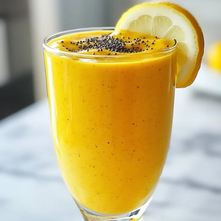 - 1 frozen banana - 1 cup coconut milk or almond milk - 1 teaspoon fresh ginger, freshly grated - 1 teaspoon turmeric powder or 1-inch piece of fresh turmeric, grated - 1 tablespoon honey or maple syrup - 1/2 teaspoon ground cinnamon - Juice of 1/2 fresh lemon - 1 tablespoon chia seeds (optional) - A pinch of black pepper - Ice cubes (optional) When making a Turmeric Ginger Immunity Smoothie, the right ingredients matter. Each one plays a key role in taste and health. The frozen banana gives a creamy texture. Coconut milk or almond milk adds a rich flavor. Fresh ginger and turmeric boost immunity with their powerful properties. Honey or maple syrup sweetens the drink naturally. Ground cinnamon and lemon juice add zest. Chia seeds give extra nutrients, while black pepper helps your body absorb turmeric better. Ice cubes can make it colder if you like. Choosing high-quality ingredients makes all the difference. Fresh ginger and turmeric pack more flavor and benefits than dried. Use ripe bananas for the best taste. This smoothie is not just good to drink; it’s a treat for your body. {{ingredient_image_2}} - Step 1: Blend the frozen banana Start by placing the frozen banana in your blender. This will make your smoothie thick and creamy. Blend it well until smooth. - Step 2: Add liquid base and spices Next, pour in one cup of coconut milk or almond milk. Then, add one teaspoon of freshly grated ginger and one teaspoon of turmeric powder. If you have fresh turmeric, you can use a one-inch piece, grated. - Step 3: Incorporate chia seeds (if using) If you want extra nutrients, add one tablespoon of chia seeds. They help boost fiber and protein in your smoothie. - Step 4: Blend and taste adjustments Blend all the ingredients on high speed until you have a smooth mixture. Taste your smoothie. If you want it sweeter, add honey or maple syrup to your liking. - Step 5: Serve and enjoy Pour your vibrant smoothie into a tall glass. If you like it cold, add some ice cubes before blending again. You can also garnish with a sprinkle of cinnamon or a lemon slice for a pretty touch. Enjoy your tasty, healthy drink! Using a ripe frozen banana gives your smoothie a rich creaminess. The banana blends well and adds natural sweetness. If you want a different taste, try almond milk instead of coconut milk. Both work great, so choose what you like best. You can adjust the sweetness by adding more honey or maple syrup. Start with one tablespoon and taste it. If you want more sweetness, add a little more. This way, you can make it just right for your taste buds. Turmeric and ginger are great for boosting your immune system. They both have powerful properties that help fight off sickness. Turmeric has curcumin, which is known for its anti-inflammatory effects. Ginger also helps with digestion and can ease nausea. Chia seeds add extra nutrition to your smoothie. They are high in fiber, protein, and omega-3 fatty acids. These tiny seeds help keep you full and support heart health. Don't forget black pepper! It may seem small, but it helps your body absorb turmeric better. Just a pinch can make a big difference in how you benefit from this golden spice. Pro Tips Use Fresh Ingredients: Whenever possible, opt for fresh ginger and turmeric for a more vibrant flavor and enhanced health benefits. Adjust Sweetness to Taste: Feel free to increase or decrease the amount of honey or maple syrup based on your personal preference for sweetness. Include Protein: For a more filling smoothie, consider adding a scoop of protein powder or a tablespoon of nut butter. Experiment with Add-Ins: Try adding spinach or kale for additional nutrients without altering the taste significantly. {{image_4}} You can add fun fruits to your smoothie. Try adding spinach for extra nutrients. It blends well and keeps the green color. Pineapple adds a sweet, tropical taste. You might like using berries like strawberries or blueberries for a burst of flavor. Each fruit gives a unique twist to your drink. If you follow a vegan diet, use maple syrup instead of honey. Almond milk is a great choice too. For nut-free options, stick with coconut milk. It keeps the creamy texture without the nuts. If you're avoiding dairy, coconut milk works perfectly. These changes let everyone enjoy this smoothie! You can store your smoothie in an airtight container. Glass jars work great. Keep it in the fridge. It stays fresh for up to 24 hours. If you want to save it longer, freeze it. Pour it into an ice cube tray or freezer-safe container. It can last for about one month in the freezer. If you have extra turmeric and ginger, use them in other dishes. Add turmeric to rice or soups for a health boost. Ginger is perfect for teas or stir-fries. You can also make ginger-infused honey. This adds flavor to drinks or desserts. Both ingredients make great additions to smoothies. Try mixing them in with other fruits or greens. This way, you can enjoy their benefits in many ways. Can I use fresh ginger instead of ground? Yes, you can use fresh ginger. Just grate about one teaspoon of it. Fresh ginger gives a brighter taste and more health benefits. What can I substitute for honey? You can use maple syrup or agave nectar. Both are great options and can add a nice sweetness. How long does the smoothie keep in the refrigerator? The smoothie lasts about one day in the fridge. It’s best fresh but can stay good overnight. Can I make this smoothie ahead of time? Yes, you can prepare it ahead. Just store it in an airtight container. Shake or stir well before drinking. Is it safe to consume turmeric daily? Yes, turmeric is safe in moderate amounts. It has many health benefits when consumed daily. Just be sure to include black pepper for better absorption. This smoothie recipe blends frozen banana, coconut milk, and spices like turmeric and ginger. Each ingredient offers great taste and health perks. You can adjust flavors and make it your own with fruits and sweeteners. Store leftovers easily, and use any extra ingredients wisely. Enjoy a delicious, nutritious drink that can boost your day. Don't be afraid to get creative with your mix! Your smoothie journey starts now!