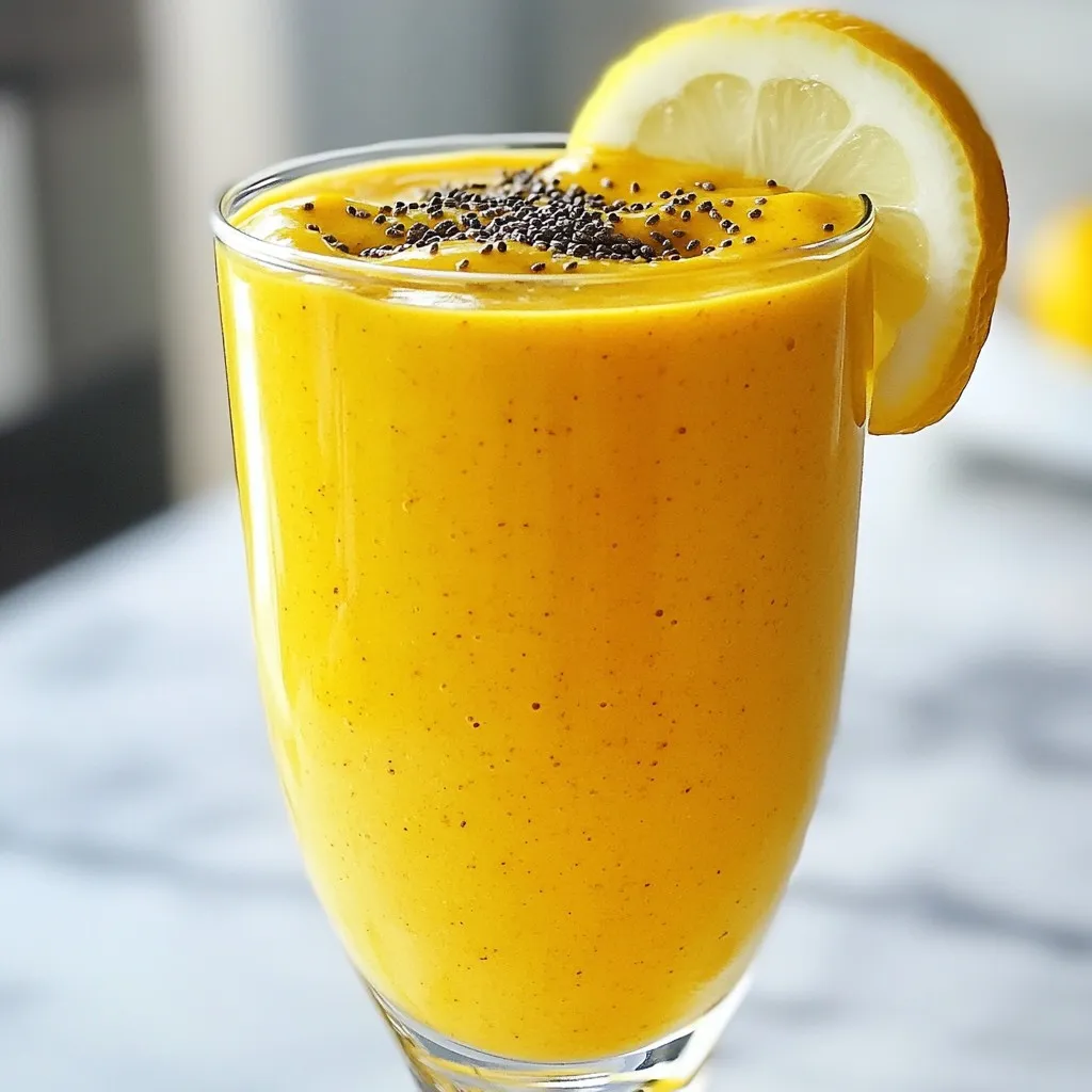 - 1 frozen banana - 1 cup coconut milk or almond milk - 1 teaspoon fresh ginger, freshly grated - 1 teaspoon turmeric powder or 1-inch piece of fresh turmeric, grated - 1 tablespoon honey or maple syrup - 1/2 teaspoon ground cinnamon - Juice of 1/2 fresh lemon - 1 tablespoon chia seeds (optional) - A pinch of black pepper - Ice cubes (optional) When making a Turmeric Ginger Immunity Smoothie, the right ingredients matter. Each one plays a key role in taste and health. The frozen banana gives a creamy texture. Coconut milk or almond milk adds a rich flavor. Fresh ginger and turmeric boost immunity with their powerful properties. Honey or maple syrup sweetens the drink naturally. Ground cinnamon and lemon juice add zest. Chia seeds give extra nutrients, while black pepper helps your body absorb turmeric better. Ice cubes can make it colder if you like. Choosing high-quality ingredients makes all the difference. Fresh ginger and turmeric pack more flavor and benefits than dried. Use ripe bananas for the best taste. This smoothie is not just good to drink; it’s a treat for your body. {{ingredient_image_2}} - Step 1: Blend the frozen banana Start by placing the frozen banana in your blender. This will make your smoothie thick and creamy. Blend it well until smooth. - Step 2: Add liquid base and spices Next, pour in one cup of coconut milk or almond milk. Then, add one teaspoon of freshly grated ginger and one teaspoon of turmeric powder. If you have fresh turmeric, you can use a one-inch piece, grated. - Step 3: Incorporate chia seeds (if using) If you want extra nutrients, add one tablespoon of chia seeds. They help boost fiber and protein in your smoothie. - Step 4: Blend and taste adjustments Blend all the ingredients on high speed until you have a smooth mixture. Taste your smoothie. If you want it sweeter, add honey or maple syrup to your liking. - Step 5: Serve and enjoy Pour your vibrant smoothie into a tall glass. If you like it cold, add some ice cubes before blending again. You can also garnish with a sprinkle of cinnamon or a lemon slice for a pretty touch. Enjoy your tasty, healthy drink! Using a ripe frozen banana gives your smoothie a rich creaminess. The banana blends well and adds natural sweetness. If you want a different taste, try almond milk instead of coconut milk. Both work great, so choose what you like best. You can adjust the sweetness by adding more honey or maple syrup. Start with one tablespoon and taste it. If you want more sweetness, add a little more. This way, you can make it just right for your taste buds. Turmeric and ginger are great for boosting your immune system. They both have powerful properties that help fight off sickness. Turmeric has curcumin, which is known for its anti-inflammatory effects. Ginger also helps with digestion and can ease nausea. Chia seeds add extra nutrition to your smoothie. They are high in fiber, protein, and omega-3 fatty acids. These tiny seeds help keep you full and support heart health. Don't forget black pepper! It may seem small, but it helps your body absorb turmeric better. Just a pinch can make a big difference in how you benefit from this golden spice. Pro Tips Use Fresh Ingredients: Whenever possible, opt for fresh ginger and turmeric for a more vibrant flavor and enhanced health benefits. Adjust Sweetness to Taste: Feel free to increase or decrease the amount of honey or maple syrup based on your personal preference for sweetness. Include Protein: For a more filling smoothie, consider adding a scoop of protein powder or a tablespoon of nut butter. Experiment with Add-Ins: Try adding spinach or kale for additional nutrients without altering the taste significantly. {{image_4}} You can add fun fruits to your smoothie. Try adding spinach for extra nutrients. It blends well and keeps the green color. Pineapple adds a sweet, tropical taste. You might like using berries like strawberries or blueberries for a burst of flavor. Each fruit gives a unique twist to your drink. If you follow a vegan diet, use maple syrup instead of honey. Almond milk is a great choice too. For nut-free options, stick with coconut milk. It keeps the creamy texture without the nuts. If you're avoiding dairy, coconut milk works perfectly. These changes let everyone enjoy this smoothie! You can store your smoothie in an airtight container. Glass jars work great. Keep it in the fridge. It stays fresh for up to 24 hours. If you want to save it longer, freeze it. Pour it into an ice cube tray or freezer-safe container. It can last for about one month in the freezer. If you have extra turmeric and ginger, use them in other dishes. Add turmeric to rice or soups for a health boost. Ginger is perfect for teas or stir-fries. You can also make ginger-infused honey. This adds flavor to drinks or desserts. Both ingredients make great additions to smoothies. Try mixing them in with other fruits or greens. This way, you can enjoy their benefits in many ways. Can I use fresh ginger instead of ground? Yes, you can use fresh ginger. Just grate about one teaspoon of it. Fresh ginger gives a brighter taste and more health benefits. What can I substitute for honey? You can use maple syrup or agave nectar. Both are great options and can add a nice sweetness. How long does the smoothie keep in the refrigerator? The smoothie lasts about one day in the fridge. It’s best fresh but can stay good overnight. Can I make this smoothie ahead of time? Yes, you can prepare it ahead. Just store it in an airtight container. Shake or stir well before drinking. Is it safe to consume turmeric daily? Yes, turmeric is safe in moderate amounts. It has many health benefits when consumed daily. Just be sure to include black pepper for better absorption. This smoothie recipe blends frozen banana, coconut milk, and spices like turmeric and ginger. Each ingredient offers great taste and health perks. You can adjust flavors and make it your own with fruits and sweeteners. Store leftovers easily, and use any extra ingredients wisely. Enjoy a delicious, nutritious drink that can boost your day. Don't be afraid to get creative with your mix! Your smoothie journey starts now!