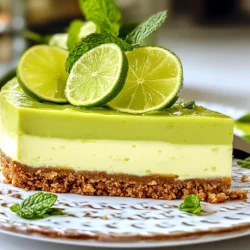 To make a delicious Avocado Lime Cheesecake, you need a few key ingredients. Here is the list: - 2 ripe avocados, peeled and pitted - 1 (8 oz) package cream cheese, softened to room temperature - &frac12; cup sour cream - 2 tablespoons freshly squeezed lime juice - Zest of 1 lime - 1 &frac12; cups graham cracker crumbs - &frac12; cup unsalted butter, melted - 2 tablespoons granulated sugar - &frac12; cup powdered sugar - 1 teaspoon vanilla extract - Pinch of salt - Fresh lime slices and mint leaves for garnish Each ingredient plays a special role in creating this creamy, tangy treat. The avocados add a rich texture and healthy fats. Cream cheese and sour cream give the cheesecake its classic creaminess. Lime juice and zest bring bright, fresh flavors, balancing the sweetness. The graham cracker crust adds crunch and sweetness. Butter holds the crust together, while granulated sugar enhances its flavor. The powdered sugar sweetens the filling without making it grainy. Vanilla extract adds warmth, and a pinch of salt boosts all the flavors. You can find these ingredients at your local grocery store. Make sure your avocados are ripe; they should feel soft when you gently squeeze them. Enjoy the process of gathering your ingredients; it builds excitement for the cheesecake ahead! {{ingredient_image_2}} To start, preheat your oven to 350&deg;F (175&deg;C). This step is key for the perfect crust. Next, grab a medium mixing bowl. In it, mix 1 &frac12; cups of graham cracker crumbs, &frac12; cup of melted unsalted butter, and 2 tablespoons of granulated sugar. Stir until everything is well combined and looks like wet sand. Now, take a 9-inch springform pan. Press the crumb mixture firmly into the bottom. Make sure it&rsquo;s an even layer. Bake the crust in the oven for about 8 to 10 minutes. It should turn lightly golden. After baking, let it cool completely while you work on the filling. For the filling, you will need ripe avocados. You need 2 of them, peeled and pitted. In a blender or food processor, add those avocados along with 1 package of softened cream cheese, &frac12; cup of powdered sugar, and &frac12; cup of sour cream. Also, squeeze in 2 tablespoons of fresh lime juice. Add the zest of 1 lime, 1 teaspoon of vanilla extract, and a pinch of salt. Blend all the ingredients on high speed. Keep blending until you get a velvety smooth texture. If you see lumps, you may need to scrape down the sides and blend again to mix everything well. Now it&rsquo;s time to assemble! Carefully pour the smooth avocado mixture over your cooled crust. Use a spatula to spread the filling evenly across the top. Place the cheesecake in the oven and bake for 20 to 25 minutes. You want the edges to set while the center remains slightly jiggly. It will firm up as it cools. After baking, turn off the oven and leave the cheesecake inside for about an hour. This cooling method helps avoid cracks on the top. Once the hour is up, let it cool to room temperature. After that, refrigerate the cheesecake for at least 4 hours, or overnight if you can wait! This helps the flavors blend and the texture firm up. To keep your avocado lime cheesecake smooth, avoid cracks while it bakes. Here are some key tips: - Bake Gradually: After baking, turn off your oven and let the cheesecake sit inside for about one hour. This helps the cake cool slowly and prevents cracks. - Chill Well: Refrigerate the cheesecake for at least four hours, but overnight is best. This waiting time allows the flavors to blend and the texture to set just right. Presentation can make your cheesecake shine. Here are some fun ideas: - Garnish with Style: Sprinkle lime zest and crushed graham crackers on top. This not only looks great but adds a nice crunch to each bite. - Pair with Flavors: Serve with fresh lime slices and mint leaves. These bright flavors enhance the cheesecake and make it a delightful end to any meal. Pro Tips Use Ripe Avocados: Make sure your avocados are perfectly ripe for the best flavor and creamy texture. A ripe avocado should yield slightly when pressed. Chill Thoroughly: Allow the cheesecake to chill overnight for optimal flavor development and a firmer slice. Patience pays off with this dessert! Prevent Cracking: Gradually cooling the cheesecake in the oven after baking helps prevent surface cracks. Avoid sudden temperature changes. Garnish Creatively: Add a touch of flair with unique garnishes like edible flowers or a drizzle of honey for added sweetness and visual appeal. {{image_4}} You can make this cheesecake even more fun with flavor twists. Adding chocolate gives a rich taste. Just mix in cocoa powder or melted chocolate when blending the filling. It pairs nicely with lime and adds depth. Coconut is another great option. Use shredded coconut in the filling or on top for a tropical feel. It adds sweetness and texture. For a healthier treat, try using alternative sweeteners. Options like honey or agave syrup work well. They can reduce the sugar level while keeping the taste great. If you want a gluten-free version, go for a nut-based crust. Use ground almonds or walnuts instead of graham crackers. Mix them with melted butter and press into your pan. This gives a nice crunch and flavor. You can also try different cookies for the crust. Ginger snaps add spice and zest. Chocolate cookies can give a rich, sweet base. Choose any cookie you love to make it personal. With these variations, you can create a cheesecake that is truly yours! To keep your avocado lime cheesecake fresh, store it in the fridge. Place it in an airtight container. This helps prevent it from absorbing other odors. If you have leftovers, cover the cheesecake with plastic wrap. This keeps moisture in and flavors intact. For long-term storage, you can freeze your cheesecake. Slice it into pieces first. Wrap each slice in plastic wrap, then place them in a freezer-safe bag. This way, you can enjoy a slice anytime. Just remember to label the bag with the date. When stored in the fridge, your cheesecake stays fresh for about 5 days. If you freeze it, you can keep it for up to 3 months. Just thaw it in the fridge overnight before serving. This way, you will enjoy the delicious taste and texture. Can I substitute cream cheese for a dairy-free option? Yes, you can use a dairy-free cream cheese. Brands like Tofutti or Kite Hill work well. Just keep the ratios the same. This swap makes the cheesecake creamy without dairy. How do I know when the cheesecake is done baking? Look for the edges to be firm. The center can be a bit jiggly. The cheesecake will continue to set as it cools. What&rsquo;s the best way to serve leftovers or reheat? Keep leftovers in an airtight container in the fridge. To serve, slice and enjoy cold. If you prefer warmth, reheat gently in the oven on low heat. Are there health benefits to using avocados in desserts? Yes, avocados add healthy fats and fiber. They help to keep your heart healthy. They also make desserts creamy without heavy creams. Caloric breakdown of a slice of avocado lime cheesecake Each slice, about one-eighth of the cheesecake, has around 300 calories. It includes healthy fats, sugars, and protein, making it a balanced treat. Enjoy it as a special dessert without the guilt! You explored the ingredients and steps to make a tasty avocado lime cheesecake. You learned how to create the perfect crust and filling while ensuring a smooth texture without cracks. Remember the tips for garnishing and serving it beautifully. Don't forget about fun variations to mix up flavors too. Store your cheesecake properly to enjoy it longer. This dessert not only tastes great but also offers health benefits from avocados. Now, it&rsquo;s time to create your own delicious cheesecake! Enjoy every bite!