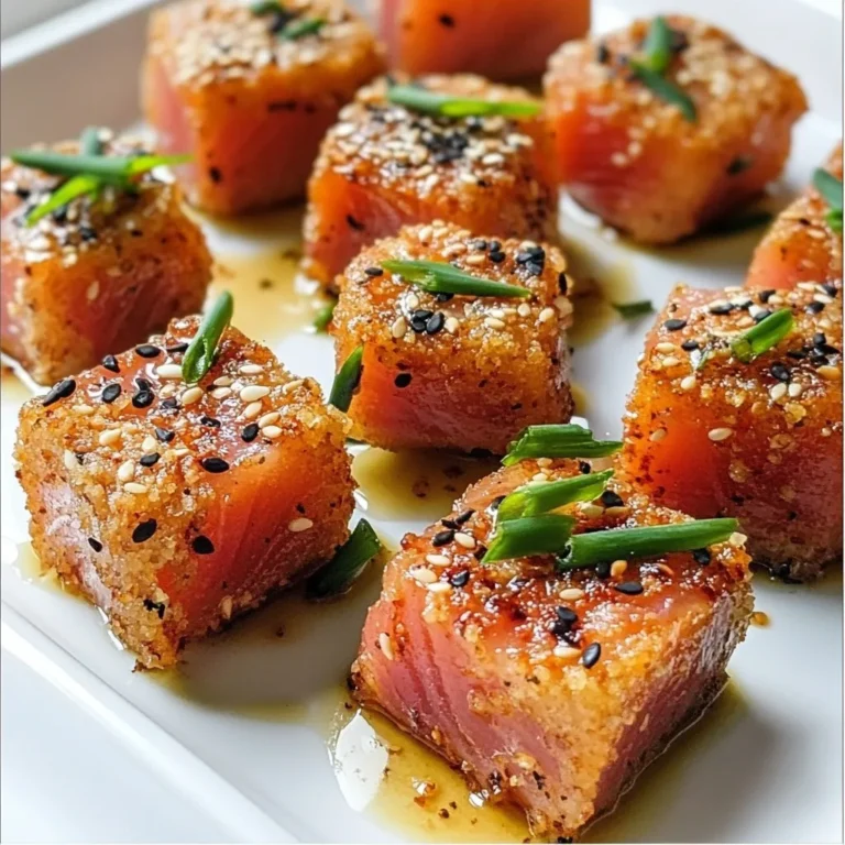 - 1 lb Ahi tuna: sashimi-grade, cut into 1-inch cubes - 1/4 cup sesame seeds: a mix of white and black for visual appeal - 2 tablespoons soy sauce - 1 teaspoon sesame oil - 1 tablespoon freshly grated ginger - 1 tablespoon minced garlic - 1 teaspoon wasabi paste: optional, for a spicy kick - 1 tablespoon green onions: finely sliced for garnish - 2 tablespoons vegetable oil: for searing tuna - Soy sauce: for dipping - Pickled ginger: to cleanse the palate - Wasabi: for an extra kick {{ingredient_image_2}} - Ingredients needed for the marinade: - 2 tablespoons soy sauce - 1 teaspoon sesame oil - 1 tablespoon freshly grated ginger - 1 tablespoon minced garlic - 1 teaspoon wasabi paste (optional) - Steps to whisk together the marinade: In a medium bowl, combine soy sauce, sesame oil, ginger, garlic, and wasabi. Whisk until smooth. This mix packs a punch of flavor for the tuna. - How to coat tuna in the marinade: Take the cubed Ahi tuna and add it to the bowl. Make sure each piece gets a nice coat of the marinade. - Recommended marination time: Let the tuna sit for at least 15 minutes. This allows the flavors to soak in well. - Procedure for rolling tuna in sesame seeds: After marinating, take the tuna out. Put sesame seeds on a plate. Roll each cube in the seeds. Make sure to press gently so they stick. - Tips for ensuring an even coat: Cover all sides of the tuna. This creates a tasty and crunchy crust. - Instructions for heating the skillet: In a large skillet, heat vegetable oil over medium-high heat. Wait until the oil shimmers. - Guidelines for searing time and appearance: Place the tuna in the hot pan. Sear each side for about 30-45 seconds. The goal is to get a golden crust, while the inside stays pink. - Presentation suggestions for serving: Arrange your sesame-crusted tuna on a pretty platter. - Importance of garnishing with green onions: Sprinkle finely sliced green onions on top. This adds a pop of color and flavor. Consider adding small bowls of soy sauce for dipping. To sear your Ahi tuna right, the pan must be hot. A high pan temperature gives the tuna a nice crust. If the oil shimmers, it's ready. Cook each side for 30-45 seconds. You want a golden crust but keep the center pink. This means your tuna is perfectly done. You can adjust the marinade for more flavor. Add a bit more soy sauce for saltiness or sesame oil for richness. Want more heat? Increase the wasabi paste. Try adding a hint of lime juice for a fresh twist. Use fresh herbs like cilantro or chives for added depth. Serve the tuna bites on a bright platter to catch eyes. Arrange them neatly and garnish with green onions for color. Use small bowls of soy sauce for dipping. Add pickled ginger and wasabi to make it fun. This adds flavor and lets guests customize their bites. Pro Tips Freshness is Key: Always use sashimi-grade Ahi tuna for the best flavor and texture. The fresher the fish, the better the dish will be. Perfect Searing: Heat your pan until the oil shimmers, ensuring a quick sear that locks in moisture while keeping the center rare. Experiment with Seeds: Try mixing different types of seeds like poppy or flax for a unique flavor and visual appeal. Presentation Matters: Serve with a variety of dipping sauces and garnishes to elevate the dining experience and make the dish Instagram-worthy! {{image_4}} You can use other fish like salmon or yellowfin. Each fish has its own taste. Salmon has a rich, fatty flavor, while yellowfin is leaner. Cooking times will change too. Salmon cooks faster, so watch closely. Aim for a golden crust but keep the center rare. Try using tofu instead of tuna. Firm tofu soaks up the marinade well. Cut it into cubes and follow the same steps. You can also use veggie bites, such as zucchini or eggplant. Just adjust the cooking time to ensure they cook through. Add fresh herbs like cilantro or basil to the marinade. This adds a bright touch. You can also try spices like smoked paprika for depth. Squeeze in some lime or lemon juice for a zesty kick. It brightens the dish and makes it feel fresh and lively. To store your sesame-crusted Ahi tuna bites safely, place them in an airtight container. This keeps them fresh and prevents strong odors from the fridge. Use glass or plastic containers that seal well. If you have leftovers, try to eat them within two days for the best taste. You can freeze cooked tuna bites, but they may lose some texture. Wrap them tightly in plastic wrap and place them in a freezer-safe bag. Remove as much air as possible. To defrost, place the bag in the fridge overnight. Reheat them gently in a pan over low heat to keep them tender. These tuna bites last about two days in the fridge. For the best flavor and texture, enjoy them within the first day. Freshness matters, so try to eat them soon after cooking. When selecting sashimi-grade Ahi tuna, look for a few key signs: - Color: Choose tuna that has bright, deep red color. - Texture: The fish should feel firm to the touch. - Smell: Fresh tuna should smell like the ocean, not fishy. - Source: Buy from trusted fishmongers or markets. They should provide clear info about the fish's origin. These tips ensure you get the best quality for your bites. You can prepare some parts ahead of time to save effort: - Marinade: Make the marinade a day in advance. Store it in the fridge. - Tuna: Cut the tuna into cubes and store in the marinade for up to 2 hours before cooking. - Coating: Roll the tuna in sesame seeds right before searing for the best texture. This way, you can enjoy your meal with less stress. These bites pair well with various sides: - Soy Sauce: A must for dipping. - Pickled Ginger: Adds a nice tangy balance. - Wasabi: For those who enjoy a spicy kick. - Fresh Salad: A crisp salad complements the rich flavors. - Steamed Rice: A simple base to enjoy with the tuna. These options enhance the overall dining experience. In this blog post, we explored how to prepare sesame-crusted Ahi tuna bites, focusing on key ingredients, step-by-step instructions, and various serving ideas. Remember to choose sashimi-grade tuna and marinate it well for the best flavor. Searing it right will help achieve that perfect outer crust everyone loves. Whether you want a seafood delight or a vegetarian option, the possibilities are endless. Embrace your creativity and enjoy sharing this dish with friends and family. Your culinary skills will shine through every bite.