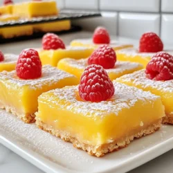 To make these tasty raspberry lemonade bars, gather these key ingredients: - 1 cup all-purpose flour - 1/2 cup powdered sugar - 1/4 teaspoon salt - 1/2 cup cold unsalted butter, cubed - 2 large eggs - 1 cup granulated sugar - 1/3 cup fresh lemon juice (about 2-3 lemons) - Zest of 1 lemon - 1 cup fresh raspberries (or frozen raspberries, thawed and drained) - 1/2 teaspoon baking powder - 1/4 teaspoon baking soda - Additional powdered sugar for dusting These ingredients create a sweet and tangy treat that you will love. You can also add some fun flavors to your bars. Here are a few ideas: - A splash of vanilla extract for warmth - Fresh mint leaves for a refreshing twist - A handful of coconut flakes for texture These add-ins can boost the flavor and make your bars even more special. To prepare your raspberry lemonade bars, you will need some basic kitchen tools: - 8x8-inch baking pan - Parchment paper - Mixing bowls - Whisk - Pastry cutter or fork - Wire rack for cooling Having these tools ready will help you bake with ease. {{ingredient_image_2}} Start by preheating your oven to 350&deg;F (175&deg;C). This step is crucial for even baking. Grab an 8x8-inch baking pan. Lightly grease it with butter or cooking spray. Then, line the pan with parchment paper. Leave some paper hanging over the sides. This makes it easy to lift out the bars later. In a medium bowl, combine 1 cup of all-purpose flour, 1/2 cup of powdered sugar, and 1/4 teaspoon of salt. Use a whisk to mix them well. Next, add 1/2 cup of cold, cubed unsalted butter. You can use a pastry cutter or your fingers to blend it in. The mixture should look like coarse sand with small clumps. Once ready, press this mixture firmly into the bottom of your prepared pan. Bake it in the oven for about 15-18 minutes. Keep an eye on it until it turns a light golden color. While the crust bakes, let&rsquo;s prepare the filling. In a clean bowl, whisk together 2 large eggs, 1 cup of granulated sugar, 1/3 cup of fresh lemon juice, and the zest of 1 lemon. Add 1/2 teaspoon of baking powder and 1/4 teaspoon of baking soda. Whisk this mixture until it&rsquo;s smooth and well combined. Gently fold in 1 cup of fresh raspberries. Make sure to keep some berries whole for texture. Once the crust is ready, take it out of the oven. Carefully pour the raspberry-lemon filling over the hot crust. Spread it evenly. Return the pan to the oven and bake for another 20-25 minutes. The filling should be set and slightly springy to the touch. After baking, let the bars cool completely in the pan on a wire rack. When cooled, lift the bars out using the parchment paper. Dust the top with powdered sugar before slicing into squares. Enjoy your tangy, refreshing treat! To make these raspberry lemonade bars perfect, follow these steps: - Use cold butter: Cold butter helps create a flaky crust. Cut it into small cubes and work quickly. - Don&rsquo;t overmix: When mixing the filling, whisk just until smooth. This helps keep the bars light. - Check your oven: Ovens can vary. Use an oven thermometer to ensure the right temperature. You can switch some ingredients to fit your needs: - Flour: Use almond flour for a gluten-free option. It works well and adds a nutty flavor. - Sugar: Substitute coconut sugar for a healthier choice. It will change the flavor slightly but still tastes great. - Lemon juice: If you don&rsquo;t have fresh lemons, use bottled lemon juice. Fresh is best, but bottled works too. Avoid these common pitfalls: - Not cooling the crust: Always let the crust cool before adding the filling. This keeps the layers from mixing. - Overbaking: Watch the time closely. Overbaking can make the bars dry. They should be set but slightly springy. - Skipping the dusting: Dusting with powdered sugar adds a lovely touch. It also enhances the visual appeal of the bars. These tips will help you create delicious, tangy raspberry lemonade bars that everyone will love. Happy baking! Pro Tips Use Fresh Ingredients: Always opt for fresh raspberries and lemons for the best flavor. Their natural sweetness and tartness will elevate your bars. Chill the Dough: If your butter begins to soften too much while mixing, chill the dough for 15 minutes before pressing it into the pan. This helps achieve a flakier crust. Don't Overmix: When folding in the raspberries, be gentle to keep them intact. Overmixing can break them down and make the filling too mushy. Let It Cool Completely: Allow the bars to cool completely in the pan to set properly. This step prevents them from falling apart when cutting. {{image_4}} You can switch out raspberries for other fruits. Try blueberries or blackberries for a different taste. Strawberries can also work well. Each fruit brings its unique flavor and color. Feel free to mix fruits too! A blend of berries makes a colorful and tasty treat. Just remember to adjust the sugar if your fruit is sweeter or tarter. To make gluten-free bars, use a gluten-free flour blend. Many blends work well in this recipe. Make sure to check that the blend contains a binding agent, like xanthan gum. This ensures the bars hold together. You can still enjoy the same tangy and sweet flavor, just without the gluten. Add fresh herbs for a fun twist. Mint pairs nicely with lemon and raspberry. You can also mix in some vanilla extract for warmth. If you like a bit of spice, add a pinch of cayenne or ginger. Each option adds depth to the flavors. Don't be afraid to experiment! Store your raspberry lemonade bars in an airtight container. This keeps them fresh and tasty. Use parchment paper between layers if stacking. It prevents sticking and makes it easy to grab a bar. To freeze these bars, first let them cool completely. Once cooled, cut them into squares. Wrap each square in plastic wrap. Then, place them in a freezer bag. Remove as much air as you can. These bars can last up to three months in the freezer. In the fridge, raspberry lemonade bars stay fresh for about one week. Keep them in an airtight container to avoid drying out. If you notice any change in texture or smell, it&rsquo;s best to toss them out. You can tell the bars are done baking by checking the filling. The top should look set and slightly springy when touched. The edges might have a light golden color. If you insert a toothpick into the center, it should come out clean or with a few moist crumbs. This means the bars are just right! Yes, you can use frozen raspberries! Just make sure to thaw and drain them first. This will help keep the filling from becoming too watery. Frozen berries can give you the same great taste as fresh ones. They are also a convenient option when fresh raspberries aren't in season. You can prepare the bars a day ahead. After baking, let them cool completely. Then, cover them tightly with plastic wrap or store them in an airtight container. This keeps them fresh and ready for serving. Just dust with powdered sugar right before serving to keep them looking great! You now know how to create delicious raspberry lemonade bars. Start with the right ingredients, prepare your pan, and bake to perfection. Remember the tips to avoid common mistakes and explore variations to suit your taste. Proper storage keeps these bars fresh. With these steps and tricks, you can impress friends and family. Dive into this fun baking project and enjoy tasty rewards. Happy baking!