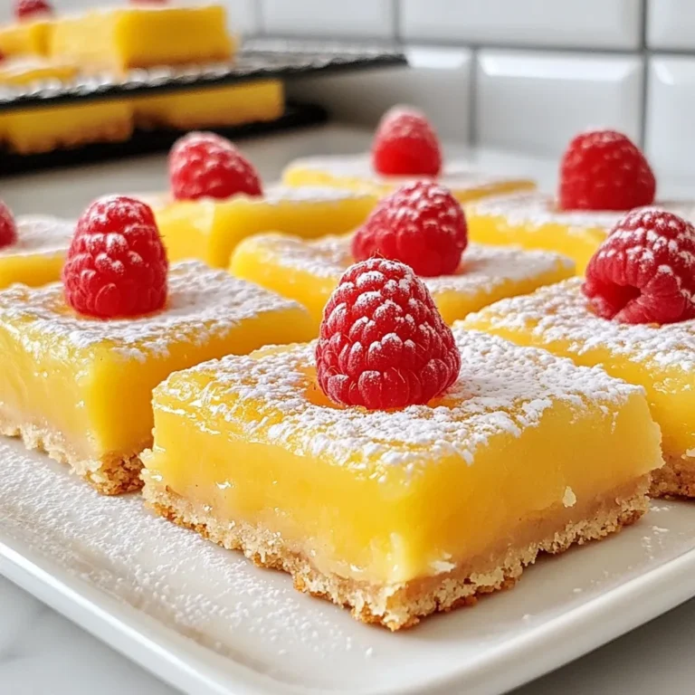 To make these tasty raspberry lemonade bars, gather these key ingredients: - 1 cup all-purpose flour - 1/2 cup powdered sugar - 1/4 teaspoon salt - 1/2 cup cold unsalted butter, cubed - 2 large eggs - 1 cup granulated sugar - 1/3 cup fresh lemon juice (about 2-3 lemons) - Zest of 1 lemon - 1 cup fresh raspberries (or frozen raspberries, thawed and drained) - 1/2 teaspoon baking powder - 1/4 teaspoon baking soda - Additional powdered sugar for dusting These ingredients create a sweet and tangy treat that you will love. You can also add some fun flavors to your bars. Here are a few ideas: - A splash of vanilla extract for warmth - Fresh mint leaves for a refreshing twist - A handful of coconut flakes for texture These add-ins can boost the flavor and make your bars even more special. To prepare your raspberry lemonade bars, you will need some basic kitchen tools: - 8x8-inch baking pan - Parchment paper - Mixing bowls - Whisk - Pastry cutter or fork - Wire rack for cooling Having these tools ready will help you bake with ease. {{ingredient_image_2}} Start by preheating your oven to 350°F (175°C). This step is crucial for even baking. Grab an 8x8-inch baking pan. Lightly grease it with butter or cooking spray. Then, line the pan with parchment paper. Leave some paper hanging over the sides. This makes it easy to lift out the bars later. In a medium bowl, combine 1 cup of all-purpose flour, 1/2 cup of powdered sugar, and 1/4 teaspoon of salt. Use a whisk to mix them well. Next, add 1/2 cup of cold, cubed unsalted butter. You can use a pastry cutter or your fingers to blend it in. The mixture should look like coarse sand with small clumps. Once ready, press this mixture firmly into the bottom of your prepared pan. Bake it in the oven for about 15-18 minutes. Keep an eye on it until it turns a light golden color. While the crust bakes, let’s prepare the filling. In a clean bowl, whisk together 2 large eggs, 1 cup of granulated sugar, 1/3 cup of fresh lemon juice, and the zest of 1 lemon. Add 1/2 teaspoon of baking powder and 1/4 teaspoon of baking soda. Whisk this mixture until it’s smooth and well combined. Gently fold in 1 cup of fresh raspberries. Make sure to keep some berries whole for texture. Once the crust is ready, take it out of the oven. Carefully pour the raspberry-lemon filling over the hot crust. Spread it evenly. Return the pan to the oven and bake for another 20-25 minutes. The filling should be set and slightly springy to the touch. After baking, let the bars cool completely in the pan on a wire rack. When cooled, lift the bars out using the parchment paper. Dust the top with powdered sugar before slicing into squares. Enjoy your tangy, refreshing treat! To make these raspberry lemonade bars perfect, follow these steps: - Use cold butter: Cold butter helps create a flaky crust. Cut it into small cubes and work quickly. - Don’t overmix: When mixing the filling, whisk just until smooth. This helps keep the bars light. - Check your oven: Ovens can vary. Use an oven thermometer to ensure the right temperature. You can switch some ingredients to fit your needs: - Flour: Use almond flour for a gluten-free option. It works well and adds a nutty flavor. - Sugar: Substitute coconut sugar for a healthier choice. It will change the flavor slightly but still tastes great. - Lemon juice: If you don’t have fresh lemons, use bottled lemon juice. Fresh is best, but bottled works too. Avoid these common pitfalls: - Not cooling the crust: Always let the crust cool before adding the filling. This keeps the layers from mixing. - Overbaking: Watch the time closely. Overbaking can make the bars dry. They should be set but slightly springy. - Skipping the dusting: Dusting with powdered sugar adds a lovely touch. It also enhances the visual appeal of the bars. These tips will help you create delicious, tangy raspberry lemonade bars that everyone will love. Happy baking! Pro Tips Use Fresh Ingredients: Always opt for fresh raspberries and lemons for the best flavor. Their natural sweetness and tartness will elevate your bars. Chill the Dough: If your butter begins to soften too much while mixing, chill the dough for 15 minutes before pressing it into the pan. This helps achieve a flakier crust. Don't Overmix: When folding in the raspberries, be gentle to keep them intact. Overmixing can break them down and make the filling too mushy. Let It Cool Completely: Allow the bars to cool completely in the pan to set properly. This step prevents them from falling apart when cutting. {{image_4}} You can switch out raspberries for other fruits. Try blueberries or blackberries for a different taste. Strawberries can also work well. Each fruit brings its unique flavor and color. Feel free to mix fruits too! A blend of berries makes a colorful and tasty treat. Just remember to adjust the sugar if your fruit is sweeter or tarter. To make gluten-free bars, use a gluten-free flour blend. Many blends work well in this recipe. Make sure to check that the blend contains a binding agent, like xanthan gum. This ensures the bars hold together. You can still enjoy the same tangy and sweet flavor, just without the gluten. Add fresh herbs for a fun twist. Mint pairs nicely with lemon and raspberry. You can also mix in some vanilla extract for warmth. If you like a bit of spice, add a pinch of cayenne or ginger. Each option adds depth to the flavors. Don't be afraid to experiment! Store your raspberry lemonade bars in an airtight container. This keeps them fresh and tasty. Use parchment paper between layers if stacking. It prevents sticking and makes it easy to grab a bar. To freeze these bars, first let them cool completely. Once cooled, cut them into squares. Wrap each square in plastic wrap. Then, place them in a freezer bag. Remove as much air as you can. These bars can last up to three months in the freezer. In the fridge, raspberry lemonade bars stay fresh for about one week. Keep them in an airtight container to avoid drying out. If you notice any change in texture or smell, it’s best to toss them out. You can tell the bars are done baking by checking the filling. The top should look set and slightly springy when touched. The edges might have a light golden color. If you insert a toothpick into the center, it should come out clean or with a few moist crumbs. This means the bars are just right! Yes, you can use frozen raspberries! Just make sure to thaw and drain them first. This will help keep the filling from becoming too watery. Frozen berries can give you the same great taste as fresh ones. They are also a convenient option when fresh raspberries aren't in season. You can prepare the bars a day ahead. After baking, let them cool completely. Then, cover them tightly with plastic wrap or store them in an airtight container. This keeps them fresh and ready for serving. Just dust with powdered sugar right before serving to keep them looking great! You now know how to create delicious raspberry lemonade bars. Start with the right ingredients, prepare your pan, and bake to perfection. Remember the tips to avoid common mistakes and explore variations to suit your taste. Proper storage keeps these bars fresh. With these steps and tricks, you can impress friends and family. Dive into this fun baking project and enjoy tasty rewards. Happy baking!