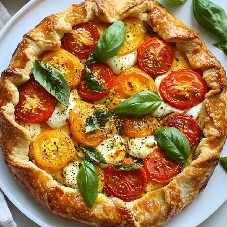 - 1 cup all-purpose flour - 1/4 teaspoon salt - 1/4 cup cold unsalted butter, cut into small cubes - 3-4 tablespoons ice water - 2 large ripe tomatoes, thinly sliced - 1 cup fresh basil leaves, roughly chopped - 1/2 cup shredded mozzarella cheese - 1/4 cup ricotta cheese - 1 tablespoon olive oil - Salt and freshly cracked pepper, to taste - 1 egg (for egg wash) - 1 tablespoon cornmeal (for dusting) You can swap the all-purpose flour with whole wheat flour for a nuttier taste. If you want a dairy-free option, use vegan butter and plant-based cheese. For the tomatoes, any ripe variety works. I love using heirloom tomatoes for their vibrant color and flavor. Fresh basil is key, but you can replace it with parsley or oregano if needed. - Mixing bowls for ingredients - Whisk for dry ingredients - Pastry cutter or fingers for butter mixing - Rolling pin for dough - Baking sheet, preferably with parchment paper or dusted with cornmeal - Small bowl for egg wash - Sharp knife for slicing tomatoes - Measuring cups and spoons for accuracy These tools make the process easier and more fun. You’ll enjoy the hands-on experience of making this galette! {{ingredient_image_2}} To start, gather your ingredients. You need flour, salt, cold butter, and ice water. In a medium bowl, whisk the flour and salt together. This helps mix them well. Next, add the cold butter. Use your fingers to mix the butter into the flour. You want a crumbly texture, like small peas. Now, it's time to add the ice water. Do this slowly, one tablespoon at a time. Mix gently until the dough holds together. Shape the dough into a disk and wrap it in plastic. Chill it in the fridge for at least 30 minutes. This step makes the dough easier to roll out later. After the dough chills, preheat your oven to 400°F (200°C). Lightly flour your work surface. Roll the dough into a circle, about 12 inches wide. Make sure it's even. Transfer it to a baking sheet dusted with cornmeal. This keeps it from sticking. In a separate bowl, mix the mozzarella, ricotta, olive oil, and chopped basil. Add salt and pepper to taste. Spread this cheesy mix over the dough, leaving a 2-inch edge. Next, layer the tomato slices on top of the cheese. Overlap the slices for a nice look. Fold the edges of the dough over the tomatoes. Make pleats to add a rustic touch. In a small bowl, beat the egg to make an egg wash. Brush this wash over the dough edges. This gives your galette a nice golden color. Now, bake the galette for 30 to 35 minutes. You want the crust to be golden brown and the tomatoes tender. Once it’s done, take it out of the oven and let it cool for about 5 minutes. If you like, add some fresh basil on top for extra flavor. Enjoy this fresh and tasty galette! To get that charming rustic look, don’t stress over perfection. Roll the dough into a rough circle. Aim for about 12 inches wide, leaving the edges uneven. When folding the dough over the tomatoes, let it create natural pleats. This adds character and charm. A rustic galette is all about its homemade vibe. For extra flavor, consider these tips: - Add a pinch of garlic powder to the cheese mix for a savory kick. - Sprinkle some fresh thyme or oregano for added depth. - Drizzle balsamic glaze over the top before serving for sweetness. - Experiment with different cheeses like goat cheese or feta for unique tastes. Avoid these common errors to ensure your galette shines: - Don’t skip chilling the dough. This keeps it flaky when baked. - Be careful not to overload the filling. Too much can make it soggy. - Remember to season both the cheese and tomato layers. This boosts the overall flavor. - Avoid overbaking. Keep an eye on it, as ovens may vary in heat. These tips will help you create a flavorful, beautiful Rustic Tomato Basil Galette that impresses every time! Pro Tips Chill the Dough: Make sure to chill the dough for at least 30 minutes. This helps the butter solidify, resulting in a flakier crust. Select Ripe Tomatoes: Choose the ripest tomatoes you can find for maximum flavor. Heirloom varieties work beautifully in this galette. Fresh Basil is Key: Use fresh basil for the best taste. Dried basil won't provide the same aromatic qualities. Experiment with Cheese: Feel free to mix in other cheeses like goat cheese or feta for added flavor complexity. {{image_4}} You can boost the galette with seasonal veggies. Think about adding zucchini, bell peppers, or eggplant. Slice them thinly and layer them with the tomatoes. This adds color and flavor. You can even mix in some sautéed mushrooms for a hearty twist. Each season brings new veggies, so feel free to experiment! While mozzarella and ricotta shine in this dish, you can swap them out. Try goat cheese for a tangy kick. Feta cheese also works well for a salty flavor. If you want a creamier taste, use cream cheese mixed with herbs. Each cheese will change the galette's flavor, so choose what you love most. Basil is classic, but you can shake things up. Add fresh thyme or oregano for a different taste. For a spicy kick, try red pepper flakes. You can even use pesto instead of fresh herbs for a rich flavor boost. These small changes can make your galette unique and exciting! To keep your Rustic Tomato Basil Galette fresh, let it cool to room temperature. Wrap the leftover pieces tightly in plastic wrap or place them in an airtight container. Store them in the fridge for up to three days. This helps maintain the flavor and texture of the galette. When ready to enjoy your leftovers, preheat your oven to 350°F (175°C). Place the galette on a baking sheet. Cover it loosely with foil to prevent the crust from burning. Heat it for about 10 to 15 minutes. This method keeps the crust crispy and warms the filling evenly. You can also use a microwave, but it may make the crust soft. If you want to save the galette for later, freezing is a great option. Allow the galette to cool completely. Wrap it tightly in plastic wrap, then in foil. This prevents freezer burn and keeps it fresh. You can freeze it for up to three months. To reheat, bake it straight from the freezer at 375°F (190°C) for about 25 to 30 minutes. Enjoy the taste of summer anytime! You can serve the galette with a fresh garden salad. A simple mix of greens, cucumbers, and cherry tomatoes works well. Drizzle it with a light vinaigrette to add flavor. Soup is another great choice. A warm tomato basil soup pairs nicely with the galette's flavors. You could also offer a side of roasted vegetables for a hearty meal. Consider adding a glass of crisp white wine for a delightful touch. To make this galette gluten-free, use a gluten-free all-purpose flour blend. Look for a blend that contains xanthan gum for better texture. You may need to add a bit more ice water to the dough. This helps keep the dough moist and easy to roll out. Ensure your other ingredients, like cheese and tomatoes, are also gluten-free. This way, you can enjoy the galette without any worries. Yes, you can make the galette dough ahead of time. Once you prepare the dough, wrap it tightly in plastic wrap and store it in the fridge. You can keep it for up to two days. When you are ready to bake, let it sit at room temperature for about 10 minutes. This makes rolling it out much easier. Prepping ahead saves you time and lets you enjoy fresh galette whenever you like. In this post, we explored how to make a Rustic Tomato Basil Galette. We covered the key ingredients and tools you need, along with step-by-step instructions for success. I shared tips for achieving a perfect look and flavor, plus variations to fit your taste. Finally, we discussed how to store and reheat leftovers effectively. Remember, cooking should be fun and creative. Enjoy making this galette and share it with others!