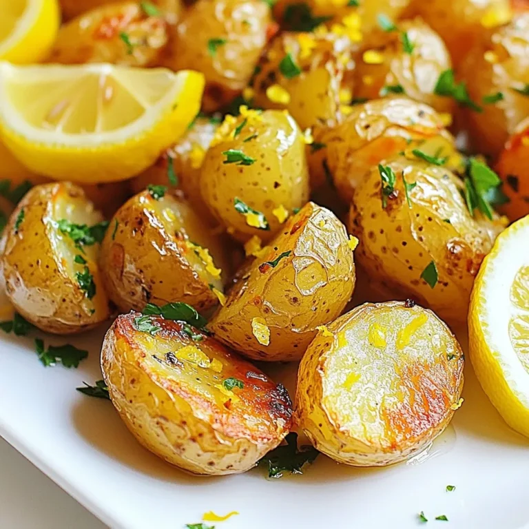 - 2 pounds baby potatoes, halved - 1/4 cup high-quality olive oil - 4 cloves garlic, finely minced - Zest from 1 large lemon - Juice from 2 large fresh lemons - 1 tablespoon dried oregano (preferably Greek) - 1 teaspoon fine sea salt - 1/2 teaspoon freshly ground black pepper These ingredients make up the heart of this dish. Baby potatoes bring a creamy texture and a delightful bite. The olive oil adds rich flavor and helps the potatoes crisp up nicely. Fresh garlic gives a fragrant kick, while lemon zest and juice introduce a bright, zesty taste. Dried oregano adds an earthy note, and sea salt and black pepper enhance all the flavors. - Fresh parsley, roughly chopped - Lemon wedges Garnishes add the final touch to your dish. Fresh parsley brightens the plate and adds color. Lemon wedges give an extra burst of flavor when squeezed over the potatoes. These simple touches elevate the presentation and taste of the dish. {{ingredient_image_2}} First, preheat your oven to 400°F (200°C). This heat makes the potatoes crisp. Next, grab a large mixing bowl. Add 2 pounds of halved baby potatoes. Pour in 1/4 cup of high-quality olive oil. Then, add 4 cloves of finely minced garlic. Zest 1 large lemon and squeeze the juice from 2 large lemons into the bowl. Sprinkle in 1 tablespoon of dried oregano, 1 teaspoon of sea salt, and 1/2 teaspoon of black pepper. Now, use your hands or a spatula to toss everything. Make sure each potato half gets coated well. Prepare a large baking sheet by lining it with parchment paper. This helps with cleanup later. Spread the potatoes out in a single layer. Make sure they are not overcrowded; this allows them to roast evenly. Place the baking sheet in the oven and roast for 30-35 minutes. About halfway through, stir the potatoes gently. This step makes sure they brown evenly. When done, they should look golden brown and crispy. Once the potatoes are done, take them out of the oven. Let them cool for 5 minutes. This brief time improves their texture. Transfer the roasted potatoes to a serving dish. Garnish with freshly chopped parsley for a pop of color. Serve with lemon wedges on the side. This adds an extra zesty flavor that everyone will love. To get crispy potatoes, you need the right oven temperature. Preheat your oven to 400°F (200°C). This heat makes the outside golden and crunchy. Next, spacing the potatoes is key. Spread them out on the baking sheet without crowding. If they touch, they will steam instead of roast. Fresh herbs can make a big difference in flavor. Try adding fresh oregano or thyme. These herbs bring a bright taste to the dish. You can also substitute spices to suit your taste. For example, swap the dried oregano with a Mediterranean spice blend. This adds a unique twist to your roasted potatoes. Using the right kitchen tools makes cooking easier. A large mixing bowl is great for tossing the potatoes and seasoning. You also need a good baking sheet. A heavy, non-stick sheet helps the potatoes roast evenly. Remember, a parchment-lined sheet makes cleanup a breeze! Pro Tips Choose the Right Potatoes: For the best texture and flavor, opt for waxy baby potatoes, as they hold their shape well during roasting. Don’t Skip the Toss: Ensuring that the potatoes are evenly coated in the oil and seasoning will enhance the flavor and help achieve even browning. Use Fresh Ingredients: Fresh garlic and lemons make a significant difference in flavor. Always prefer fresh over dried for the best taste. Let Them Rest: Allowing the roasted potatoes to cool for a few minutes before serving enhances their crispiness and makes them even more delicious. {{image_4}} You can add fresh thyme or rosemary to your potatoes for a new taste. These herbs bring a lovely aroma and flavor. You can also try Mediterranean spice blends. Mix in some sumac or za'atar for a unique twist. If you cannot find baby potatoes, use Yukon Gold or red potatoes instead. They will still taste great. For a vegan option, replace the olive oil with avocado oil. This change keeps it healthy and delicious. Greek Lemon Roasted Potatoes pair well with grilled chicken or fish. They add great flavor to your meal. You can also chop the roasted potatoes for a fresh salad. Toss them with greens, tomatoes, and a light dressing for a bright side dish. After enjoying your Greek Lemon Roasted Potatoes, store any leftovers properly. First, allow the potatoes to cool completely. Then, transfer them to an airtight container. This helps keep the potatoes fresh. Place them in the fridge. They will last for about three to four days this way. To reheat your potatoes and keep them crispy, use the oven. Preheat it to 400°F (200°C) again. Spread the potatoes on a baking sheet. Heat them for about 10-15 minutes. This helps restore their crispness. You can also use a skillet over medium heat. Add a little olive oil to help them crisp up. If you want to freeze your cooked potatoes, let them cool first. Place them in a freezer-safe bag or container. Remove as much air as possible. These potatoes can last for up to three months in the freezer. When you are ready to eat them, thaw them overnight in the fridge. Reheat them in the oven or skillet as mentioned before. This keeps the flavor and texture enjoyable. Greek Lemon Roasted Potatoes pair well with many dishes. Here are some tasty ideas: - Grilled chicken or lamb adds protein. - A fresh Greek salad complements the dish. - Roasted vegetables provide color and flavor. - Tzatziki sauce adds a cool, creamy touch. These sides enhance the meal and bring out the flavors. Yes, you can prep these potatoes in advance. Here are some tips: - Cut the potatoes and mix with other ingredients. - Store them in the fridge for up to 24 hours. - Roast them just before serving for the best texture. This makes meal prep easy and fun. Yes, this recipe is gluten-free! Here’s why: - All the ingredients used are naturally gluten-free. - Baby potatoes, olive oil, and spices have no gluten. This dish is safe for anyone with gluten sensitivities. To keep your potatoes crispy, follow these tips: - Use a hot oven to roast them evenly. - Space the potatoes out on the baking sheet. - Stir them halfway through cooking for even browning. These steps ensure your potatoes stay crunchy and delicious. This article covered how to make Greek Lemon Roasted Potatoes. We discussed key ingredients, the cooking process, and how to achieve a crispy texture. I also shared tips for variations and storage options. Incorporating fresh herbs or spices can enhance flavor. Experimenting with different potatoes can also lead to unique tastes. Enjoying these potatoes with protein adds a satisfying meal. With these techniques, you will enjoy perfect roasted potatoes every time.