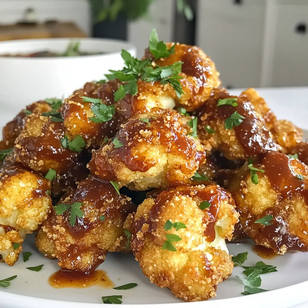 - 1 large head of cauliflower, cut into bite-sized florets - 1 cup all-purpose flour - 1 cup unsweetened almond milk The main ingredients create a solid base for your BBQ cauliflower wings. Cauliflower florets are the star, giving you that crunchy bite. All-purpose flour and almond milk mix to form a batter, helping the coating stick. - 1 teaspoon garlic powder - 1 teaspoon smoked paprika - 1 cup panko breadcrumbs Seasonings add depth and flavor. Garlic powder brings a warm taste. Smoked paprika adds a hint of smokiness. Panko breadcrumbs give that extra crunch, making your wings irresistible. - 1 cup BBQ sauce (store-bought or homemade) - 2 tablespoons olive oil - Fresh parsley, finely chopped (for garnish) The BBQ sauce is where the magic happens. It coats the wings and adds a sweet, tangy flavor. Olive oil helps crisp up the wings in the oven. Fresh parsley makes a lovely garnish, adding color and freshness. {{ingredient_image_2}} - Preheat your oven to 450°F (230°C) and prepare a baking sheet by lining it with parchment paper. This helps with easy cleanup later. - In a large bowl, whisk together 1 cup of all-purpose flour, 1 cup of unsweetened almond milk, 1 teaspoon of garlic powder, 1 teaspoon of onion powder, 1 teaspoon of smoked paprika, and 1/2 teaspoon of cayenne pepper. Add a pinch of salt and black pepper. Your goal is a thick yet pourable batter. - Take each cauliflower floret and dip it into the batter. Make sure to let any extra batter drip off. - Next, roll the floret in 1 cup of breadcrumbs until it’s fully coated. Place the breaded florets on the prepared baking sheet. Leave space between them so they cook evenly. - Bake the wings for about 20 minutes, or until they turn golden brown and crispy. Flip them halfway through for even cooking. - After the first bake, take the wings out and put them in a large bowl. Pour 1 cup of BBQ sauce over them and toss well until they are coated. - Return the wings to the baking sheet and bake for another 10 to 15 minutes. This lets the BBQ sauce caramelize and adds great flavor. Let the wings cool for a few minutes before serving. Enjoy your crispy and flavorful BBQ cauliflower wings! To ensure crispiness, you need to focus on two things: the batter and the breadcrumbs. Use panko breadcrumbs for extra crunch. They are lighter and crispier than regular breadcrumbs. - Coat well: Dip each cauliflower floret in the batter, then roll it in the breadcrumbs. Make sure the florets are fully coated. - Drizzle olive oil: Before baking, drizzle olive oil over the breaded florets. This helps them crisp up in the oven. For even baking, space the florets on the baking sheet. This allows hot air to circulate around them. Flip the wings halfway through baking. This step ensures all sides get that golden brown color. To amp up the flavor, you can add some fun spices to your batter. Here are some suggestions: - Cayenne pepper: Adjust the amount based on your spice level. - Smoked paprika: It adds a nice smoky flavor. - Garlic and onion powder: These add a savory kick. If you want to make your BBQ sauce, mix together ketchup, brown sugar, apple cider vinegar, and a dash of Worcestershire sauce. This blend creates a tangy and sweet sauce that pairs perfectly with the wings. When serving BBQ cauliflower wings, think about what goes well with them. Here are some great sides: - Celery sticks: They add crunch and freshness. - Carrot sticks: These bring a sweet bite. - Extra BBQ sauce: Serve it on the side for dipping. For presentation, place the wings on a nice platter. Sprinkle fresh parsley on top for color. This simple touch makes your dish look more appealing. You can also arrange the veggie sticks around the wings for a fun, colorful display. Pro Tips Choose the Right Cauliflower: Opt for a fresh head of cauliflower that feels heavy and has compact florets. Avoid any with brown spots or softness, as this may indicate spoilage. Adjust the Spice Level: Feel free to modify the cayenne pepper amount based on your heat preference. For a milder version, reduce or omit the cayenne pepper. Extra Crispy Texture: For an even crunchier texture, consider double-breading the cauliflower wings by repeating the batter and breadcrumb steps before baking. BBQ Sauce Variations: Experiment with different BBQ sauce flavors, such as spicy, smoky, or sweet, to customize the taste of your cauliflower wings. {{image_4}} You can change the coating for your BBQ cauliflower wings to suit your needs. If you want gluten-free wings, swap all-purpose flour with rice flour or chickpea flour. These options work well and create a nice texture. For breadcrumbs, panko is my favorite. It gives a great crunch. If you want something else, try crushed cornflakes or ground oats. Both add a unique twist to your wings. Want to switch up the taste? You can make your wings spicy or mild. For spicy wings, add more cayenne pepper or use hot sauce in the batter. If you prefer mild, skip the spice or use less. You can also try different sauces. Buffalo sauce adds heat and tang. Teriyaki sauce brings a sweet flavor. Each sauce changes the whole dish, making it fun to experiment! If you need dairy-free options, stick with almond milk or any non-dairy milk you like. You can also use coconut milk for a rich flavor. If you need nut-free wings, use oat milk instead of almond milk. You can also find nut-free flour if needed. This way, everyone can enjoy these tasty bites! To keep your BBQ cauliflower wings fresh, store them in the fridge. Place them in an airtight container. They stay good for up to three days. Before eating, check for any signs of spoilage. When you want to reheat, use the oven or air fryer. Preheat your oven to 350°F (175°C). Place the wings on a baking sheet and heat for about 10 minutes. In an air fryer, cook at 350°F (175°C) for 5 to 7 minutes. This keeps them crispy. You can freeze the wings for later. First, let them cool completely. Then, place them in a freezer-safe bag or container. Remove as much air as you can to prevent freezer burn. They can last up to three months in the freezer. To thaw, move them to the fridge overnight. For a quick thaw, use the microwave. After thawing, reheat as mentioned above. This way, they keep their tasty crunch. When making BBQ cauliflower wings, check your ingredients. The flour can last about a year if stored in a cool, dry place. Almond milk, once opened, should be used within 7 to 10 days. BBQ sauce usually lasts a few months after opening. Always check the expiration date. Store it in the fridge after opening for best taste. Fresh cauliflower should be used within a week for peak flavor and texture. Yes, you can! An air fryer gives the wings a nice crisp. Here’s how to do it: 1. Prepare the cauliflower: Follow the steps to coat the cauliflower as usual. 2. Preheat the air fryer: Set it to 400°F (200°C). 3. Arrange the wings: Place the coated cauliflower in a single layer in the air fryer basket. Avoid overcrowding. 4. Cook time: Air fry the wings for about 12 to 15 minutes. Shake the basket halfway through for even cooking. 5. Add sauce: After air frying, toss them in BBQ sauce. Return to the air fryer for 3 to 5 more minutes. This helps the sauce caramelize. You can easily make these wings gluten-free by swapping a few ingredients: - Flour: Use almond flour or gluten-free all-purpose flour instead of regular flour. - Breadcrumbs: Choose gluten-free breadcrumbs or crushed gluten-free crackers as a coating. These swaps keep the flavor and texture without gluten. Leftover BBQ sauce is a treasure! Here are some fun ideas: - Grilling: Use it to marinate chicken, pork, or tofu before grilling. - Dipping sauce: Serve it with fries, veggies, or other snacks. - Pizza base: Spread the sauce on a pizza crust before adding cheese and toppings for a BBQ pizza twist. - Baked beans: Stir it into baked beans for extra flavor. These options let you enjoy that delicious sauce long after your wings are gone! We covered how to make delicious BBQ cauliflower wings using simple ingredients. You learned about essential items like cauliflower, flour, and almond milk. We explored tips to get the perfect crunch and different flavor options with sauces. To wrap up, these wings are not only tasty but also flexible for various diets. You can store leftovers easily or even make them gluten-free. Enjoy experimenting with this recipe and impress your friends at your next meal!