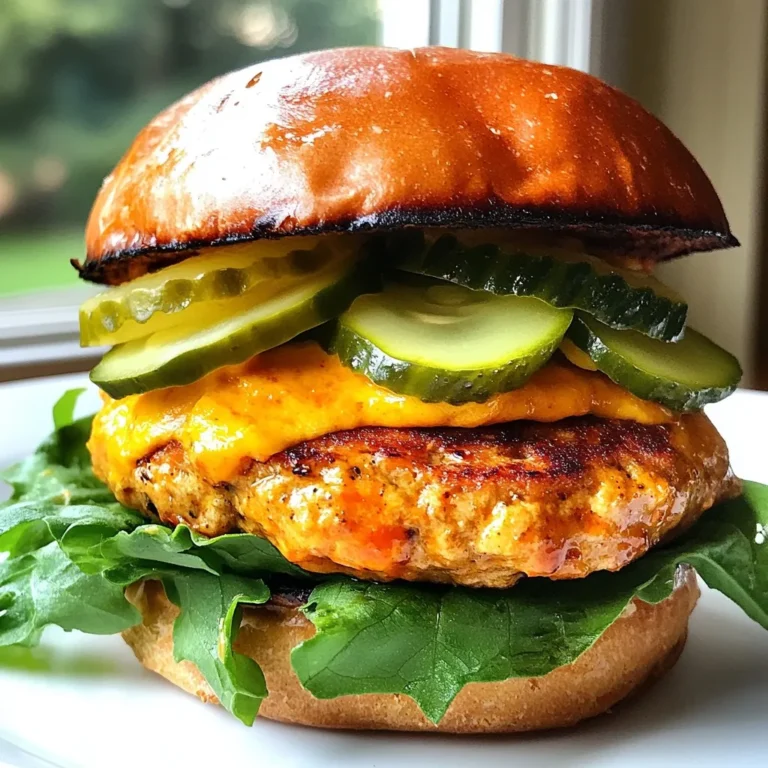 - 1 pound ground turkey - 2 tablespoons Sriracha sauce - 1 tablespoon soy sauce These main ingredients create the heart of your burger. Ground turkey is lean and healthy. Sriracha sauce adds heat and flavor. Soy sauce brings umami, making the burger more savory. - 1 teaspoon garlic powder - 1 teaspoon onion powder - 1/2 teaspoon salt - 1/4 teaspoon black pepper - 1/4 cup breadcrumbs (optional) These seasonings give the turkey burgers more depth. Garlic powder and onion powder add great taste. Salt and pepper enhance the flavors. Breadcrumbs help hold the patties together. If the mix feels loose, add more breadcrumbs. - 4 whole wheat burger buns - Fresh lettuce leaves - Optional toppings: sliced tomatoes, pickles, avocado slices Whole wheat buns are healthier and add a nice texture. Fresh lettuce leaves give crunch and color. You can add sliced tomatoes and pickles for freshness. Creamy avocado slices add richness to the bite. These toppings make your burger fun and tasty! {{ingredient_image_2}} In a large mixing bowl, combine all ingredients. Start with 1 pound of ground turkey. Add 2 tablespoons of Sriracha sauce for heat. Next, include 1 tablespoon of soy sauce for depth. Then, sprinkle in 1 teaspoon each of garlic powder and onion powder. Don’t forget 1/2 teaspoon of salt and 1/4 teaspoon of black pepper. Mix well until every ingredient blends evenly. If the mixture feels too loose, add 1/4 cup of breadcrumbs to help bind it. Now, divide the turkey mixture into four equal parts. Shape each part into a round patty. Aim for about 1 inch in thickness. This thickness helps the patties cook evenly. Make sure they are not too thick or thin. A good patty shape ensures a great bite and keeps them juicy. Preheat your grill or pan to medium-high heat. Lightly grease it with olive oil to prevent sticking. Place the patties on the grill and cook for 5-7 minutes on one side. Look for a nice golden-brown crust. Carefully flip each patty and cook for another 5-7 minutes. Use a meat thermometer to check the internal temperature. It should reach 165°F (75°C) for safe eating. While they cook, you can toast your whole wheat buns on the grill or in a toaster. This adds a nice crunch to your burger. To get the right texture, you may need to add breadcrumbs. Start with a small amount. If the turkey mix feels too wet, add more breadcrumbs. This helps the patties hold their shape when you cook them. Aim for a firm, but not dry, mixture. You want patties that cook evenly and stay juicy. For the best results, heat your grill or pan to medium-high. This gives the patties a nice crust. Add a bit of olive oil to prevent sticking. Cook each patty for 5-7 minutes on one side. Then flip and cook for another 5-7 minutes. Check to ensure they reach 165°F (75°C) inside for safe eating. This method ensures even cooking, so each bite is tasty. When serving, think about how to make it look great. Place the burgers on a rustic wooden platter. Pair them with crispy sweet potato fries or a fresh salad. For a colorful touch, add extra slices of Sriracha sauce on the plate. This adds spice and makes the dish pop visually. A well-presented plate makes the meal more inviting and fun. Pro Tips Use Lean Turkey: Opt for lean ground turkey to keep the burgers juicy while reducing fat content. This helps maintain the flavor without adding unnecessary calories. Customize Spiciness: Adjust the amount of Sriracha based on your spice tolerance. Start with less and gradually add more to the mixture to achieve your perfect heat level. Rest the Patties: After cooking, let the turkey patties rest for a few minutes before assembling the burgers. This allows the juices to redistribute, ensuring a moist and flavorful bite. Add Toppings Wisely: Layer toppings thoughtfully to balance flavors and textures. Consider adding a tangy sauce or spicy mayo in addition to the Sriracha for an extra kick. {{image_4}} You can easily change the heat of your turkey burgers. To make them less spicy, use less Sriracha sauce. Start with just one tablespoon and taste. If you want more heat, add more Sriracha until it feels right. Remember, the spice can build up, so go slow. Mix in a little honey or sugar if the spice is too strong. This will balance the heat and add a sweet touch. Many people have different diets. You can swap out the ground turkey for lean beef or chicken. If you prefer plant-based options, try using black beans or lentils. For a gluten-free version, use gluten-free breadcrumbs or skip them altogether. You can also replace soy sauce with tamari for a gluten-free option. These choices keep the flavors exciting while meeting your needs. Elevate your burger with unique toppings. Try adding grilled pineapple for a sweet twist. Jalapeños give an extra kick if you love heat. You can also use a spicy mayo by mixing mayo with Sriracha. For a crunchy texture, add coleslaw on top. Fresh herbs like cilantro or basil can brighten your burger too. These small changes make each bite a new adventure. To keep your spicy Sriracha turkey burgers fresh, store them right. Place leftover patties in a shallow container. Cover them well with a lid or plastic wrap. You can refrigerate them for up to three days. If you want to keep them longer, freeze the patties. Wrap each patty in plastic wrap, then place them in a freezer bag. This helps prevent freezer burn. They can last in the freezer for up to three months. To reheat your turkey burgers, use the oven or stovetop. Avoid the microwave, as it can dry them out. For the oven, preheat it to 350°F (175°C). Place the patties on a baking sheet and cover them with foil. Heat for about 10-15 minutes, until warmed through. If using the stovetop, heat a skillet over medium heat. Add a little oil, then place the patties in the skillet. Cook for about 3-4 minutes on each side. Cooked turkey burgers stay fresh in the fridge for up to three days. After that, they may lose flavor and texture. In the freezer, they can last for three months. Always check for any off smells or changes in color before eating. If in doubt, it’s best to throw them out. Enjoy your turkey burgers while they are at their best! To make these burgers less spicy, you can try a few simple tricks. First, reduce the amount of Sriracha sauce. You can start with 1 tablespoon instead of 2. Secondly, add more ground turkey to balance the heat. Mixing in some shredded cheese can also tone down the spice. Lastly, serve the burgers with cool toppings like plain yogurt or sour cream. These creamy options help calm the heat and make each bite enjoyable. Yes, you can use other types of meat in this recipe! Ground chicken works well and has a similar texture. If you prefer beef, choose lean ground beef for a juicy burger. For a healthier option, try ground bison or lamb. Each type of meat will give a different flavor and texture, so feel free to experiment. Just ensure that any meat you choose is cooked to the proper temperature for safety. You can serve many tasty sides with these burgers. Crispy sweet potato fries are a great choice. They provide a sweet and salty contrast to the spicy burgers. A fresh salad with mixed greens and a light vinaigrette also pairs nicely. For drinks, try iced tea or lemonade for a refreshing balance. If you enjoy beer, a light lager complements the spice well. These sides and drinks enhance the meal and make it even more enjoyable! We covered all you need for Spicy Sriracha Turkey Burgers. You learned about the key ingredients, how to mix and cook them, and tips for perfect texture. We discussed variations, ways to store leftovers, and answered common questions. Enjoy making these burgers to fit your taste and share them with others. Let your creativity shine with toppings and sides. The result will delight your friends and family.