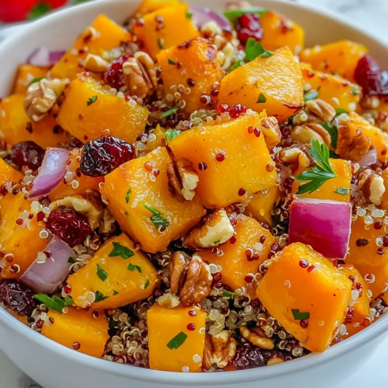 - Butternut squash - Quinoa - Vegetable broth - Red bell pepper - Red onion - Dried cranberries - Walnuts - Olive oil - Ground cumin - Smoked paprika - Salt and pepper - Fresh parsley To make this Roasted Butternut Squash Quinoa Salad, you start with fresh, healthy ingredients. The butternut squash is sweet and creamy when roasted. Quinoa adds protein and a nice texture. I always use low-sodium vegetable broth to keep it light. Next, you’ll add some color and crunch. Diced red bell pepper brightens the dish. Finely chopped red onion brings out sweetness. Dried cranberries add a touch of tartness, and toasted walnuts give it a satisfying crunch. For flavor, I recommend using olive oil, ground cumin, and smoked paprika. These spices enhance the natural taste of the squash. Don’t forget to season with salt and pepper to taste. Finally, fresh parsley adds a pop of color and freshness. These ingredients come together to create a salad that is not just good for you but also bursting with flavor. Enjoy every bite of this colorful and nutritious dish! {{ingredient_image_2}} - Preheat the oven to 400°F (200°C). - In a bowl, toss the squash cubes with 1 tablespoon of olive oil, ground cumin, smoked paprika, salt, and pepper. Make sure all pieces are coated evenly. - Spread the seasoned squash on a parchment-lined baking sheet in a single layer. - Roast the squash for about 25-30 minutes. Check halfway through and toss to ensure even cooking. The squash should be tender and slightly caramelized when done. - In a medium saucepan, combine 1 cup of rinsed quinoa with 2 cups of vegetable broth. - Bring the mixture to a rolling boil over medium-high heat. When it boils, reduce heat to low, cover, and simmer for about 15 minutes. The liquid should fully absorb. Fluff the quinoa with a fork and let it cool slightly. - In a large bowl, combine the cooled quinoa with diced red bell pepper, chopped red onion, dried cranberries, and toasted walnuts. - Once the butternut squash is out of the oven, add it to the bowl while it’s warm. Gently fold all the ingredients together until well mixed. - Drizzle the remaining tablespoon of olive oil over the salad. - Season with more salt and pepper if needed. Toss the salad gently to coat everything evenly. - Let the salad sit for 10 minutes before serving. This helps the flavors blend together nicely. - How to peel and cube butternut squash easily: Start by cutting off both ends of the squash. Then, use a vegetable peeler to remove the skin. Cut the squash in half lengthwise and scoop out the seeds. Finally, slice the squash into 1-inch cubes. This method makes it quick and simple. - Rinsing quinoa properly: Quinoa has a natural coating called saponin. This can taste bitter. Rinse the quinoa under cold water in a fine mesh strainer. Swirl it around for about 30 seconds. This will help remove the saponin and give the quinoa a nice flavor. - Ensuring even roasting: Spread the butternut squash cubes in a single layer on the baking sheet. This helps them roast evenly. Toss them halfway through the roasting time to ensure all sides get that nice caramelization. - Flavor enhancement techniques: Use spices like ground cumin and smoked paprika. These add warmth and depth to the dish. Don’t forget to season with salt and freshly cracked black pepper. This simple step really brings out the flavors. - Creative serving ideas: Serve the salad in a large bowl for a family-style meal. For individual servings, use a ring mold. This creates a beautiful stack of the salad on each plate. - Garnishing for visual appeal: Sprinkle fresh parsley on top for a pop of color. Add a few extra toasted walnuts for crunch. This not only looks great but also adds texture. Pro Tips Choose the Right Squash: Opt for a medium-sized butternut squash that feels heavy for its size, indicating ripeness and flavor. Flavor Infusion: For an extra flavor boost, marinate the butternut squash in olive oil and spices for 30 minutes before roasting. Quinoa Perfection: Always rinse quinoa thoroughly to remove its natural coating, called saponin, which can impart a bitter taste. Serving Suggestions: This salad pairs beautifully with grilled chicken or fish, making it a versatile side dish or main course. {{image_4}} You can switch up the veggies in this salad. Try sweet potatoes or carrots for a new taste. You can also use kale or spinach for a fresh crunch. For nuts or seeds, consider using pecans or almonds. Sunflower seeds give a lovely texture too. This salad is easy to make vegan and gluten-free. Just check your broth for gluten. You can add chickpeas for a high-protein boost. This keeps the dish hearty and filling. Herbs can change the flavor profile. Add rosemary or thyme for a warm note. If you want a bit of heat, sprinkle in some red pepper flakes. Cheese lovers can add feta or goat cheese. Each option gives a unique twist to the dish. To keep your Roasted Butternut Squash Quinoa Salad fresh, follow these tips: - In the fridge: Place leftovers in an airtight container. This helps keep moisture in and odors out. - For freezing: If you want to save it for later, divide the salad into portions. Use freezer-safe bags or containers. Make sure to remove as much air as possible to prevent freezer burn. How long does it last? This salad stays good for about 3 to 5 days in the fridge. If frozen, it can last up to 3 months. Just remember that the texture may change slightly after thawing. Best practices for reheating without ruining texture: - In the microwave: Heat in short bursts of 30 seconds. Stir between each burst to warm evenly. - On the stove: Use a non-stick pan on low heat. Add a splash of water to help steam it back to life. Avoid high heat to keep the squash and quinoa from becoming mushy. Yes, you can make this salad ahead of time. It tastes great chilled. Just keep the dressing separate until serving. This helps keep the ingredients fresh and crunchy. Yes, this salad is gluten-free. Quinoa is a perfect grain for gluten-free diets. Always check your broth to ensure it’s gluten-free. You can use rice instead of quinoa. Brown rice or wild rice works well. You can also try farro or millet for a different texture. To add spice, include diced jalapeños or red pepper flakes. You can also mix in a spicy dressing. Taste as you go to find the right heat level for you. Absolutely! You can add cooked chicken, chickpeas, or black beans. Tofu is also a great option for a plant-based protein. Mix it in when combining the other ingredients. This blog post covers a tasty butternut squash salad. You learned about the main ingredients like quinoa and walnuts. I provided step-by-step instructions for preparing, cooking, and mixing the salad. You found helpful tips for prep, cooking, and presentation. I also shared variations to fit different diets and tastes. Finally, I outlined storage methods and answered common questions. This salad is easy to make and delicious. Enjoy the flavors and make it your own!