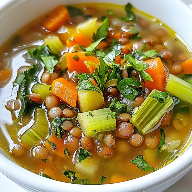 - 1 cup green or brown lentils, thoroughly rinsed - 1 medium onion, finely diced - 2 medium carrots, peeled and diced - 2 celery stalks, diced into small pieces - 3 cloves garlic, minced finely - 1 can (14 oz) diced tomatoes, including their juices - 4 cups rich vegetable broth - 1 teaspoon ground cumin - 1 teaspoon smoked paprika - 1 tablespoon extra virgin olive oil - Salt and freshly cracked black pepper to taste - 2 cups fresh spinach or kale, roughly chopped - Juice of 1 fresh lemon - Fresh parsley, chopped, for garnish You can swap lentils with split peas or chickpeas. For the broth, use chicken broth for more flavor. If you lack fresh herbs, dried herbs work too. Carrots can be replaced with sweet potatoes. If you can't find smoked paprika, regular paprika adds good taste. This soup is rich in protein from lentils. A serving contains about: - Calories: 200 - Protein: 12g - Carbs: 34g - Fiber: 10g - Fat: 5g This dish is low in fat and full of vitamins. The spinach or kale boosts iron and vitamins A and C. The lemon adds vitamin C, helping your body absorb iron better. {{ingredient_image_2}} To start, gather your ingredients. You will need: - 1 cup green or brown lentils, thoroughly rinsed - 1 medium onion, finely diced - 2 medium carrots, peeled and diced - 2 celery stalks, diced into small pieces - 3 cloves garlic, minced finely - 1 can (14 oz) diced tomatoes, including their juices - 4 cups rich vegetable broth - 1 teaspoon ground cumin for warmth - 1 teaspoon smoked paprika for depth of flavor - 1 tablespoon extra virgin olive oil - Salt and freshly cracked black pepper to taste - 2 cups fresh spinach or kale, roughly chopped - Juice of 1 fresh lemon for brightness - Fresh parsley, chopped, for a vibrant garnish Once you have everything, it’s time to prepare. Start by washing the lentils. Rinse them until the water runs clear. Chop your onion, carrots, and celery into small pieces. Mince the garlic finely. Heat the olive oil in a large pot over medium heat. Let it warm for a minute. Add the onion, carrots, and celery. Sauté these veggies for 5 to 7 minutes. Stir them often until they soften and smell great. Next, add the minced garlic. Sauté for one minute. You want the garlic to smell nice but not brown. Now, it’s time to add the other ingredients. Put the rinsed lentils, diced tomatoes, vegetable broth, cumin, and smoked paprika into the pot. Stir everything well. Increase the heat and bring the mixture to a boil. Once it boils, reduce the heat to a gentle simmer. Cover the pot and let it cook for 25 to 30 minutes. The lentils should be tender but still firm. After cooking, fold in the chopped spinach or kale. Stir for another 5 minutes until the greens are wilted. Remove the pot from heat. Squeeze in the fresh lemon juice. Taste your soup and add salt and pepper if needed. Ladle the soup into bowls. Garnish with fresh parsley. Serve hot and enjoy the rich flavors of your Mediterranean lentil soup! One common mistake is not rinsing lentils. Rinsing removes dirt and small stones. It also helps reduce foam while cooking. Another mistake is overcooking the lentils. They should be tender but still hold shape. Stirring too often can also break them apart. Lastly, don’t skip seasoning. Salt and pepper enhance the soup's flavor. To boost flavor, use a rich vegetable broth. Homemade broth is great but store-bought works too. Add your spices early in the cooking process. This allows their flavors to bloom. Using fresh herbs, like parsley, adds brightness. Squeeze fresh lemon juice right before serving. This adds a zesty kick that elevates the soup. Serve the soup hot in deep bowls. A sprinkle of chopped parsley adds color and freshness. Pair it with crusty bread for a complete meal. You can also serve it with a side salad. A dollop of yogurt can add creaminess if desired. Enjoy this nourishing dish with family and friends! Pro Tips Soak Lentils for Better Cooking: Soaking lentils for a few hours before cooking can help them cook more evenly and reduce cooking time. Enhance Flavor with Fresh Herbs: Adding fresh herbs like thyme or oregano at the end of cooking can elevate the flavor of your soup. Adjust Consistency: If you prefer a thicker soup, blend a portion of the soup and stir it back in to achieve your desired texture. Storing Leftovers: This soup stores well in the refrigerator for up to 5 days, and the flavors deepen over time. Just reheat gently! {{image_4}} You can add many vegetables to your Mediterranean lentil soup. Some great choices are zucchini, bell peppers, or even sweet potatoes. Each of these adds unique flavors and textures. You can use 1 cup of diced zucchini or peppers. For sweet potatoes, peel and dice 1 medium potato. They add sweetness and heartiness. If you want to boost the protein, consider adding some cooked chicken, turkey, or tofu. About 1 to 2 cups of shredded chicken or turkey works well. For tofu, use firm tofu, diced into cubes. Add these during the last 10 minutes of cooking. This keeps them from breaking apart. You can play with spices to change the soup's flavor. For a spicier soup, add red pepper flakes. A pinch will bring heat without overwhelming the dish. You can also try adding herbs like thyme or oregano for an herbal touch. Just add 1 teaspoon of dried herbs to the pot during cooking. These simple changes keep your soup fresh and fun! After your meal, let the soup cool down. Pour leftovers into an airtight container. Make sure to seal it well. Store the container in the fridge. The soup stays fresh for up to five days. If you want to keep it longer, freezing is a great option. To freeze the soup, use a freezer-safe container. Leave some space at the top for expansion. Label the container with the date. You can freeze it for up to three months. When you are ready to eat, move it to the fridge overnight to thaw. Reheat the soup on the stove for the best flavor. Pour the soup into a pot over medium heat. Stir it often until it’s hot all the way through. If it's too thick, add a splash of water or broth. You can also microwave it in a bowl, but stir it halfway for even heating. Enjoy your warm, flavorful soup! I recommend using green or brown lentils for this soup. These lentils hold their shape well during cooking. They offer a hearty texture that makes the soup satisfying. Red lentils can also work, but they become mushy. This may change the soup’s texture. Yes, you can use a slow cooker for this soup. Start by sautéing the onion, carrots, and celery in a pan. Then, add them to the slow cooker. Mix in the garlic, lentils, tomatoes, broth, cumin, and paprika. Cook on low for 6 to 8 hours. Stir in the greens before serving. This soup lasts about 4 to 5 days in the fridge. Store it in an airtight container for best results. The flavors may deepen as it sits, making it even tastier. Just reheat on the stove or in the microwave before serving. We’ve walked through the key ingredients for Mediterranean Lentil Soup. You learned about substitutes, nutritional info, and the step-by-step cooking process. Remember to avoid common mistakes for the best flavor. You can add vegetables, proteins, or spices for your taste. Don't forget proper storage options to keep your leftovers fresh. This soup is easy to make, healthy, and full of flavor. Enjoy making it your own!