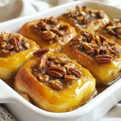 The main ingredients in Maple Pecan Sticky Buns create a soft and sweet treat. Here&rsquo;s what you need: - 4 cups all-purpose flour - 1/4 cup granulated sugar - 2 1/4 teaspoons instant yeast - 1 teaspoon salt - 1/2 cup whole milk - 1/2 cup unsalted butter - 2 large eggs - 1 teaspoon vanilla extract - 1 cup pecans - 1/2 cup brown sugar - 1/2 cup pure maple syrup - 1 tablespoon ground cinnamon - 1/4 cup unsalted butter (for the filling) Each part plays a role in taste and texture. The flour gives structure. Sugar adds sweetness. Yeast helps the dough rise. Salt balances flavors. Milk and butter keep the dough soft. Eggs add richness. Pecan, brown sugar, and cinnamon create a flavorful filling. To make the sticky topping, you need: - 1 cup pecans (coarsely chopped) - 1/2 cup brown sugar - 1/2 cup pure maple syrup - 1/4 cup unsalted butter (softened) When selecting maple syrup, look for pure syrup. Avoid imitation syrup. Pure maple syrup has a richer flavor. It adds depth to the topping. Try to find one from a local producer. The quality can make a big difference in taste. {{ingredient_image_2}} To make the dough, start by mixing your dry ingredients. In a large bowl, whisk together 4 cups of all-purpose flour, 1/4 cup of granulated sugar, 2 1/4 teaspoons of instant yeast, and 1 teaspoon of salt. This step ensures even distribution of the yeast and sugar. Next, in another bowl, mix the wet ingredients. Combine 1/2 cup of warmed whole milk, 1/2 cup of melted unsalted butter, 2 large eggs, and 1 teaspoon of vanilla extract. Whisk this until smooth. Gradually pour the wet mixture into your dry mix. Stir with a wooden spoon until a rough dough forms. Once you have your dough, transfer it to a floured surface. Knead the dough for about 5-7 minutes until it feels smooth and elastic. This is important for a nice rise later. After kneading, shape it into a ball and place it in a greased bowl. Cover it with a damp cloth and let it rise in a warm spot for about 1 hour. You want it to double in size. While the dough rises, make the sticky pecan topping. In a medium saucepan, mix 1 cup of coarsely chopped pecans, 1/2 cup of packed brown sugar, 1/2 cup of pure maple syrup, and 1/4 cup of softened unsalted butter. Cook this over medium heat. Stir continuously until it melts and combines well. Remove it from the heat and let it cool slightly. When your dough has risen, punch it down to release the air. Roll it out on a floured surface into a rectangle about 16x12 inches. Spread 1/4 cup of softened butter over the dough. Then sprinkle a mixture of 1 tablespoon of ground cinnamon and 1/2 cup of packed brown sugar evenly on top. Now, start rolling the dough from one long edge to form a log. Use a sharp knife or dental floss to cut the log into 12 equal pieces. Arrange these slices snugly in a greased 9x13-inch baking dish. Finally, drizzle the sticky pecan mixture over the top of the buns. Cover the dish with a towel and let them rise again for 30 minutes until they look fluffy. To make soft and fluffy buns, you need the right dough. Start with warm milk, around 110&deg;F (43&deg;C). This helps the yeast grow. Mix the dry ingredients well for even distribution. Knead the dough for 5-7 minutes until smooth. The dough should feel soft but not sticky. If it is sticky, add a little more flour, one tablespoon at a time. Rising is key. Place the dough in a warm spot, covered with a damp cloth. This keeps the dough moist. Let it rise for about an hour. It should double in size. You can test it by gently pressing your finger into the dough. If it springs back slowly, it's ready. For golden brown buns, set your oven to 350&deg;F (175&deg;C). Bake for 25-30 minutes. Check them at the 25-minute mark. The tops should be golden, and you may see some bubbling syrup around the edges. To check for doneness, tap the top of a bun. It should sound hollow. If it doesn&rsquo;t, bake for a few more minutes. Serve these buns warm for the best taste. Drizzle extra maple syrup on top for extra sweetness. Sprinkle additional chopped pecans for a nice crunch. Pair your sticky buns with whipped cream cheese for a rich treat. This adds flavor and creaminess. Enjoy the warmth and sweetness of these delightful buns! Pro Tips Use Fresh Yeast: Ensure your yeast is fresh for optimal rising. Check the expiration date and store it properly for best results. Let the Dough Rise: For the best texture, allow your dough to rise in a warm, draft-free area. This ensures a light and fluffy bun. Evenly Cut Rolls: Use dental floss to cut the dough into rolls. This method prevents squishing the dough and maintains its shape. Cool Before Serving: Allow the buns to cool for a few minutes before serving. This helps the sticky topping set slightly, making them easier to handle. {{image_4}} You can change the nuts in this recipe. Try walnuts or hazelnuts for a new taste. You can also add chocolate chips or dried fruit for extra flavor. These small swaps make your sticky buns unique. For the filling, you could use almond paste or cream cheese. Each option gives a different taste to the buns. You can mix in spices like nutmeg or cardamom for a warm twist. If you need gluten-free buns, use a gluten-free flour blend. Make sure it is suitable for baking. You can also use almond milk or oat milk for a dairy-free option. For a vegan version, replace the eggs with flaxseed meal. Mix one tablespoon of flaxseed with three tablespoons of water and let it sit until thick. Use coconut oil instead of butter for a rich flavor. If you want to lower the sugar, reduce the brown sugar or maple syrup. You can use stevia or monk fruit as sweeteners. These changes help make the buns fit your needs. To keep your sticky buns fresh, place them in an airtight container. This helps seal in moisture. If you have a lot, use a large container or stack them in smaller ones. You can also wrap them in plastic wrap before placing them in a container. This gives extra protection. Store them at room temperature for up to three days. If you want them to last longer, refrigerate them. This will keep them good for about a week. When you're ready to enjoy your sticky buns again, reheating is key. The best way is to use an oven. Preheat the oven to 350&deg;F (175&deg;C). Place the buns on a baking sheet and cover them with foil. Heat for about 10-15 minutes. This will warm them without drying them out. You can also use a microwave for quick reheating. Place one bun on a microwave-safe plate. Heat it for about 15-20 seconds. To keep the bun soft, place a damp paper towel over it while heating. This helps restore some fluffiness. Enjoy your sticky buns warm for the best taste! If you have nut allergies or dislike pecans, you can try other nuts. Walnuts work well in this recipe. They have a similar crunch and flavor. You can also use sunflower seeds or pumpkin seeds for a nut-free option. Both provide a nice texture without the nut taste. If you want a sweet flavor, try using chocolate chips or dried fruit like raisins or cranberries. These can add a fun twist to your sticky buns. Yes, you can make these sticky buns in advance! You can prepare the dough and let it rise. After the first rise, shape the buns and place them in the baking dish. Instead of baking, cover the dish with plastic wrap and refrigerate overnight. In the morning, take them out and let them rise again for about 30 minutes. This gives you freshly baked buns without the morning rush. Yes, you can freeze these sticky buns! After baking, let them cool completely. Once cool, wrap them tightly in plastic wrap and then in aluminum foil. This helps keep them fresh. You can store them in the freezer for up to three months. To reheat, take them out and let them thaw in the fridge overnight. After that, warm them in the oven at 350&deg;F (175&deg;C) for about 10-15 minutes. Enjoy your warm buns! Maple pecan sticky buns combine rich flavors and a delightful texture. We discussed key ingredients and their roles in creating this treat. You learned step-by-step instructions to prepare, bake, and serve these delicious buns. Tips helped ensure perfect results, while variations cater to different tastes and diets. Storing and reheating tips keep leftovers fresh. Now, you're set to impress with your baking skills. Enjoy each gooey, sweet bite!