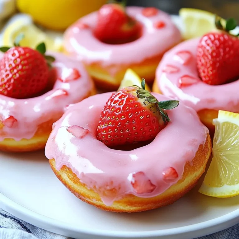 - 1 cup all-purpose flour - 1/2 cup granulated sugar - 1/2 teaspoon baking powder - 1/4 teaspoon baking soda - 1/4 teaspoon salt - 1/2 teaspoon fresh lemon zest - 1/2 cup buttermilk - 1/4 cup fresh strawberry puree (about 4-5 ripe strawberries) - 1 large egg, at room temperature - 2 tablespoons unsalted butter, melted and slightly cooled - 1 teaspoon pure vanilla extract - 1 cup powdered sugar - 2 tablespoons fresh lemon juice - 1 tablespoon strawberry puree - Optional: Colorful sprinkles for decoration Gathering these ingredients is key to making your strawberry lemonade donuts. The all-purpose flour gives structure. The sugar adds sweetness. Baking powder and baking soda help the donuts rise. Salt enhances all the flavors. Fresh lemon zest brings a bright taste. Buttermilk makes the donuts moist and tender. Fresh strawberry puree adds a fruity twist. The egg binds everything together. Butter gives richness, while vanilla extract adds a lovely aroma. For the glaze, powdered sugar creates a sweet finish. Fresh lemon juice makes it tangy. Strawberry puree gives color and flavor. Sprinkles add a fun touch! With these ingredients, you'll create delicious, fresh donuts that taste like summer! {{ingredient_image_2}} 1. Preheat your oven: Start by preheating your oven to 350°F (175°C). 2. Grease the donut pan: Generously spray a donut pan with non-stick spray. This helps the donuts come out easily. 3. Prepare the strawberry puree: Blend about 4-5 ripe strawberries in a blender until smooth. Set this aside for later. 1. Combine dry ingredients: In a large bowl, whisk together: - 1 cup all-purpose flour - 1/2 cup granulated sugar - 1/2 teaspoon baking powder - 1/4 teaspoon baking soda - 1/4 teaspoon salt - 1/2 teaspoon lemon zest 2. Mix wet ingredients: In another bowl, mix: - 1/2 cup buttermilk - 1/4 cup fresh strawberry puree - 1 large egg - 2 tablespoons melted butter - 1 teaspoon vanilla extract 3. Fold mixtures together: Pour the wet mix into the dry mix. Use a spatula to gently fold them together. Stop mixing once combined to keep the donuts light. 1. Fill the donut pan: Use a spoon or piping bag to fill each donut cavity about two-thirds full. 2. Baking time and doneness test: Place the pan in the oven. Bake for 12-15 minutes. Donuts are done when golden and a toothpick comes out clean. 3. Cooling the donuts: After baking, let donuts cool in the pan for 5 minutes. Then move them to a wire rack to cool completely. 1. Preparing the glaze: In a small bowl, whisk together: - 1 cup powdered sugar - 2 tablespoons fresh lemon juice - 1 tablespoon strawberry puree Adjust with more lemon juice or powdered sugar for desired thickness. 2. Dipping and decorating the donuts: Once cool, dip the tops of the donuts into the glaze. Let excess glaze drip off before placing them back on the rack. If you want, sprinkle colorful decorations on top right away for a fun finish. - Ensuring fluffy donuts: To keep your donuts light and fluffy, measure your flour correctly. Use the spoon-and-level method. Spoon the flour into your measuring cup and level it with a knife. This helps avoid too much flour in the batter. - Avoiding overmixing: When you mix the wet and dry ingredients, do it gently. Use a spatula to fold them together. Stop mixing as soon as you don’t see dry flour. This keeps your donuts tender and soft. - Achieving the perfect glaze consistency: Your glaze should be smooth and shiny. If it’s too thick, add more lemon juice, one drop at a time. If it’s too thin, mix in more powdered sugar until it looks just right. - Best practices for decorating: After glazing, sprinkle your donuts while the glaze is still wet. This helps the sprinkles stick better. Use colorful sprinkles for a fun look. Arranging the donuts on a nice plate can also make them more appealing. Pro Tips Use Fresh Ingredients: Always opt for fresh strawberries and lemons to enhance the flavor of your donuts. The freshness will make a noticeable difference in taste. Don’t Overmix the Batter: Mix just until combined to prevent dense donuts. Overmixing can lead to tough textures, so a gentle hand is key. Adjust Glaze Consistency: If your glaze is too thick, add a little lemon juice. If too thin, incorporate more powdered sugar. This will ensure a perfect coating for your donuts. Cool Completely Before Glazing: Make sure the donuts are completely cool before dipping them in the glaze. This prevents the glaze from melting and ensures a beautiful finish. {{image_4}} You can change the flavor of these donuts in fun ways. Try adding different fruits to the mix. Chopped blueberries or raspberries can add a nice twist. You can also swap in peach or mango puree for a tropical vibe. Each fruit will bring its unique taste and color. Infusing different citrus flavors can also enhance your donuts. Try adding lime or orange zest to the batter. This will give your donuts a bright, zesty kick. Mixing lemon and lime juice in the glaze can add depth. You can even add a hint of grapefruit for something truly unique. If you need gluten-free options, you can easily adapt the recipe. Use a gluten-free flour blend instead of all-purpose flour. Make sure your baking powder is gluten-free too. This way, you can still enjoy the donuts without worry. For vegan alternatives, replace the egg with a flax egg. Mix one tablespoon of ground flaxseed with three tablespoons of water. Let it sit for a few minutes until it thickens. Use a plant-based milk instead of buttermilk. You can also use melted coconut oil in place of butter. These swaps will keep your donuts tasty and friendly for everyone. To keep your strawberry lemonade donuts fresh, place them in an airtight container. This will help avoid moisture loss and keep them soft. You can also wrap each donut in plastic wrap for extra protection. Store them at room temperature for up to two days. If you want to keep them longer, store them in the fridge for up to a week. Just remember that refrigeration can change their texture a bit. If you want to enjoy your donuts later, you can freeze them. First, cool the donuts completely. Then, wrap each one tightly in plastic wrap. This helps prevent freezer burn. You can freeze the glaze separately in a small container. Donuts can last in the freezer for about three months. When you’re ready to eat, take them out and let them thaw at room temperature. For a warm treat, reheat the donuts in the oven at 350°F (175°C) for about 5-7 minutes. If you froze the glaze, warm it up slightly in the microwave before dipping. Enjoy your sweet treats any time! To make strawberry puree, blend fresh strawberries in a blender. You need about 4-5 ripe strawberries. Blend until smooth, and you'll have a vibrant puree ready for your donuts. Yes, you can use frozen strawberries. Thaw them first and then blend. This will work well, but fresh strawberries taste best. These donuts last for about 2-3 days at room temperature. Keep them in an airtight container for freshness. Yes, you can bake them in a muffin tin. Fill each cup halfway. The shape will change, but they will still taste great! Each donut has about 150 calories. They contain sugar, carbs, and a bit of fat. For exact details, check the ingredients used and their amounts. In this article, we covered a delicious recipe for strawberry lemonade donuts. You learned about the essential ingredients, easy steps to prepare and glaze the donuts, and helpful baking tips. We also explored fun variations and storage methods to keep your treats fresh. Bake these donuts for a burst of flavor. They are perfect for sharing or enjoying alone. Happy baking!