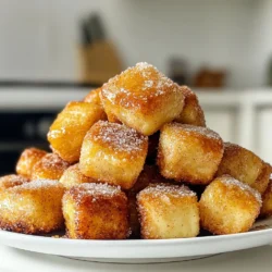For these tasty cinnamon sugar pretzel bites, you will need: - 1 &frac12; cups warm water (110&deg;F - 115&deg;F) - 2 tablespoons granulated sugar - 2 teaspoons active dry yeast - 4 cups all-purpose flour - 1 teaspoon salt - &frac12; cup baking soda - 1 egg, beaten (for egg wash) - &frac12; cup unsalted butter, melted - &frac12; cup granulated sugar (for coating) - 1 tablespoon ground cinnamon Some ingredients can be swapped if needed. You can use whole wheat flour for a healthier option. If you want a dairy-free version, replace the unsalted butter with coconut oil or a dairy-free butter alternative. For a vegan twist, skip the egg wash and use a plant-based milk instead. Using good-quality ingredients makes a big difference. Fresh yeast gives the best rise and flavor. Use pure cinnamon for a richer taste. Always check your flour; it should be fresh to avoid clumps. High-quality butter adds that delicious, rich taste that makes these bites special. When you start with quality, your pretzel bites will shine! {{ingredient_image_2}} Start by mixing warm water with sugar and yeast in a bowl. Stir gently and let it sit for 5 minutes. You want the mixture to become foamy. This shows the yeast is ready. Next, add flour and salt into the foamy mix. Use your hands or a wooden spoon to blend it. Once a dough forms, transfer it to a floured surface. Knead the dough for 5 to 7 minutes until it is smooth and elastic. Shape the dough into a ball. Place it in a greased bowl and roll it to coat in oil. Cover the bowl with a damp cloth. Put it in a warm area for about 1 hour. Your dough should double in size. This rising helps create a soft pretzel bite. Preheat your oven to 425&deg;F (220&deg;C). Line a baking sheet with parchment paper. Punch down the dough gently to release air. Divide it into small pieces, each about the size of an inch. Roll them into balls. Bring 8 cups of water to a boil in a large pot. Carefully stir in the baking soda. It will bubble, so watch out! Working in batches, drop about 10 to 12 pretzel balls into the boiling water. Boil them for 30 seconds. Use a slotted spoon to remove them and place them on the baking sheet. Next, brush the tops of each pretzel bite with beaten egg. This gives them a nice golden color. In a small bowl, mix the sugar and cinnamon together. Sprinkle this mix over the pretzel bites. Make sure they are well coated. Bake the pretzel bites in the oven for 12 to 15 minutes. They should turn golden brown. Once baked, brush the tops with melted butter. This makes them extra tasty! Let them cool slightly on a wire rack. Now, they're ready to enjoy! To get the best texture and flavor in your pretzel bites, follow these tips: - Use warm water: The water should be between 110&deg;F and 115&deg;F. This helps activate the yeast. - Knead enough: Knead the dough for 5-7 minutes until it feels smooth and elastic. - Let it rise: Allow the dough to rise for about 1 hour. It should double in size. - Boiling soda solution: Boil the bites in water with baking soda. This gives them a nice crust. - Egg wash: Brush each bite with beaten egg. This makes them golden brown when baked. Here are some common mistakes to steer clear of: - Skipping the yeast activation: If your yeast isn&rsquo;t foamy, it won&rsquo;t work. - Over or under-kneading: Both can lead to tough or dense bites. - Not boiling long enough: Boil for at least 30 seconds for the right texture. - Skipping the butter: Brushing melted butter on the bites adds rich flavor. - Not coating with cinnamon sugar: Generously sprinkle it on for the best taste! Using the right tools can make your baking easier: - Mixing bowl: A large mixing bowl helps in combining your ingredients. - Slotted spoon: This is perfect for removing the pretzel bites from the boiling water. - Pastry brush: Use this for applying the egg wash and butter. - Parchment paper: Line your baking sheet to prevent sticking. - Wire rack: This helps cool the bites evenly after baking. Pro Tips Yeast Activation: Ensure that your water temperature is between 110&deg;F - 115&deg;F to properly activate the yeast for the best rise. Dough Consistency: Knead the dough until it is smooth and elastic, which helps achieve the perfect chewy texture of the pretzel bites. Baking Soda Bath: Don&rsquo;t skip the baking soda solution; it gives the pretzel bites their signature flavor and dark color. Butter Brushing: Brush the pretzel bites with melted butter immediately after baking for a deliciously rich flavor and shiny finish. {{image_4}} You can enjoy cinnamon sugar pretzel bites without gluten. Substitute all-purpose flour with a gluten-free flour blend. Make sure the blend includes xanthan gum for good texture. Follow the same steps as the original recipe, and you'll have tasty bites that everyone can enjoy. To make this recipe vegan, replace the egg wash with almond milk or a flax egg. Use melted coconut oil instead of unsalted butter. The rest of the steps stay the same. You still get soft and sweet cinnamon sugar pretzel bites that taste amazing. Want to spice things up? After baking, dip your pretzel bites in melted chocolate. Add crushed nuts on top for crunch. You can also mix spices like nutmeg or vanilla into the dough for different flavors. These small changes can create a whole new snack experience! After baking, allow the pretzel bites to cool slightly on a wire rack. This prevents sogginess. Avoid stacking them while they are warm. This keeps their texture nice and crisp. Let them cool for about 10-15 minutes before moving them. Once cool, store the pretzel bites in an airtight container. Keep them at room temperature for up to two days. For longer storage, place them in the refrigerator. They will last about five days when chilled. If you prefer them warm, reheat them in the oven. This helps restore their crispy texture. To freeze the pretzel bites, let them cool completely first. Then, place them in a single layer on a baking sheet. Freeze them for about 1-2 hours until firm. Once frozen, transfer the bites to a freezer-safe bag or container. Label with the date. They can stay frozen for up to three months. When ready to eat, thaw them in the fridge overnight. Reheat in the oven for a warm, tasty snack! You can tell your dough has risen enough when it doubles in size. After about an hour, check for this. The dough should feel light and puffy. If it&rsquo;s not doubled, give it more time. The warmth helps yeast work better. Yes, you can! Prepare the dough, then shape the bites. Place them on a tray, cover, and chill in the fridge for up to 24 hours. When ready, bake them straight from the fridge. This helps save time on busy days. You can find ready-made cinnamon sugar pretzel bites at many grocery stores. Look in the frozen section or snack aisle. Some bakeries also sell fresh ones. If you&rsquo;re feeling adventurous, try ordering online for delivery. Yes, you can use a bread machine! Just add the warm water, sugar, and yeast first. Let it sit to activate. Then, add flour and salt. Follow your machine's instructions for mixing and rising. It makes the process easier and saves time. In this post, we covered how to make delicious pretzel bites. We looked at the ingredients that matter, how to prepare the dough, and the best methods for boiling and baking. I shared tips for great texture and common mistakes to avoid. You also learned about tasty variations and how to store leftovers properly. Remember, the quality of your ingredients is key to success. With practice, you&rsquo;ll master this fun recipe and impress everyone with your skills!