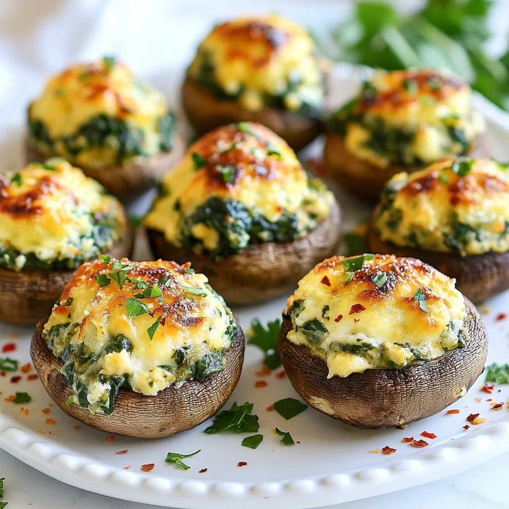 To make cheesy spinach stuffed mushrooms, you'll need these key items: - 12 large cremini or portobello mushrooms, stems carefully removed - 1 cup fresh spinach, finely chopped - 1 cup cream cheese, softened to room temperature - 1/2 cup grated Parmesan cheese - 1/2 cup shredded mozzarella cheese - 2 cloves garlic, finely minced - 1/4 teaspoon red pepper flakes (optional, for a hint of spice) - 1 tablespoon olive oil - Salt and freshly cracked black pepper, to taste - Fresh parsley, finely chopped (for garnish) These ingredients create a rich and creamy filling for each mushroom cap. The mix of cheeses adds depth, while spinach provides fresh flavor. To prepare this dish, gather these kitchen tools: - Skillet - Mixing bowl - Baking sheet - Parchment paper - Spatula Having the right tools makes cooking easy and fun. A skillet helps sauté the garlic and spinach, while a mixing bowl combines the filling. The baking sheet lined with parchment paper ensures easy cleanup. Cheesy spinach stuffed mushrooms offer a tasty treat. Here's a breakdown of their nutritional value: - Calories: Approximately 200 per serving - Protein: 12g - Fat: 15g - Carbohydrates: 6g - Fiber: 1g - Vitamins: High in vitamin A from spinach, calcium from cheese These mushrooms are not just delicious; they are also a good source of protein and vitamins. Enjoying them can be a healthy choice when you're craving a snack. {{ingredient_image_2}} To start, you need to prep the mushrooms. Use a damp cloth to clean them. This removes dirt without soaking them. Next, gently twist and pull off the stems. Make sure to keep the caps intact. You can chop the stems finely and add them to your filling for extra flavor. Set the caps aside on a clean surface. Now, let’s cook the filling. Heat a skillet over medium heat and add olive oil. Once hot, toss in the minced garlic. Sauté it for about one minute. The garlic should smell great but not burn. Next, add the chopped spinach and stir. Cook until the spinach wilts, which takes about two to three minutes. After that, remove the skillet from heat. Let the mix cool for a moment. Then, in a bowl, combine cream cheese, Parmesan cheese, mozzarella cheese, and the spinach mix. Add salt, pepper, and red pepper flakes if you want a little kick. Use a fork to mix everything until it’s creamy and smooth. Now comes the fun part: stuffing the mushrooms. Take a spoonful of the cheesy filling and pack it into each mushroom cap. Don’t be shy—fill them well! Next, line a baking sheet with parchment paper and place the stuffed mushrooms on it. Leave a little space between them. Preheat your oven to 375°F (190°C) while you prepare. Once ready, bake the mushrooms for 20 to 25 minutes. They should be tender and golden on top. When done, take them out and let them cool for a couple of minutes. Enjoy your tasty cheesy spinach stuffed mushrooms! To get the best flavor and texture in your cheesy spinach stuffed mushrooms, start with fresh ingredients. Use large cremini or portobello mushrooms for a great base. Make sure to remove the stems gently. This avoids breaking the caps. When you sauté the garlic, let it turn golden but not brown. This gives a nice flavor without bitterness. Cook the spinach just until it's wilted, about 2-3 minutes. Overcooking can make it soggy. Finally, mix the cream cheese and cheeses well for a smooth filling. This will help your mushrooms taste rich and creamy. A few common mistakes can ruin your dish. First, don’t overcook the mushrooms. They should be tender but not mushy. Under-cooking can leave them tough. Next, be careful with measuring ingredients. Too much salt can overwhelm the dish. Use a pinch of red pepper flakes if you like spice, but don’t overdo it. Finally, when stuffing the mushrooms, make sure each one is filled well. Overflowing can lead to a mess in the oven. Presentation is key for any dish. Arrange your stuffed mushrooms on a rustic wooden board. This adds a homey touch. For extra flair, drizzle some balsamic glaze over the top. It adds color and a hint of sweetness. Garnish with freshly chopped parsley. This not only looks good, but it also adds fresh flavor. Serve them warm for the best taste. Enjoy your beautiful and tasty dish! Pro Tips Choose the Right Mushrooms: Opt for large, sturdy mushrooms like cremini or portobello, as they hold up well to baking and provide a great base for stuffing. Mix it Up: Feel free to experiment with different cheeses or add ingredients like cooked bacon or sun-dried tomatoes for extra flavor and texture. Don’t Overcook: Keep an eye on the mushrooms while baking; overcooking can cause them to become too soft and lose their structure. Serve Fresh: Stuffed mushrooms are best enjoyed fresh out of the oven. If making ahead, reheat them gently to avoid drying them out. {{image_4}} You can change the cheese for a new taste. Try goat cheese, feta, or cheddar. Each offers a unique twist. Goat cheese adds creaminess and a tangy taste. Feta gives a salty flavor, while cheddar adds sharpness. Mix and match to find your favorite combo. Experiment with different cheeses and see what you like best. Adding proteins can make these mushrooms even heartier. You can include cooked bacon, chicken, or sausage. For bacon, chop it up and mix it in with the cheese. If you prefer chicken, use shredded rotisserie chicken for quick prep. Sausage adds a nice spice, too. Just cook it before adding to the mix. For a vegetarian twist, include other veggies. Chopped bell peppers, zucchini, or artichokes work well. You can also use plant-based cheese for a dairy-free option. This keeps the dish tasty while catering to different diets. Try blending in some nuts for added crunch and flavor. Get creative and customize these stuffed mushrooms to your liking! To keep your cheesy spinach stuffed mushrooms fresh, store them in an airtight container. Make sure they cool to room temperature before sealing. This helps prevent moisture build-up. Place them in the fridge within two hours of baking. They stay tasty for about 3 to 5 days. Always check for any signs of spoilage before eating. If you want to save them for later, freezing is a great option. Place the stuffed mushrooms on a baking sheet. Freeze them for about 1 to 2 hours until firm. Then, transfer them to a freezer-safe bag. Remove as much air as possible to prevent freezer burn. These can last up to 3 months in the freezer. To reheat, bake them from frozen at 375°F (190°C) for about 25-30 minutes. In the fridge, these stuffed mushrooms last about 3 to 5 days. In the freezer, they stay good for about 3 months. Always label your containers with the date. This way, you know when to enjoy them before they lose flavor. Storing them properly helps maintain their cheesy goodness and keeps your meals delicious! Yes, you can prepare these stuffed mushrooms in advance. First, follow all the steps to make the filling. Then, stuff the mushroom caps. You can store them in the fridge for up to 24 hours before baking. When you are ready to bake, preheat your oven and cook them as directed. This method saves time and keeps your prep stress-free. Cremini mushrooms are great for this dish. They are small, firm, and flavorful. Portobello mushrooms are another option. They are larger and meatier, giving a hearty bite. Both types work well, so choose based on your preference. Cremini gives a nice balance, while portobello offers a bold taste. To spice things up, add more red pepper flakes. You can also mix in diced jalapeños or a splash of hot sauce. For a smoky flavor, try adding smoked paprika. These changes will give your stuffed mushrooms a nice kick. Adjust the spice to your liking for the perfect bite. This blog post covered how to make cheesy spinach stuffed mushrooms. We discussed the main ingredients, kitchen tools, and nutritional details. I walked you through the steps: prepping, cooking, stuffing, and baking. Tips helped avoid common mistakes, while suggestions for variations made it fun. I also shared storage guidelines for leftovers. In the end, you can enjoy this dish right away or store it for later. Happy cooking!