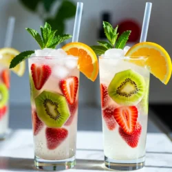 - 2 cups fresh strawberries, hulled and sliced - 2 ripe kiwis, peeled and sliced - 1 orange, thinly sliced - 1 lemon, thinly sliced Using fresh fruit makes your sangria bright and tasty. Strawberries offer sweetness and color. Kiwis add a unique tang. The orange and lemon slices bring a zesty kick. Together, they create a fruity explosion in every sip. - 4 cups sparkling water (or substitute with lemon-lime soda for a sweeter option) - 1/4 cup honey or agave syrup (adjust according to your preferred sweetness level) For the base, I love using sparkling water. It adds a fun fizz. If you want more sweetness, try lemon-lime soda. Honey or agave syrup sweetens the mix. Adjust the amount to fit your taste. - 1 tablespoon fresh mint leaves, finely chopped - Ice cubes Garnishes add flair to your drink. Fresh mint leaves bring a nice aroma. Ice cubes keep your sangria cool and refreshing. Use clear glasses to show off the colorful fruit. Each sip will feel like summer! {{ingredient_image_2}} Start by gathering your ingredients. You need fresh strawberries, kiwis, oranges, and lemons. Slice the strawberries and kiwis into thin rounds. For the oranges and lemons, slice them thinly as well. Arrange all the fruit in a large pitcher. Make it look nice. This step makes your sangria look appealing and colorful. Next, take 1/4 cup of honey or agave syrup. Drizzle it over the arranged fruit. Use a large spoon to mix gently. You want all the fruit to be coated with the sweetener. This step helps balance the tartness of the fruit. Let the pitcher sit for about 10 minutes. This time allows the fruit to macerate. You will notice the fruit releasing its juices. This enhances the flavor, making every sip more delicious. Now, it is time to serve. Fill a glass with ice cubes. Then, pour about a quarter of the fruit mixture over the ice. Make sure to include a variety of fruits in each glass. Next, top it off with sparkling water or lemon-lime soda. Fill it right to the rim for a refreshing drink. Stir gently to combine the flavors. Finally, garnish with mint leaves for an aromatic touch. Repeat this process for each glass. Enjoy your strawberry kiwi sangria! You can adjust the sweetness of your Strawberry Kiwi Sangria by changing the amount of honey or agave syrup. Start with a quarter cup. Taste it and see if you want it sweeter. If it&rsquo;s not sweet enough, add a bit more. This way, you control the sweetness just how you like it. Remember, not all fruits are equally sweet, so adjust based on your taste. When serving your sangria, use clear glasses. They make your drink look bright and fun. You can see the vibrant colors of the fruit, which adds to the experience. You can also add a slice of orange or a sprig of mint on the rim. This little touch makes each drink feel special and fancy. To take your sangria to the next level, try adding fresh herbs or spices. Some fresh mint leaves add a cool touch. You can also experiment with basil or even a pinch of cinnamon. These herbs can enhance the flavor and give a nice twist. Just be careful not to overpower the fruit. A little goes a long way! Pro Tips Freshness is Key: Use ripe and fresh fruits for the best flavor and sweetness in your mocktail. Chill Your Ingredients: For an extra refreshing drink, chill your fruits and sparkling water before preparing the mocktail. Experiment with Sweetness: Adjust the honey or agave syrup to your taste; you can also try maple syrup for a unique twist. Add a Splash of Color: Incorporate additional fruits like blueberries or raspberries for a vibrant look and a burst of flavor. {{image_4}} If you want a fun twist, you can turn this drink into a sangria with wine. Use a light white wine or ros&eacute; for a fruity flavor. Mix it with the same fruits and sweeteners. Let it chill to blend the flavors. You can add a splash of brandy for extra warmth. If you prefer a non-alcoholic version, stick with sparkling water or lemon-lime soda. This keeps it light and refreshing. You can mix and match fruits to change the taste. Try adding blueberries, raspberries, or even peaches. Each fruit gives a unique flavor and color. If you want a tart kick, toss in some green apples. For a sweeter touch, add pineapple chunks. The goal is to have fun and make it your own. Use whatever fruits are in season for the best taste. The fizz in your drink can come from many sources. Use sparkling water for a clean taste. Lemon-lime soda adds sweetness and a citrus punch. You can also try club soda or ginger ale for a spicy twist. Each option brings its own flair. Just remember to adjust the sweetness based on what you choose. Play around with the flavors to find your perfect balance. To store any leftover sangria, pour it into a clean, airtight container. This method keeps the fruit and fizz fresh. Place the container in the fridge. Avoid letting it sit out too long to maintain flavor and freshness. The sangria mixture lasts about 2-3 days in the fridge. After that, the fruit will start to wilt. The flavors may also fade, making it less enjoyable. Always check for freshness before serving leftovers. You can make this sangria a few hours ahead of time. Prepare the fruit and sweetener, then store it in the fridge. Just add the sparkling water right before serving. This keeps the fizz bubbly and fresh. To make your sangria sweeter, add more honey or agave syrup. Start with a little, then taste. This lets you control how sweet it gets. You can also use lemon-lime soda instead of sparkling water. The soda brings extra sweetness and fun fizz. Remember, sweetness is all about your taste. Yes, you can use frozen fruits. They are easy to find and last longer. Frozen fruits keep your drink cold without using ice. The downside is they may not look as fresh. They can also water down the drink as they thaw. If you use frozen, let them thaw a bit first. This helps them mix well with the other fruits. I recommend clear glasses for serving. They show off the bright colors of the fruit. You can also use tall glasses for a classic look. A sprig of mint on the rim adds charm. A slice of orange can make it even prettier. The right glass makes your sangria feel special and inviting. Sangria is simple to make and fun to share. You can use fresh fruits like strawberries or lemons to make it tasty. Adjust the sweetness with honey or agave syrup. Remember to let the mix rest for the best flavors. Clear glasses make it look special. You can even try different fruits or sparkling drinks. Store leftovers in the fridge, and enjoy your sangria later. Follow these tips for a delightful drink every time. Your guests will be impressed with your sangria skills!