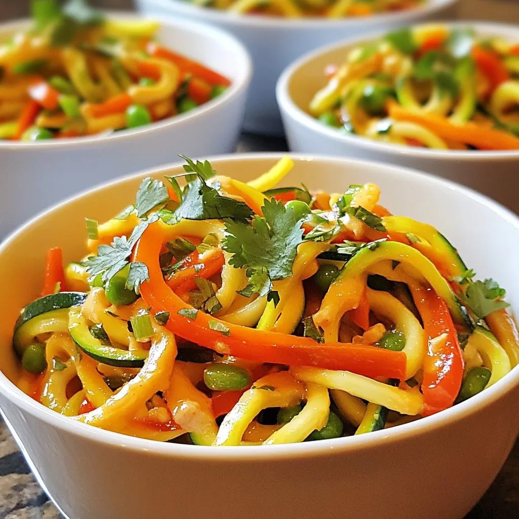 - 4 medium zucchinis, spiralized into noodles (zoodles) - 1 cup red bell pepper, thinly sliced - 1 cup snap peas, trimmed - 1 cup carrots, julienned - 1/4 cup green onions, finely sliced - 1/4 cup fresh cilantro, chopped (for garnish) You will love how fresh and colorful these ingredients are. Zoodles make a great base. They soak up the sauce well. The sweet and crunchy red bell pepper adds great texture. Snap peas bring a nice pop of sweetness. Carrots add a lovely crunch and color. Green onions and cilantro make the dish bright and fresh. - 1/3 cup creamy peanut butter - 2 tablespoons soy sauce (or tamari for a gluten-free option) - 2 tablespoons freshly squeezed lime juice - 1 tablespoon honey or maple syrup - 1 tablespoon sriracha (adjust based on your heat preference) - 2 teaspoons sesame oil - 1 tablespoon water (add more for desired sauce consistency) The spicy peanut sauce is what makes this dish shine. Creamy peanut butter gives it a rich base. Soy sauce or tamari adds a salty kick. Lime juice brings a zesty note. Honey or maple syrup balances the heat. Sriracha gives it the spice you crave. Sesame oil adds depth to the sauce. You can control how thick or thin the sauce is by adding water. {{ingredient_image_2}} To start, gather your sauce ingredients. In a medium bowl, mix: - 1/3 cup creamy peanut butter - 2 tablespoons soy sauce - 2 tablespoons fresh lime juice - 1 tablespoon honey or maple syrup - 1 tablespoon sriracha - 2 teaspoons sesame oil - 1 tablespoon water Whisk these items together until smooth. If the sauce is too thick, add more water. Taste it and adjust the sriracha for heat. Set this sauce aside. Heat a large skillet over medium heat. Add the sliced red bell pepper and snap peas. Cook for about 2-3 minutes, stirring often. You want them tender but still crisp. Now, gently add the spiralized zucchini noodles to the skillet. Cook for another 2-3 minutes. Toss them with tongs or a spatula. You want them warm but not mushy. Once the zoodles are warm, take the skillet off the heat. Pour the spicy peanut sauce over everything. Toss gently until the zoodles and veggies are well-coated with the sauce. Before serving, sprinkle sliced green onions and chopped cilantro on top. This adds freshness and color. For presentation, serve the zoodles in wide bowls. Drizzle extra sauce on top, if you like. Add lime wedges for a zesty squeeze and more cilantro for flair. To make great zoodles, use fresh zucchinis. Look for firm ones with smooth skin. Cut off the ends before spiralizing. If you don’t have a spiralizer, a vegetable peeler works too. Just slice thin strips to mimic noodles. To prevent mushy zoodles, don’t overcook them. Heat them just until warm. Aim for about 2 to 3 minutes in the skillet. Also, try to add them at the end of cooking. This keeps them crisp and fresh. You might want to change the heat level in your sauce. Sriracha gives a nice kick! Start with one tablespoon, then taste it. Add more if you like it spicier. If you need swaps, you can use almond butter instead of peanut butter. You can also try coconut aminos instead of soy sauce for a lighter flavor. For extra crunch, add peanuts or cashews to your dish. Just sprinkle on top before serving. They give a nice texture contrast. You can also add lime zest for a burst of fresh flavor. Grate the zest over the dish right before serving. It brightens up the taste and adds a nice aroma. Pro Tips Choose Fresh Zucchini: Look for firm, bright green zucchinis without soft spots or blemishes. Fresh zucchinis will give your zoodles the best texture and flavor. Adjust Heat Level: The spice level can be tailored to your preference by varying the amount of sriracha in the peanut sauce. Start with less and add more until you achieve your desired heat. Don’t Overcook Zoodles: Zucchini noodles cook quickly and can become mushy if overcooked. Aim for a cooking time of just 2-3 minutes to keep them al dente. Garnish Generously: Fresh herbs like cilantro and green onions not only add flavor but also enhance the presentation. Don’t hesitate to add more for a vibrant look. {{image_4}} You can easily add protein to your Spicy Thai Peanut Zoodles. Chicken, tofu, or shrimp all work well. For chicken, use boneless pieces. Cook the chicken in the skillet until golden brown. For tofu, press it to remove moisture. Then cube it and sauté until crisp. Shrimp cooks fast; add it to the skillet for just a few minutes until pink and firm. To make this dish fully vegan, swap honey for maple syrup. Use tamari instead of soy sauce to keep it gluten-free. Check your peanut butter too; some brands add sugar and oils. Always read labels to ensure they meet your diet needs. Feel free to mix in other veggies like broccoli or bell peppers. They add color and nutrition. If you want seasonal flair, use veggies that are fresh. In spring, try asparagus or snap peas. In fall, add cubed butternut squash for a sweet twist. Each variation gives your dish a new taste and look! To keep your spicy Thai peanut zoodles fresh, store them in the fridge. Use airtight containers to prevent moisture loss. This keeps the zoodles crisp and tasty. Aim to eat leftovers within three days for the best flavor. When you reheat zoodles, keep the texture in mind. Microwaving works, but use a low power setting. This helps avoid mushiness. If you prefer the stovetop, heat a skillet over medium-low. Add a splash of water and toss the zoodles gently. This warms them without cooking them too much. You can freeze zoodles, but they may lose some crunch. To freeze, spiralize the zucchini and place them in freezer bags. Remove as much air as you can. Use them within three months for best taste. When ready to use, thaw in the fridge overnight before cooking. You can make zoodles without a spiralizer. Here are some methods: - Vegetable Peeler: Use a peeler to create thin strips of zucchini. - Box Grater: Grate the zucchini using the large holes. - Knife: Cut the zucchini into thin, long strips with a sharp knife. These methods work well and give you a similar noodle-like shape. Yes, you can make the spicy peanut sauce ahead of time. Here are some storage tips: - Refrigeration: Store the sauce in an airtight container. - Duration: It stays fresh in the fridge for about one week. - Freezing: You can freeze it for up to three months. Just thaw it before using. This makes meal prep easier and saves time when you cook. Yes, zoodles are generally healthier than regular pasta. Here’s a quick breakdown: - Calories: Zoodles have fewer calories than traditional pasta. - Carbs: They contain less carbohydrates, which is good for low-carb diets. - Nutrients: Zucchini has vitamins and minerals that pasta lacks. Switching to zoodles can be a smart choice for your health. To make the dish less spicy, try these tips: - Reduce Sriracha: Use less sriracha in the sauce. - Add Coconut Milk: Mix in coconut milk to cool it down. - Serve with Yogurt: Add a dollop of yogurt on top for creaminess. These options help tone down the heat while keeping flavor. Here are some great side dish ideas to serve with zoodles: - Spring Rolls: Fresh spring rolls add a nice crunch. - Edamame: Steamed edamame is a protein-rich option. - Thai Salad: A light Thai salad complements the flavors well. These sides create a complete meal that is both tasty and filling. In this blog post, we covered how to make delicious Spicy Thai Peanut Zoodles. We explored key ingredients like zucchini noodles and the perfect spicy peanut sauce. You learned step-by-step instructions for cooking zoodles and sautéing veggies to get optimal crispness. There are also tips for customizing your dish, storing leftovers, and addressing common questions. Prepare to enjoy a satisfying meal that's healthy and full of flavor. Don't be afraid to experiment and make this dish your own!