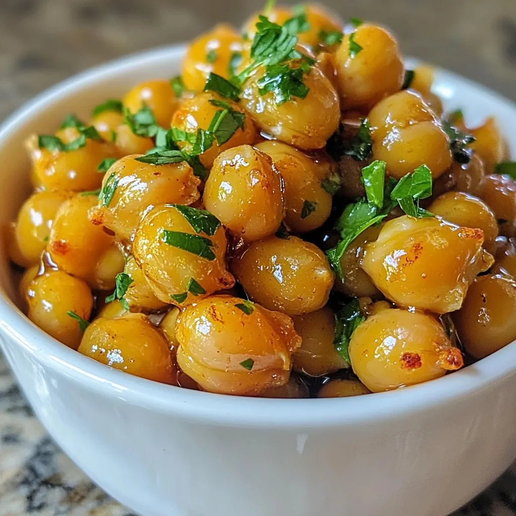 - 1 can (15 oz) chickpeas, drained and rinsed - 3 tablespoons honey - 2 tablespoons extra-virgin olive oil - 2 cloves of garlic, finely minced - 1 teaspoon smoked paprika - ½ teaspoon fine sea salt - ¼ teaspoon freshly ground black pepper - Fresh parsley, finely chopped (for garnish) You can spice up your honey garlic roasted chickpeas by adding: - ½ teaspoon chili powder for heat - 1 teaspoon lemon juice for brightness - 1 teaspoon cumin or coriander for a deeper flavor When choosing chickpeas, look for these tips: - Select canned chickpeas with no added salt or preservatives. - Check for a good expiration date to ensure freshness. - If you prefer dried chickpeas, soak them overnight for better texture. - Choose organic chickpeas if you want to avoid pesticides. Quality chickpeas make a big difference in taste and texture. Enjoy your cooking! {{ingredient_image_2}} First, set your oven to 400°F (200°C). This heat helps cook the chickpeas evenly. Next, grab a baking sheet and line it with parchment paper. This step keeps the chickpeas from sticking and makes cleanup easy. Open a can of chickpeas, then drain and rinse them well. Water left on the chickpeas can make them soggy. Use a clean kitchen towel or paper towels to dry them completely. Drying is key to getting that perfect crispy texture. In a mixing bowl, add three tablespoons of honey, two tablespoons of olive oil, and two minced garlic cloves. Then, sprinkle in one teaspoon of smoked paprika, half a teaspoon of fine sea salt, and a quarter teaspoon of black pepper. Whisk everything together until it blends well. This mixture gives the chickpeas sweet and savory flavors. Pour the honey garlic mixture over the dried chickpeas. Gently toss the chickpeas in the bowl until they are fully coated. This ensures every chickpea gets that delicious flavor. Once coated, spread the chickpeas in a single layer on the prepared baking sheet. Make sure they are not crowded, so they roast evenly. Place the baking sheet in the oven and roast the chickpeas for 25 to 30 minutes. Halfway through, shake the pan gently. This helps the chickpeas cook evenly. When done, they should be golden brown and crispy. Remove the baking sheet and let the chickpeas cool for a few minutes. They will crisp up even more as they cool. Before serving, add a sprinkle of finely chopped fresh parsley on top. This adds color and freshness. For a beautiful presentation, serve the chickpeas in a rustic bowl. Drizzle a little honey over them for added sweetness. Enjoy this tasty snack on its own or as a crunchy topping on salads! To get your chickpeas super crispy, start with dry ones. After rinsing, use a towel to pat them dry. The less moisture, the better! Spread them out on the baking sheet. Give them enough room to roast well. Don't forget to shake the pan halfway through cooking. This helps every side get that golden crunch. One big mistake is not drying the chickpeas enough. They need to be really dry before you coat them. Another mistake is overcrowding the baking sheet. If they are too close, they will steam instead of roast. Lastly, keep an eye on the cooking time. Overcooked chickpeas can become hard and lose their flavor. Honey garlic roasted chickpeas are great on their own. You can also add them to salads or grain bowls. They add a nice crunch and flavor boost. Try pairing them with yogurt or hummus for dipping. For a fresh touch, sprinkle some extra parsley on top before serving. They make a perfect snack for any time! Pro Tips Dry Chickpeas Thoroughly: Ensuring the chickpeas are completely dry before coating them will help achieve maximum crispiness during roasting. Adjust Spice Level: Feel free to modify the amount of smoked paprika or add a pinch of cayenne pepper for an extra kick if you like heat. Use Fresh Garlic: Freshly minced garlic will impart a more robust flavor compared to pre-minced garlic, enhancing the overall taste of your roasted chickpeas. Storage Tips: Store any leftovers in an airtight container at room temperature for up to two days for optimal crunchiness. {{image_4}} You can swap honey for other sweeteners. Maple syrup offers a rich flavor. Agave nectar is also a great choice. For a sugar-free option, use stevia or erythritol. Each sweetener gives a unique taste, so feel free to experiment. If you enjoy heat, add spices like cayenne pepper or chili powder. You can also sprinkle some cumin for an earthy note. Try a dash of red pepper flakes for a kick. Mixing in these spices gives your chickpeas an exciting twist. Honey garlic roasted chickpeas work well in many dishes. Toss them in a salad for crunch and flavor. You can also mix them into grain bowls for added protein. Serve them as a snack on their own, or blend with nuts for a trail mix. They make a tasty topping for soups, too! After enjoying your honey garlic roasted chickpeas, store any leftovers in an airtight container. This step keeps them fresh and flavorful. Make sure to let them cool completely before sealing. Storing them while hot can create steam, making them soggy. To reheat your chickpeas, use an oven or an air fryer. Preheat the oven to 350°F (175°C). Spread the chickpeas on a baking sheet in a single layer. Heat them for about 10 minutes or until warm and crispy again. Avoid using a microwave, as it can make them soft. Honey garlic roasted chickpeas last for about 3 to 5 days in the fridge. If you want to store them for longer, consider freezing. Place the cooled chickpeas in a freezer bag. Remove as much air as possible before sealing. They can stay fresh for up to 3 months. When ready to enjoy, thaw them in the fridge overnight before reheating. To make Honey Garlic Roasted Chickpeas, start by preheating your oven to 400°F (200°C). Line a baking sheet with parchment paper. Drain and rinse one can of chickpeas. Dry them well using a kitchen towel. In a bowl, mix three tablespoons of honey, two tablespoons of olive oil, minced garlic, smoked paprika, salt, and pepper. Toss the chickpeas in this mixture until coated. Spread them on the baking sheet in a single layer. Roast for 25-30 minutes, shaking the pan halfway through. Cool them slightly and enjoy! Yes, you can use dried chickpeas. However, they need to be cooked first. Soak them overnight in water. Then, boil them until tender. Drain, rinse, and dry them well. Follow the same steps to coat and roast them as you would with canned chickpeas. For a vegan option, use maple syrup or agave nectar. Both sweeteners work well and keep the same great taste. Adjust the amount to your liking. You can also try using brown rice syrup for a milder flavor. Roasted chickpeas stay fresh for about three to five days. Store them in an airtight container at room temperature. For the best crunch, eat them within the first few days. If they lose their crispness, you can re-crisp them in the oven for a few minutes. You now know how to make tasty Honey Garlic Roasted Chickpeas. We covered ingredients, detailed steps, helpful tips, and even fun variations. Remember, choosing high-quality chickpeas makes a big difference. You can mix flavors to suit your taste. Store leftovers properly for later enjoyment. This dish fits well in meals or as a snack. Enjoy experimenting and sharing your delicious creations!