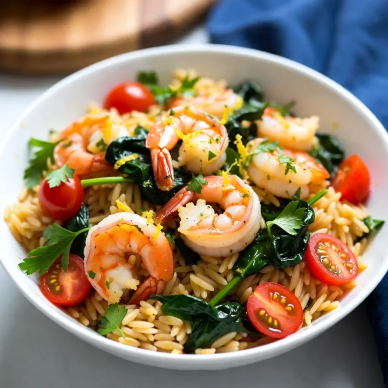 - 1 cup orzo pasta - 1 pound shrimp, peeled and deveined - 3 tablespoons olive oil - 4 cloves garlic, minced - Juice and zest of 1 medium lemon - 1 cup cherry tomatoes, halved - 1 cup fresh spinach, roughly chopped - 1 teaspoon red pepper flakes (optional) - Salt and freshly cracked black pepper to taste - Fresh parsley, chopped for garnish When cooking, accurate measurements matter. Here’s how to ensure you get them right: - Orzo Pasta: Use a measuring cup for precision. - Shrimp: One pound is about 30 medium shrimp. - Olive Oil: Use a tablespoon for each measure. - Garlic: One clove equals about 1 teaspoon minced. - Lemon: Juice one lemon for about 3 tablespoons of juice. - Tomatoes and Spinach: Use a standard measuring cup for both. - Red Pepper Flakes: A teaspoon gives just a hint of heat. - Salt and Pepper: Add to taste; start with a pinch and adjust. - Parsley: Chop finely for garnish, about 2 tablespoons. If you don’t have an ingredient, here are some swaps: - Orzo: Try quinoa or rice for a gluten-free option. - Shrimp: Use chicken or tofu for a different protein. - Olive Oil: Avocado oil is a great alternative. - Garlic: Garlic powder can work in a pinch; use 1/8 teaspoon per clove. - Lemon: Lime juice adds a nice twist. - Cherry Tomatoes: Any diced tomato will work. - Spinach: Kale or arugula can substitute well. - Red Pepper Flakes: Use jalapeño or sriracha for heat. - Parsley: Basil or cilantro can add fresh flavor as well. These ingredients make this dish shine. Each adds unique flavors and textures. Enjoy experimenting with these options! {{ingredient_image_2}} Start by boiling water in a medium saucepan. Once it boils, add 1 cup of orzo pasta. Cook it according to the package's directions until it is al dente. This takes about 8 to 10 minutes. After cooking, drain the orzo but keep a small cup of pasta water. Set the orzo aside for later. Next, take a large skillet and heat 2 tablespoons of olive oil over medium heat. Add 4 minced garlic cloves to the pan. Sauté the garlic for about 1 minute. Stir it often to keep it from burning. If garlic burns, it can make your dish taste bitter. Now, increase the heat to medium-high. Add 1 pound of peeled and deveined shrimp to the skillet. Cook the shrimp for 2 to 3 minutes on each side. You want them to turn pink and become opaque. This quick cooking helps keep them juicy and tender. After cooking the shrimp, stir in 1 cup of halved cherry tomatoes and 1 cup of roughly chopped spinach. Gently toss them in the skillet. Cook for an additional 2 to 3 minutes. You want the spinach to wilt and the tomatoes to soften. Next, pour in the juice and zest of 1 medium lemon. Mix everything together well. If the mixture looks too dry, add a splash of the reserved pasta water. This will create a nice, saucy texture for your dish. Now, add the drained orzo to the skillet. Also, pour in the last tablespoon of olive oil. If you like a bit of spice, add in 1 teaspoon of red pepper flakes at this point. Stir everything until it's evenly combined. Taste your dish and season it with salt and freshly cracked black pepper. Adjust the seasoning to make sure each bite is full of flavor. Finally, remove the skillet from heat. Garnish your dish with fresh chopped parsley for a pop of color and added flavor. Serve it in shallow bowls to show off the vibrant colors. Enjoy your Lemon Garlic Shrimp Orzo! To cook shrimp well, focus on time. Shrimp cook fast. Heat a skillet and add shrimp. Cook them for only 2-3 minutes on each side. They should turn pink and opaque. This quick method keeps shrimp juicy. If you cook too long, they can become tough. Always check for that lovely pink color. Garlic adds flavor, but it can burn. To avoid this, heat the oil first. After the oil is hot, add minced garlic. Stir it for about one minute. Watch closely! When it smells good, it’s done. If it turns brown, it can taste bitter. Keep that garlic light and fragrant for the best taste. Fresh ingredients make a big difference. Use fresh lemon juice and zest for brightness. Fresh spinach adds color and nutrition. Cherry tomatoes bring sweetness and juiciness. These simple, fresh elements boost flavor. Always choose high-quality ingredients. They elevate your dish to a new level. A beautiful dish is more inviting. Serve your orzo in shallow bowls. This lets the colors shine. Add extra lemon wedges on the side. A sprinkle of fresh parsley also adds a nice touch. This makes the meal look fresh and bright. A good presentation makes food more enjoyable. Pro Tips Fresh Ingredients: Always use fresh shrimp and seasonal vegetables for the best flavor and texture in your dish. Cooking Shrimp: Be careful not to overcook the shrimp; they should be just pink and opaque to remain tender and juicy. Adjusting Consistency: If the dish feels too dry, gradually add reserved pasta water until you reach your desired sauciness. Flavor Enhancements: Add a splash of white wine or a teaspoon of capers for an extra layer of flavor. {{image_4}} You can switch up the vegetables in this dish. Try adding zucchini, bell peppers, or asparagus. These veggies add great taste and color. Just chop them up and toss them in with the shrimp. You can use fresh or frozen vegetables. If you want more crunch, add them earlier when cooking the shrimp. While shrimp is delicious, you can try other proteins too. Chicken or scallops work well in this recipe. For chicken, cut it into small pieces and cook until golden. For scallops, sear them for a few minutes on each side. Both options will give you a tasty meal. You can also use plant-based proteins like tofu or chickpeas for a vegetarian twist. If you enjoy creamy dishes, adding a bit of cream or cheese can change the game. Stir in some heavy cream or cream cheese after adding the lemon. This will create a rich, smooth sauce. For a cheesy touch, sprinkle in some grated Parmesan cheese at the end. This variation adds a delightful texture and makes the dish even more comforting. To store leftover Lemon Garlic Shrimp Orzo, place it in an airtight container. Keep it in the fridge for up to three days. Make sure it cools down before sealing. This helps maintain its flavor and texture. When you want to eat it again, check for any off smells or changes in color. You can freeze this dish for longer storage. First, let it cool completely. Then, transfer it to a freezer-safe container or bag. Squeeze out as much air as possible to avoid freezer burn. It can last up to three months in the freezer. When you’re ready to enjoy it, thaw it in the fridge overnight. Reheat the orzo gently to keep it tasty. Use the microwave or a skillet. If using the microwave, heat in short bursts, stirring in between. For the skillet, add a splash of water or broth to keep it moist. Heat until hot, but do not overcook. This will help keep the shrimp tender. Enjoy your meal just like the first time! Yes, you can use frozen shrimp. Just thaw them first. To thaw, leave them in the fridge overnight or run them under cold water for a few minutes. This keeps the shrimp tender and tasty. If you don’t have orzo, try other small pasta types. You can use ditalini, couscous, or even rice. Each option brings its own fun texture to the dish. Orzo is not gluten-free, as it is made from wheat. For a gluten-free version, use gluten-free pasta. Just check the package for cooking times since they can vary. To add heat, mix in red pepper flakes. You can also use chopped jalapeños or cayenne pepper. Start with a small amount and taste as you go to find your perfect spice level. Yes, you can prep this dish in advance. Cook the orzo and shrimp separately, then store them in the fridge. When ready to eat, just heat and combine them with the veggies and lemon. This blog post covered all you need for a tasty orzo dish. We explored ingredients, measurements, and smart substitutions so you can cook with ease. The step-by-step instructions helped you master cooking techniques, like sautéing and mixing in fresh flavors. Tips and tricks ensure your shrimp is perfect every time. Don’t forget the fun variations and reliable storage info. With these insights, you can create a delicious meal that impresses. Enjoy cooking and experimenting with your new skills!
