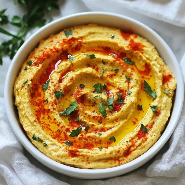 To make roasted red pepper hummus, you need a few simple items. Here’s your list: - 1 can (15 oz) chickpeas, thoroughly drained and rinsed - 1 large roasted red pepper (either homemade or store-bought) - 2 tablespoons tahini (sesame paste) - 2 tablespoons extra virgin olive oil, plus more for drizzling - 2 tablespoons freshly squeezed lemon juice - 1 clove garlic, finely minced - 1/2 teaspoon ground cumin for warmth - Sea salt and freshly cracked black pepper to taste - Water, as needed for achieving the perfect consistency These ingredients work together to create a rich and creamy dip that is packed with flavor. You can make your hummus even better with some fun toppings. Here are a few ideas: - Drizzle extra virgin olive oil on top for richness. - Sprinkle smoked paprika for a smoky touch. - Add fresh parsley for a pop of color. You can serve this hummus with warm pita bread or crunchy vegetable sticks. It also fits well in a mezze platter with olives and feta cheese. Enjoy it at parties or as a snack! If you can’t find some ingredients, no worries. Here are some good swaps: - Use sunflower seed butter instead of tahini for a nut-free option. - If you don’t have roasted red peppers, you can roast your own or use jarred ones. - Lemon juice can be replaced with lime juice if that’s what you have. These swaps still keep your hummus tasty and enjoyable! {{ingredient_image_2}} Start by gathering your ingredients. You will need: - 1 can (15 oz) chickpeas, drained and rinsed - 1 large roasted red pepper - 2 tablespoons tahini - 2 tablespoons extra virgin olive oil - 2 tablespoons lemon juice - 1 clove garlic, minced - 1/2 teaspoon ground cumin - Sea salt and black pepper to taste - Water, to adjust the texture - Smoked paprika and parsley, for garnish Once you have everything ready, you can begin. The roasted red pepper adds a nice sweet flavor. You can use store-bought or homemade peppers. Place the chickpeas in the bowl of a food processor. Add the roasted red pepper, tahini, olive oil, lemon juice, minced garlic, and cumin. Secure the lid tightly. Blend on high speed until the mixture is smooth. Stop every so often to scrape the bowl. This helps blend all the ingredients well. If the hummus feels too thick, add water one tablespoon at a time. Blend after each addition until you reach a nice, creamy texture. Next, taste your hummus. Season it with sea salt and freshly cracked black pepper. Adjust the flavors until you are happy with the taste. Transfer the hummus to a serving bowl. For a lovely touch, drizzle extra olive oil on top. Sprinkle smoked paprika and chopped parsley for garnish if you like. Enjoy your delicious roasted red pepper hummus! Roasting your own red peppers is easy and fun. First, preheat your oven to 450°F (230°C). Next, wash the peppers and place them on a baking sheet. Roast them for about 25-30 minutes, turning them halfway. When the skin is charred and blistered, take them out. Place the hot peppers in a bowl and cover with plastic wrap. This helps steam them and makes peeling easy. After ten minutes, peel the skin off and remove the seeds. Now, you have fresh roasted red peppers! You can make your hummus even better with some add-ins. Try adding a pinch of cayenne for heat or a dash of smoked paprika for depth. Fresh herbs like basil or cilantro can brighten the dip. You can also mix in sun-dried tomatoes for a tangy twist. These add-ins will make your roasted red pepper hummus unique and exciting. Don’t be afraid to experiment and find your favorite combo! A smooth texture is key for great hummus. Start by blending the chickpeas and roasted peppers until they break down. If your hummus is too thick, add water slowly. Blend well after each addition until it’s creamy. Scraping down the sides helps mix everything fully. If it’s still not smooth, blend a bit longer. The right consistency makes the dip easy to scoop and perfect for sharing! Pro Tips Use Fresh Ingredients: For the best flavor, opt for fresh lemons and high-quality tahini. Fresh ingredients enhance the overall taste of your hummus. Adjust the Consistency: If you're looking for a creamier hummus, don't hesitate to add more water or olive oil slowly until you achieve your desired texture. Experiment with Spices: Feel free to add other spices like smoked paprika or cayenne pepper for a little kick or additional flavor depth. Chill Before Serving: For the best taste, let your hummus chill in the refrigerator for at least an hour before serving. This allows the flavors to meld beautifully. {{image_4}} You can easily change the flavor of your roasted red pepper hummus. Want some heat? Add a pinch of cayenne or some chopped jalapeños. For a fresh taste, mix in herbs like basil or cilantro. Try rosemary for a warm, earthy flavor. Each addition gives a new twist to your dip. Chickpeas are great, but you can switch them out. White beans, like cannellini or navy beans, work well too. They provide a creamy texture and mild flavor. Black beans can offer a fun color and a rich taste. Each type of bean brings its unique flair to your hummus. This hummus is already vegan and gluten-free. You can enjoy it without worry! If you want a nutty twist, try adding sunflower seed butter instead of tahini. This keeps it nut-free while still tasting amazing. Always check labels on any store-bought ingredients to ensure they fit your diet. To keep your roasted red pepper hummus fresh, use an airtight container. This helps block air and keeps flavors strong. Store it in the fridge right after making it. Always scoop out what you need with a clean spoon. This keeps bacteria out and ensures safety. When stored properly, your hummus can last up to one week in the fridge. Check for any signs of spoilage, like an off smell or mold. If it looks and smells fine, it’s still good to eat. You can freeze hummus for longer storage. Place it in an airtight container, leaving some space for expansion. Hummus can freeze for up to three months. To thaw, move it from the freezer to the fridge overnight. Stir it well before serving to regain its smooth texture. If it seems dry, add a little water or olive oil. You can serve roasted red pepper hummus in many tasty ways. I love to pair it with warm pita bread. Crisp veggies like carrots and cucumbers also work well. You can use it as a dip or spread. Another fun idea is to include it on a mezze platter. Add olives, feta cheese, and other dips for a feast. This makes it great for sharing at parties or gatherings. Drizzling olive oil on top adds an extra touch. Sprinkle some smoked paprika or fresh parsley for color. You get a dip that looks as good as it tastes! Yes, you can make hummus without tahini! If you don't have it, simply skip it. You can still get great flavor from the roasted red pepper and garlic. Try adding a bit more olive oil to make up for the creaminess. You could also use yogurt as a substitute for tahini. This will give your hummus a nice texture. It may taste a bit different, but it will still be delicious. Feel free to experiment and find what you like best! Hummus is not just tasty; it is also very healthy! It is high in protein and fiber, thanks to chickpeas. This helps keep you full and satisfied. Hummus contains healthy fats from olive oil and tahini. These fats are good for your heart. The garlic in hummus has great health benefits too, like boosting your immune system. Plus, hummus is low in calories, making it a smart snack option. You can enjoy it guilt-free while getting important nutrients. You can create delicious roasted red pepper hummus by using simple key ingredients. Remember to prepare, blend, and adjust for taste. Use tips for roasting peppers and adding flavors for extra kick. Don't forget about variations, storage, and serving ideas. The right choices can make your hummus unique. Enjoy making it your way! This dish offers great taste and health benefits, so have fun experimenting with each batch.