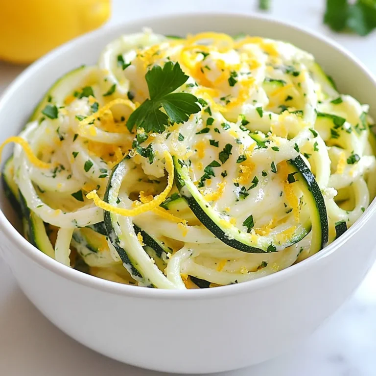 - 4 medium zucchini, spiralized - 3 cloves garlic, minced - 1 cup cauliflower, steamed - 1 cup vegetable broth - 1/4 cup nutritional yeast - Juice and zest of 1 fresh lemon - 1 tablespoon olive oil - Salt and pepper to taste - Fresh parsley, chopped for garnish In this recipe, the main ingredients shine. Zucchini becomes your zoodles, which are a healthy pasta swap. Garlic brings that warm, fragrant note. Cauliflower adds creaminess without dairy. Vegetable broth enhances the flavor base. Nutritional yeast gives that cheesy taste. Fresh lemon juice and zest brighten the dish. For seasonings, olive oil helps sauté and adds richness. Salt and pepper balance the flavors. Fresh parsley not only looks good but adds freshness. Each ingredient plays a role in making this dish a flavorful and healthy meal. {{ingredient_image_2}} - Spiralizing the zucchini: Start by spiralizing the zucchini into zoodles. Use a spiralizer for neat, long strands. If you don't have one, a vegetable peeler works too. Just peel thin strips until you reach the center. Set these zoodles aside for later. - Sautéing garlic in olive oil: In a large skillet, heat one tablespoon of olive oil over medium heat. Add three finely minced garlic cloves. Sauté for one to two minutes. Stir often and watch closely so the garlic doesn’t brown. - Cooking cauliflower and broth mixture: Next, add one cup of steamed cauliflower florets to the skillet. Pour in one cup of vegetable broth. Bring this mix to a gentle simmer. Let it cook for about five minutes until the cauliflower warms through. - Blending until creamy: Remove the skillet from the heat. Use an immersion blender to blend the mixture until it is smooth and creamy. No immersion blender? Carefully transfer to a regular blender. Blend and return it to the skillet. - Tossing zoodles in the skillet: Using the same skillet, add the zoodles. Toss them gently in the residual heat for two to three minutes. Cook until they are just tender yet still have a bit of bite. - Coating zoodles with Alfredo sauce: Pour the creamy lemon garlic Alfredo sauce over the zoodles. Toss gently to coat all the noodles. Heat through for one to two minutes. This ensures everything is warm and combined perfectly. To make great zoodles, start by avoiding excess moisture. After spiralizing the zucchini, place them on a paper towel. Let them sit for a few minutes to soak up the water. This step helps keep your dish from getting watery. Cook the zoodles for only 2-3 minutes. You want them tender but still firm. This keeps the texture nice and prevents them from being mushy. You can adjust the lemon and garlic to your taste. If you love lemon, add more juice and zest. For garlic lovers, feel free to increase the cloves. Fresh herbs work best for flavor, but dried herbs are fine too. If using dried herbs, remember to use less, as they are more potent. Fresh parsley adds brightness and color. Don't skip this garnish! An immersion blender is great for this sauce. It makes blending easy and keeps your cleanup simple. If you don’t have one, a regular blender works fine. Just be careful when transferring hot liquids. Blend until smooth for a creamy consistency. If the sauce seems too thick, add a little vegetable broth to thin it out. This keeps the sauce saucy and delicious. Pro Tips Use Fresh Zucchini: Choose firm, fresh zucchini for the best texture and flavor in your zoodles. Adjust Creaminess: For a creamier sauce, add more steamed cauliflower or a splash of coconut milk to the blend. Season to Taste: Always taste your sauce before serving and adjust the seasoning with more lemon juice or salt as needed. Garnish Generously: Fresh parsley not only adds color but also enhances the dish's flavor, so don’t skimp on the garnish! {{image_4}} If you need gluten-free options, the zoodles are a great choice. Zucchini noodles fit perfectly for anyone avoiding gluten. For the sauce, you can use coconut cream instead of dairy. It gives a nice creamy texture without milk. To boost protein, consider adding grilled chicken or shrimp. Cook them in the same skillet for added flavor. For a vegan option, try chickpeas or tofu. They soak up the sauce well and add a nice bite. You can mix in more vegetables for extra color and taste. Spinach, bell peppers, or broccoli work well. For seasonal freshness, use veggies like asparagus in spring or squash in fall. This keeps your dish bright and varied. To keep your Lemon Garlic Zoodle Alfredo fresh, follow these tips: - Refrigeration: Store leftovers in an airtight container. They will last up to 3 days. - Freezing: You can freeze the zoodles and sauce separately. Use freezer-safe bags to avoid freezer burn. They can last for up to 2 months. When you reheat, aim to keep the texture nice: - Stovetop Method: Heat on low in a skillet. Stir gently until warmed through. - Microwave Method: Use a microwave-safe bowl. Heat in 30-second bursts, stirring in between. To avoid sogginess, do not overheat. This will help keep the zoodles firm and delicious. Enjoy! Yes, you can make Lemon Garlic Zoodle Alfredo ahead of time. Here are some tips for meal prep and storage: - Prepare the Zoodles: You can spiralize the zucchini and store it in an airtight container in the fridge for up to two days. - Make the Sauce: You can prepare the lemon garlic Alfredo sauce in advance. Store it in a sealed jar in the fridge for up to three days. - Combining: When ready to eat, just warm the sauce and toss it with fresh zoodles. This keeps the zoodles crisp. If you need an alternative for nutritional yeast, try these options: - Grated Parmesan Cheese: This adds a cheesy flavor. Use it if you're not dairy-free. - Cashew Cream: Blend soaked cashews with water for a creamy texture. - Hemp Seeds: They give a nutty taste and boost nutrition. Use them for a vegan option. To tell when zoodles are done, look for these signs: - Color: They should turn a brighter green. - Texture: Zoodles should be tender but still have a bit of bite. - Time: Cook them for about 2-3 minutes in the skillet. If they are too soft, they may become mushy. This blog post explored a tasty zoodle dish. We covered key ingredients, step-by-step cooking, and smart tips. You learned how to make a creamy sauce with garlic and cauliflower. We highlighted easy ways to add flavor and adjust for diet needs. In the end, cooking can be fun and creative. Feel free to try different veggies or proteins for variety. Enjoy your meal while knowing it’s healthy and delicious!