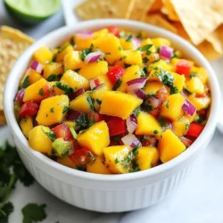 To make a tasty Mango Cilantro Salsa, you need fresh and vibrant ingredients. Here&rsquo;s what you&rsquo;ll need: - Ripe mango - Red bell pepper - Red onion - Jalape&ntilde;o pepper - Fresh cilantro leaves - Lime juice - Honey (optional) - Salt and black pepper Each ingredient plays a key role. The ripe mango adds sweetness and a tropical feel. The red bell pepper gives a nice crunch and bright color. Red onion adds a mild bite, while jalape&ntilde;o brings a touch of heat. Fresh cilantro adds a fragrant note. Lime juice provides zest and balances flavors. If you like it sweet, honey can enhance the taste. Finally, salt and black pepper round out the flavors, making the salsa pop. Gather these ingredients before starting. Freshness is vital for the best flavor. Enjoy the process of preparing this refreshing summer delight! {{ingredient_image_2}} Start by prepping your ingredients. First, peel the mango. Then, cut it into small cubes. This gives a sweet touch to the salsa. Next, take the red bell pepper. Dice it into small pieces for a crunchy texture. Now, finely chop the red onion. This will add a mild flavor. Finally, take the jalape&ntilde;o pepper. Remove the seeds and mince it for just a bit of heat. Now it&rsquo;s time to mix everything. In a large bowl, add the diced mango, bell pepper, onion, and minced jalape&ntilde;o. This colorful mix looks great! Next, gently fold in the chopped cilantro. This herb adds a fresh taste. Squeeze the juice of two limes over the mix. Be careful to catch any seeds. If you like a hint of sweetness, drizzle in honey. This step is optional but can make the salsa pop! Then, mix everything well. To serve, choose a fun and colorful bowl. This makes the salsa more inviting. You can pair it with crispy tortilla chips for a tasty snack. Or, use it as a topping on grilled chicken or fish. For a beautiful touch, garnish with extra cilantro and lime wedges. This adds a bright look and extra flavor to your dish. Enjoy your refreshing salsa! To make your salsa shine, pick ripe mangoes. Look for these signs of ripeness: - Skin turns from green to yellow or red. - The fruit feels slightly soft when you squeeze it. - A sweet aroma comes from the stem. There are many mango varieties. The Ataulfo mango is small and sweet. The Haden mango has bright colors and a rich flavor. Use whichever you like best! You can make this salsa your own! Want more heat? Add extra jalape&ntilde;o or some diced serrano peppers. Like it sweeter? Drizzle in more honey. If you're vegan, skip the honey or swap it with agave syrup. You can also add fruits like pineapple for a twist. Let your salsa sit for at least 15 minutes before serving. This helps the flavors mix. The longer it sits, the better it tastes! Consider adding fresh herbs like mint or basil. A pinch of cumin can also add depth to your salsa. Experiment with flavors to find what you love! Pro Tips Use Ripe Mango: Ensure your mango is perfectly ripe for the best sweetness and flavor. A ripe mango will have a slight give when pressed and a sweet aroma. Customize Heat Level: Adjust the amount of jalape&ntilde;o pepper based on your heat preference. For a milder salsa, remove the seeds and membranes of the jalape&ntilde;o or use less of it. Rest for Flavor: Allowing the salsa to sit for at least 15 minutes before serving enhances the flavors as they meld together beautifully. Add a Twist: Experiment by adding other ingredients, such as diced avocado or black beans, to create a unique variation of this salsa. {{image_4}} You can make Mango Cilantro Salsa even better with fruit. Adding pineapple or peach brings a sweet twist. Both fruits add a juicy bite and extra color. You can also try avocado for a creamy texture. Avocado gives the salsa a rich feel and balances the fruit's sweetness. Do you like it mild or hot? You can adjust the heat to fit your taste. For a mild salsa, skip the jalape&ntilde;o or remove the seeds. If you love heat, keep the seeds in. You can also add spices like cumin. Cumin gives a warm flavor and pairs well with mango. You can serve this salsa in different ways. Use it as a traditional salsa with chips. It makes a bright dip for gatherings. You can also serve it as a salad. Just add greens or beans to make it heartier. This salsa is versatile and can fit any meal! To keep your Mango Cilantro Salsa fresh, store it in an airtight container. Place the container in the fridge right after making the salsa. This helps keep the flavors bright. The salsa will stay fresh for about 3 days. After that, the ingredients may lose their crunch and taste. Can you freeze Mango Cilantro Salsa? Yes, you can freeze it! However, some textures may change. To freeze, place the salsa in a freezer-safe bag. Remove excess air and seal it tightly. Label the bag with the date. You can freeze it for up to 3 months. Thawing and using frozen salsa is easy. Move the salsa to the fridge for a night before using it. If you need it fast, you can thaw it in cold water. Just remember to stir it well before serving. Some ingredients may separate, but the taste will still be great. Yes, you can make Mango Cilantro Salsa ahead of time. I recommend making it within 24 hours of serving. This salsa tastes best fresh, but you can store it in the fridge. Use an airtight container to keep it fresh. Avoid adding salt until right before you serve it. Salt can make the salsa watery if added too early. Mango Cilantro Salsa pairs well with many foods. Here are some great ideas: - Crispy tortilla chips for dipping - Grilled chicken for a fresh topping - Fish tacos for a zesty kick - Pork chops for added flavor - A simple green salad for a vibrant touch Feel free to mix and match! This salsa adds brightness to any dish. Mango Cilantro Salsa is quite healthy! Here are its nutritional benefits: - Mangoes are rich in vitamins A and C. - Red bell peppers add vitamin C and fiber. - Onions have antioxidants that help fight disease. - Cilantro can boost your immune system. - Lime juice adds vitamin C and helps digestion. This salsa is low in calories and full of flavor, making it a great choice! This blog shared a fun and simple recipe for Mango Cilantro Salsa. You learned about the key ingredients like ripe mango, red onion, and lime juice. I also provided step-by-step instructions for preparing and mixing. The tips will help you choose fresh mangoes and customize flavors to your liking. With storage info, you'll know how to keep your salsa fresh. Mango Cilantro Salsa is not only tasty but also healthy. Now, go and enjoy making your own delicious salsa!